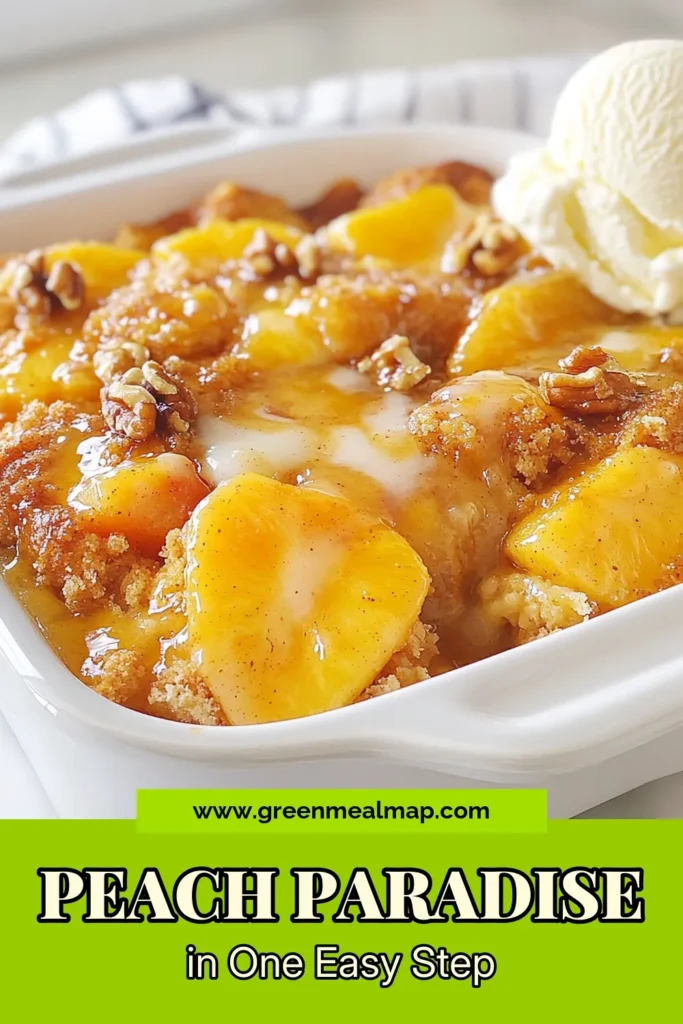 Indulge in the delightful flavors of this easy Peach Dump Cake, a quick dessert recipe perfect for any occasion! This Peach Dump Cake recipe combines juicy peaches, a yellow cake mix, and crunchy nuts for a delicious twist. With just a few ingredients, you can create a mouthwatering peach cake with nuts that will impress your guests. Save this recipe for your next gathering! #PeachDumpCake #EasyPeachDessert #QuickDessertRecipes #PeachCakeWithNuts