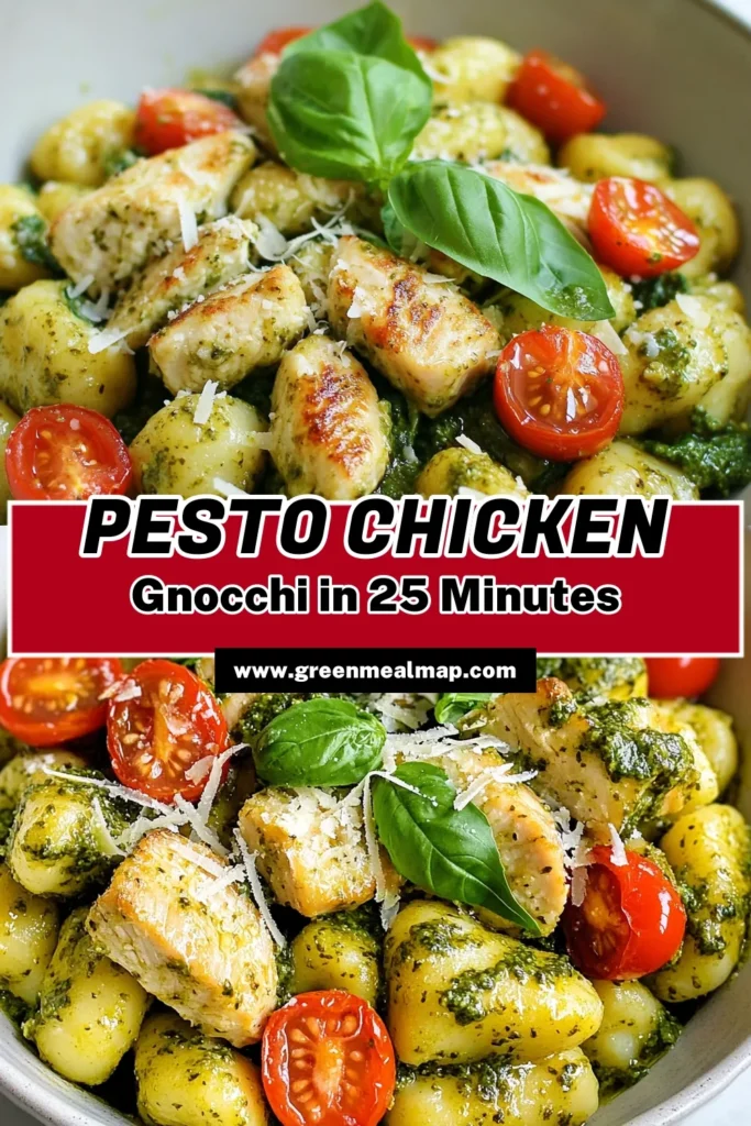 Indulge in this delicious pesto chicken gnocchi recipe for an easy chicken gnocchi dinner that delights! This creamy gnocchi with spinach combines tender chicken, cherry tomatoes, and basil pesto for a quick weeknight dinner recipe your family will love. Get ready to impress with this flavorful basil pesto chicken dish that takes just 25 minutes to prepare! Save this recipe for your next meal! #PestoChickenGnocchi #EasyDinner #QuickRecipes #GnocchiLove
