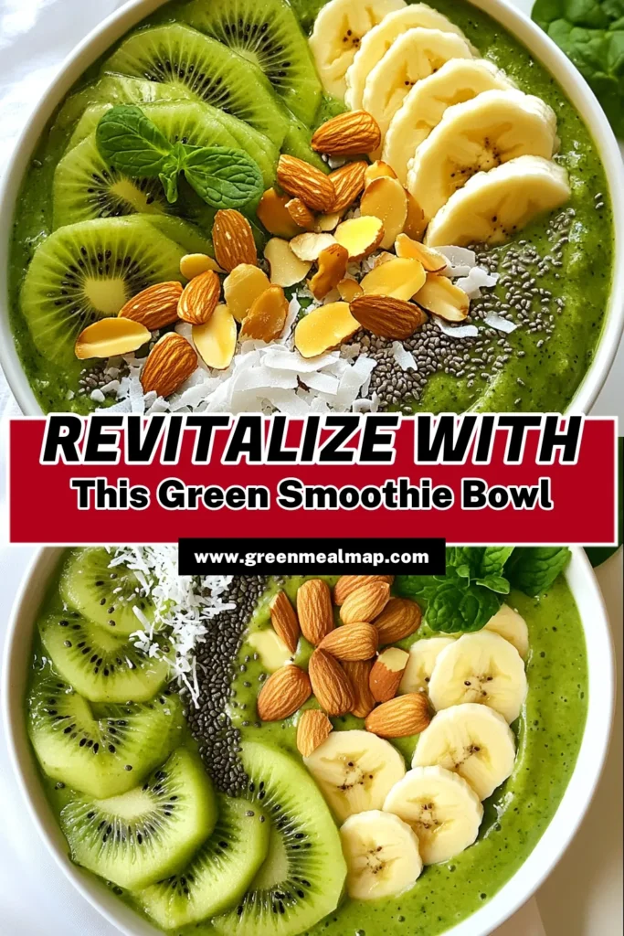 Revitalize your mornings with this delicious Detox Green Smoothie Bowl! Packed with spinach, avocado, and coconut water, this healthy green smoothie recipe not only boosts your energy but also promotes wellness. Enjoy the creamy texture and fresh flavors of this spinach smoothie bowl, topped with kiwi and almonds. Perfect for a quick breakfast! Try this avocado smoothie bowl today and embrace health in a bowl! Save for later! #DetoxSmoothie #HealthyLiving #SmoothieBowl #NutritiousRecipes
