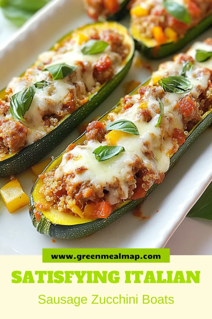 Elevate your dinner with these delicious Italian sausage stuffed zucchini boats! This easy zucchini recipes features hearty Italian sausage and quinoa for a healthy twist. Packed with flavor, this stuffed zucchini boats recipe is perfect for meal prep or a quick weeknight dinner. Save this healthy stuffed zucchini idea for your next family meal! Explore more tasty variations! #ZucchiniBoats #HealthyRecipes #ItalianSausage #MealPrepIdeas