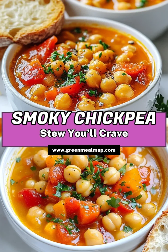 Discover the deliciousness of Smoky Chickpea Stew, a must-try in the world of vegetarian chickpea recipes. This easy chickpea stew is loaded with flavor, making it a healthy vegan stew perfect for any day. Whip up this hearty plant-based meal in just 40 minutes! Enjoy it hot, paired with crusty bread for dipping. Save this recipe to bring warmth and nourishment to your table. Try it today! #ChickpeaStew #VeganRecipes #PlantBased #HealthyEating