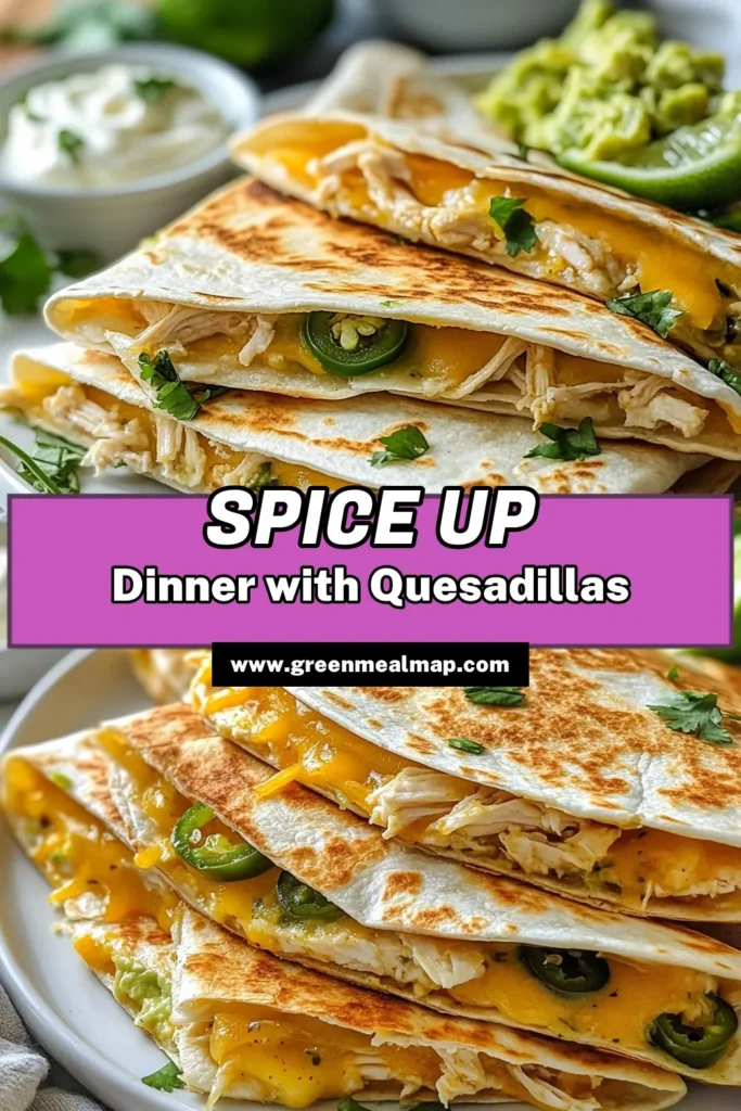 Discover a delicious way to spice up your meals with these Jalapeño Lime Chicken Quesadillas. This spicy chicken quesadilla recipe is perfect for a quick family dinner or a quick quesadilla meal. Made with tender shredded chicken, fresh cilantro, and tangy lime, these easy tortilla recipes are a must-try in your rotation of Mexican chicken dishes. Serve them with sour cream or guacamole for extra flavor! Save this recipe for your next meal planning! #JalapeñoQuesadillas #EasyRecipes #MexicanFood #QuesadillaLovers