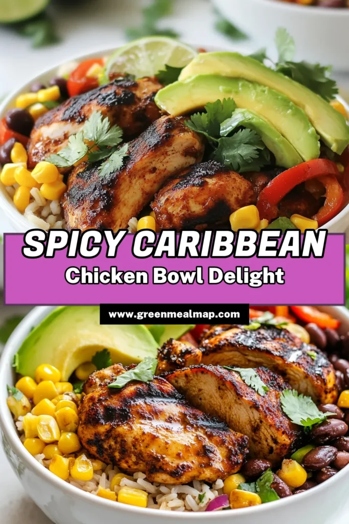 Indulge in these Spicy Caribbean Jerk Chicken Bowls, a flavorful twist on healthy chicken bowls! This easy Caribbean recipe combines marinated jerk chicken, vibrant sautéed vegetables, and hearty brown rice or quinoa for a quick dinner idea. Perfect for meal prep or a weeknight feast, this jerk chicken bowl recipe is sure to impress. Try it today and savor the taste of the Caribbean! Save this recipe now! #CaribbeanCooking #HealthyDinner #JerkChicken #QuickMeals