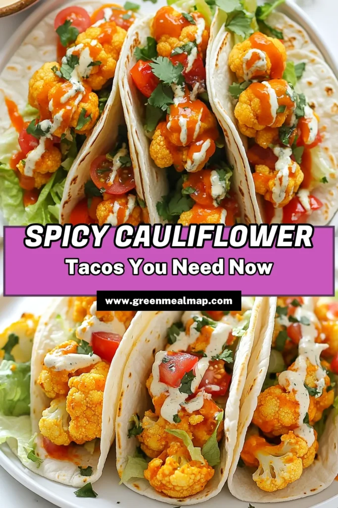 Craving a delicious twist on taco night? Try these buffalo cauliflower tacos! This vegan tacos recipe is loaded with flavor and packs a spicy kick, making it a great healthy taco filling. With crispy baked cauliflower, fresh toppings, and optional vegan ranch, this spicy cauliflower recipe will satisfy everyone. Perfect for easy meal prep! Save this recipe for your next taco adventure! #BuffaloCauliflowerTacos #VeganTacosRecipe #HealthyEating #PlantBasedDiet