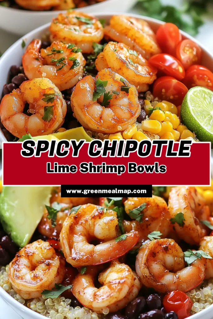 Elevate your meal prep with these delicious Chipotle Lime Shrimp Bowls! This healthy shrimp recipe features marinated shrimp bursting with flavor, served on a bed of fluffy quinoa. Perfect for a spicy shrimp bowl recipe, this quinoa shrimp bowl is filled with corn, black beans, avocado, and tomatoes. Try this shrimp avocado bowl for a nutritious and vibrant dish. Click to explore the recipe and get cooking today! #ChipotleLimeShrimp #HealthyShrimpRecipes #QuinoaShrimpBowl #SpicyShrimpBowl
