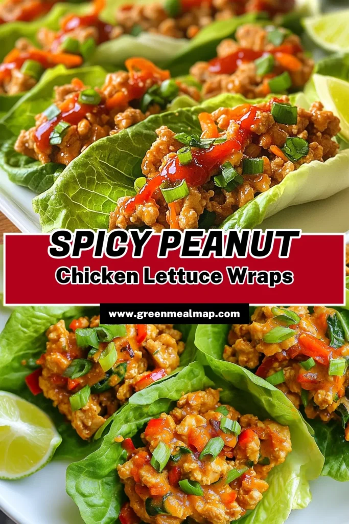 Discover the delight of Spicy Peanut Chicken Lettuce Wraps, the perfect healthy chicken lettuce wraps for a quick dinner idea! This easy lettuce wrap recipe features ground chicken, vibrant veggies, and a rich peanut sauce, all wrapped in crisp lettuce. Ideal for meal prep or weeknight dinners, this dish is full of flavor and nutrition. Try these simple and delicious ground chicken recipes for a satisfying meal. Save this recipe now for your next cooking adventure! #HealthyRecipes #DinnerIdeas #ChickenWraps #MealPrep
