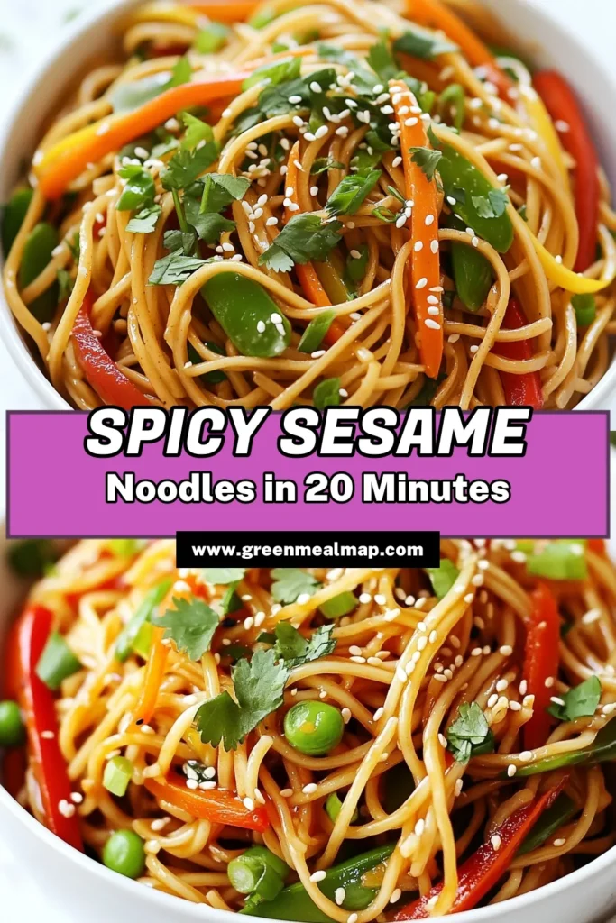 Looking for a delicious and quick meal? Try this spicy sesame noodle recipe featuring whole wheat noodle bowls! This easy vegan noodle dish is packed with vibrant veggies and flavor. Perfect for a weeknight dinner, these quick spicy noodles are an Asian noodle stir-fry recipe you’ll love. Whip it up in just 20 minutes! Save this recipe for a tasty meal tonight! #SpicyNoodleRecipe #VeganNoodles #EasyDinnerIdeas #AsianCuisine