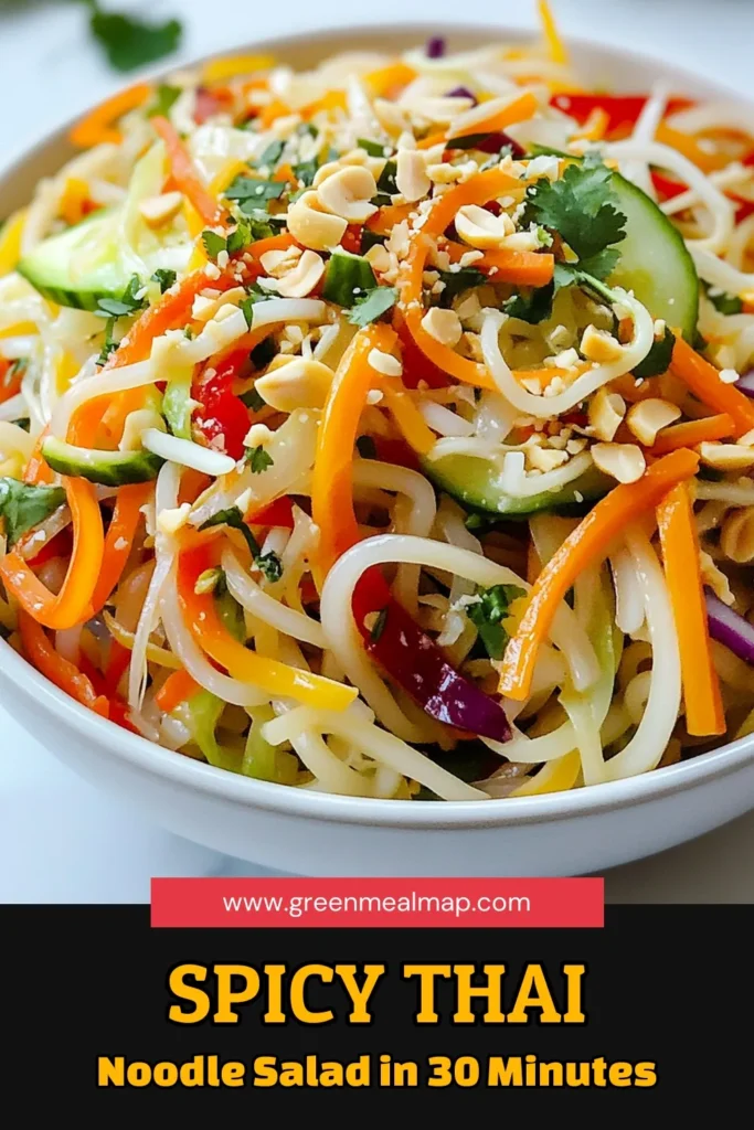 Discover the vibrant flavors of this spicy Thai noodle salad, a perfect dish for any occasion! This rice noodle salad recipe is packed with fresh veggies and tossed in a zesty Thai salad dressing that elevates your healthy Thai recipes to the next level. Ideal for a refreshing cold noodle salad, this quick and easy recipe takes just 30 minutes to prepare. Save and try it today! #SpicyThaiNoodleSalad #RiceNoodleSalad #HealthyThaiRecipes #ColdNoodleSalad