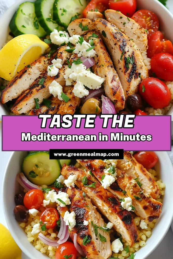 Dive into these delicious Greek Chicken Couscous Bowls, a perfect blend of flavors and nutrition! This Mediterranean chicken couscous recipe features juicy grilled chicken Mediterranean style, fresh veggies, and tangy feta for healthy couscous bowls everyone will love. Try this easy Greek chicken recipe for a wholesome meal or pair it with a vegetarian Mediterranean salad for added goodness. Save your favorites and get cooking today! #MediterraneanChickenCouscous #GreekChickenRecipe #HealthyCouscousBowls #GrilledChickenMediterranean