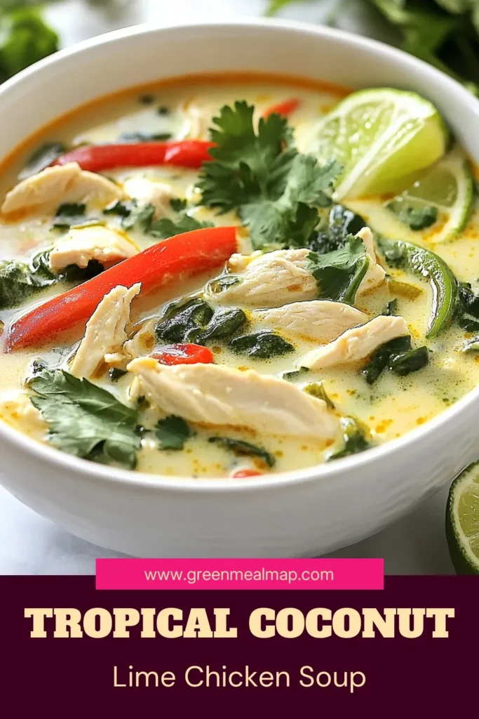 Discover the vibrant flavors of Coconut Lime Chicken Soup, a perfect tropical dish that's both healthy and comforting. This easy coconut chicken soup recipe blends creamy coconut milk with lime juice and nutritious spinach for a delightful taste in every bowl. Enjoy this healthy coconut milk soup in just 35 minutes! Try this lime chicken soup with spinach today and share the tropical goodness! #CoconutLimeChickenSoup #EasyChickenSoup #TropicalRecipes #HealthyLiving