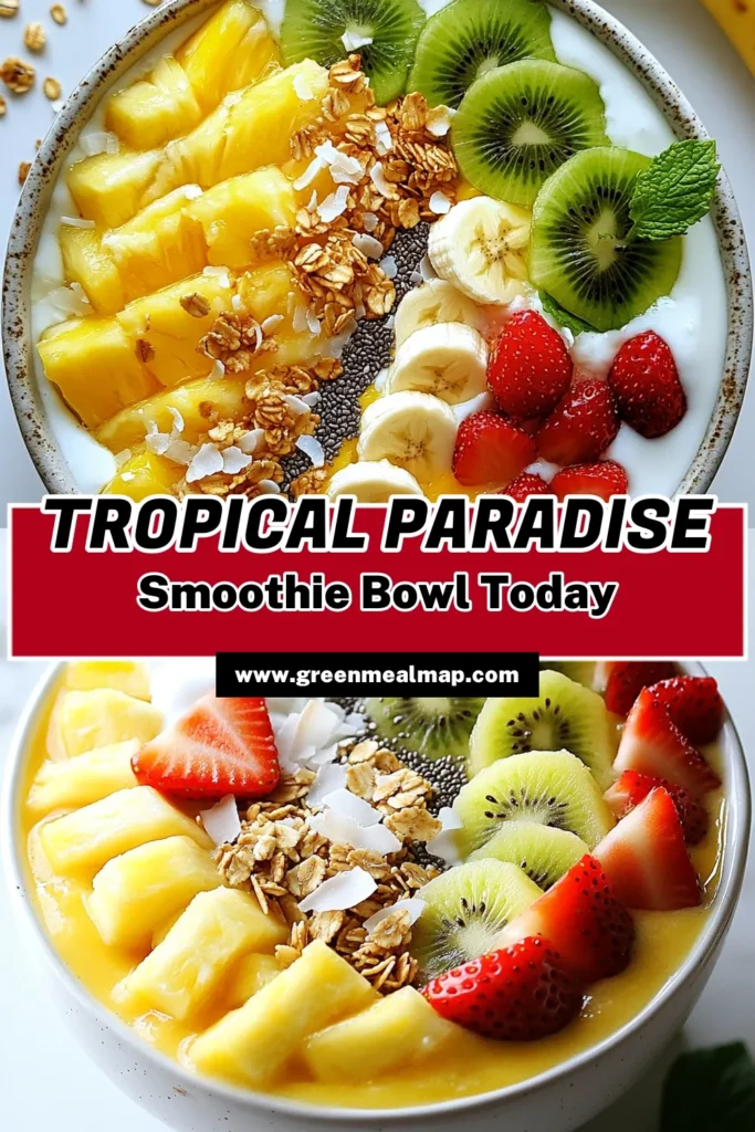 Dive into this delicious tropical smoothie bowl packed with vibrant flavors and healthy ingredients! Our pineapple smoothie recipe combines frozen pineapple, banana, and creamy Greek yogurt for a refreshing treat. Perfect for breakfast or a snack, this vegan smoothie bowl can easily be customized with your favorite toppings. Enjoy a nutritious and delightful start to your day. Save this healthy smoothie bowl recipe for your next refreshing treat! #TropicalSmoothieBowl #PineappleSmoothieRecipe #HealthySmoothieBowl #VeganSmoothieBowl