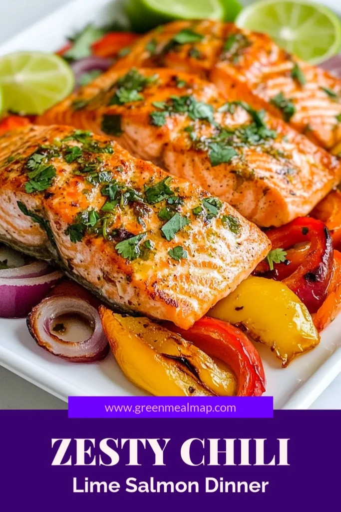 Looking for a delicious and easy salmon recipe? Try this Chili Lime Salmon Sheet Pan! This flavorful chili lime salmon recipe features tender salmon fillets with a zesty chili marinade, perfectly roasted alongside vibrant vegetables. Done in just 25 minutes, it's the ultimate sheet pan salmon dinner that your family will love. Perfect for busy weeknights! Save this easy salmon recipe today! #ChiliLimeSalmon #SheetPanDinner #EasySalmonRecipes #HealthyEating