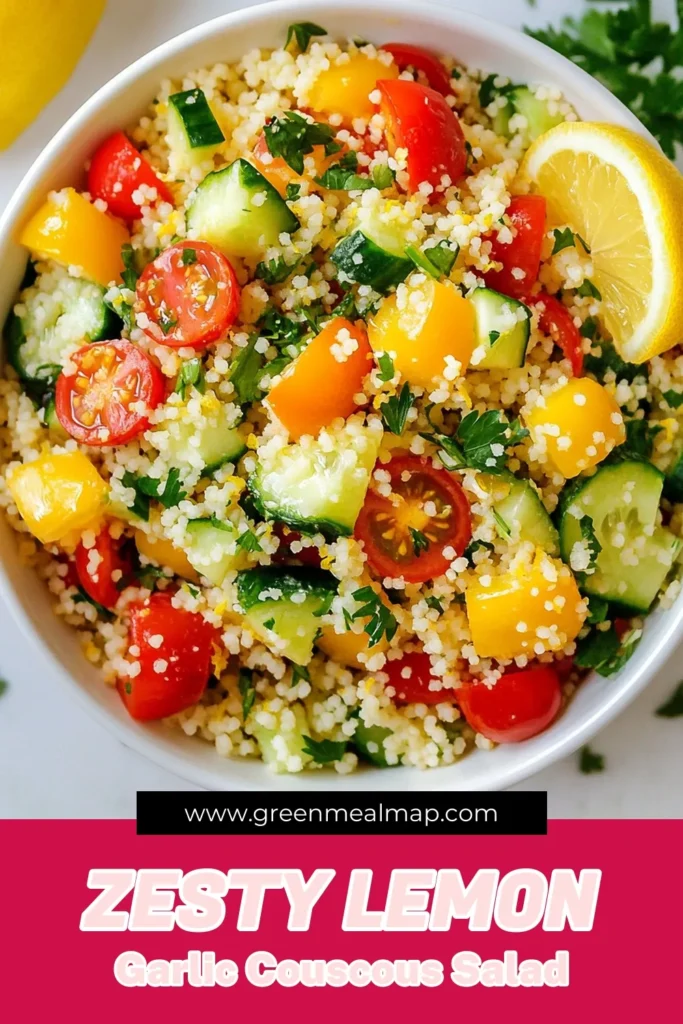 Discover the refreshing flavors of Lemon Garlic Couscous Salad, a delightful addition to your healthy couscous recipes! This vegetarian salad with couscous combines zesty lemon, garlic, and fresh veggies for an easy, vibrant dish perfect for any occasion. Try this zesty salad recipe today and elevate your meal prep with simple couscous salad ideas. Save this recipe for a burst of flavor! #CouscousSalad #HealthyRecipes #Vegetarian #ZestySalad
