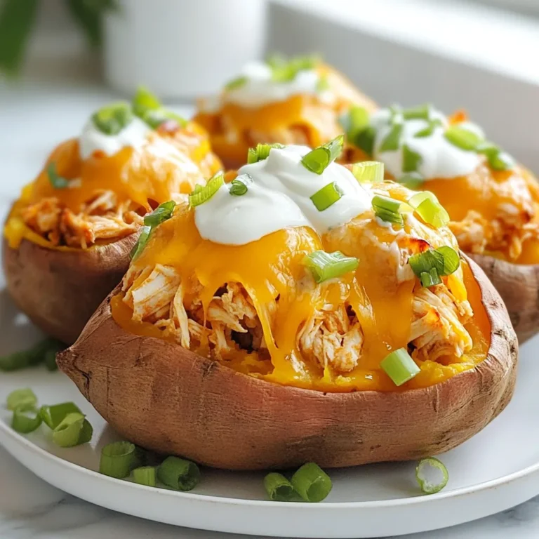 - 2 large sweet potatoes - 1 pound cooked shredded chicken - 1/4 cup buffalo sauce - 1/4 cup cream cheese, softened - 1/2 cup shredded cheddar cheese - 1/4 cup Greek yogurt (for serving) - 2 green onions, sliced (for garnish) - Salt and pepper to taste - Baking sheet - Mixing bowl - Fork - Oven mitt To make Buffalo Chicken Stuffed Sweet Potatoes, you need a few key ingredients. Sweet potatoes are the star of this dish. They add natural sweetness and a creamy texture. The cooked shredded chicken brings protein and flavor. Buffalo sauce adds a spicy kick. You can choose your favorite brand or make your own. Cream cheese makes the filling rich and smooth. It balances the heat of the buffalo sauce. Shredded cheddar cheese gives a nice, gooey topping. For serving, I love using Greek yogurt. It adds a cool, creamy touch. Green onions are great for garnish. They add color and a bit of crunch. Don’t forget to season with salt and pepper to taste. You will also need some tools to help with cooking. A baking sheet is essential for roasting the sweet potatoes. A mixing bowl is needed for combining the filling. A fork helps fluff the sweet potatoes and mix the filling. Lastly, grab an oven mitt to protect your hands when taking the hot dish out of the oven. With these ingredients and tools, you can create a tasty and satisfying meal. {{ingredient_image_1}} - Preheat your oven to 400°F (200°C). - Wash the sweet potatoes thoroughly and pierce them several times with a fork. - Place the sweet potatoes on a baking sheet and bake for 45-55 minutes, or until they are tender and cooked through. - In a medium bowl, mix the shredded chicken, buffalo sauce, cream cheese, and half of the cheddar cheese. Stir well until the mixture is smooth and creamy. - Once the sweet potatoes are done baking, remove them from the oven. Allow them to cool slightly. - Carefully slice each sweet potato down the middle and gently fluff the flesh with a fork. - Spoon the buffalo chicken mixture generously into each sweet potato half. - Sprinkle the remaining cheddar cheese on top of the stuffed sweet potatoes. - Return the stuffed sweet potatoes to the oven and bake for an additional 10 minutes, or until the cheese is melted and bubbly. - Remove them from the oven, and drizzle Greek yogurt on top of each stuffed potato. - Garnish with sliced green onions and season with salt and pepper to taste. To tell when sweet potatoes are done, poke them gently with a fork. They should feel soft. If they resist, keep baking. You want them tender, not dry. To avoid dryness, wrap them in foil before baking. This keeps moisture in, making them fluffy and sweet. You can make the filling your own. Try adding spices like garlic powder or cayenne for more heat. Fresh herbs, like parsley or dill, brighten the flavors too. Want crunch? Chop some celery or carrots and mix them in. They add texture and freshness to the dish. Pair your stuffed sweet potatoes with a simple salad or veggie sticks. A side of ranch or blue cheese dressing works well too. For a fun look, use a rustic wooden platter. Arrange the potatoes nicely and sprinkle extra green onions on top. Add a small bowl of buffalo sauce for dipping. Pro Tips Choose the Right Sweet Potatoes: Look for firm, unblemished sweet potatoes for the best texture and flavor. Mix It Up: Feel free to customize the stuffing by adding veggies like celery or carrots for extra crunch and nutrition. Buffalo Sauce Variety: Experiment with different brands or flavors of buffalo sauce to find your perfect heat level. Meal Prep Friendly: Prepare a larger batch of the buffalo chicken mixture and store it in the fridge for quick assembly on busy nights. {{image_2}} You can make this dish plant-based. Use plant-based chicken substitutes instead of shredded chicken. There are many great brands available. Look for options that mimic the texture and flavor of chicken. For a creamy base, swap cream cheese with cashew cream or a dairy-free spread. These options keep the filling rich and tasty without dairy. You can adjust the spice level of your dish. Use spicy buffalo sauce for a kick. If you prefer less heat, try a mild buffalo sauce. This way, everyone can enjoy their meal. Add toppings for extra flavor. Sliced avocado adds a creamy touch. Jalapeños give a spicy crunch. These options let you customize the dish to suit your taste. To keep your buffalo chicken stuffed sweet potatoes fresh, follow these tips: - Allow them to cool completely before storing. - Use an airtight container for the best results. - Place parchment paper between layers if stacking. - They will stay good for up to three days in the fridge. Reheating properly keeps your meal tasty. Here’s how: - Use the oven to reheat for even warmth. Set it to 350°F (175°C). - Place stuffed sweet potatoes on a baking sheet. - Cover them with foil to keep moisture in. - Heat for about 15-20 minutes or until warmed through. - You can also use a microwave, but it may dry out the filling. - For the microwave, heat in short bursts, about 1-2 minutes at a time. - Check for warmth and enjoy your leftovers without losing flavor! Yes, you can prep this dish ahead. Bake the sweet potatoes, then let them cool. Store the cooked sweet potatoes and chicken filling separately in the fridge. When you're ready, stuff the potatoes and bake them again. This keeps them fresh and tasty. They can sit in the fridge for up to three days. If you need a dairy-free option, try using cashew cream or vegan cream cheese. Both options give a nice, creamy texture. You can also use hummus for a different flavor. These substitutes work well and keep the dish rich and smooth. Good news! All the main ingredients in this recipe are gluten-free. Sweet potatoes, chicken, buffalo sauce, and cheese are all safe. Just double-check your buffalo sauce brand to ensure it’s gluten-free. Enjoy this dish without worry! This guide covered how to make delicious Buffalo Chicken Stuffed Sweet Potatoes. We shared ingredients, tools, and steps to whip up this dish. You can customize it to fit your tastes and find tips for storage. Remember, you can also switch ingredients for vegetarian options or tweak flavors. With this recipe, you can impress anyone at your table. Enjoy your cooking and the great taste that follows!