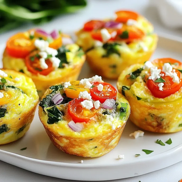 To make tasty veggie loaded egg muffins, gather these key ingredients: - 6 large eggs - 1/2 cup milk (dairy or non-dairy) - 1 cup spinach, chopped - 1/2 cup bell peppers, diced (mix of colors for vibrancy) - 1/4 cup red onion, finely chopped - 1/2 cup cherry tomatoes, halved - 1/3 cup feta cheese, crumbled - 1 teaspoon garlic powder - 1 teaspoon dried oregano - Salt and pepper to taste - Olive oil or cooking spray for greasing the muffin tin These ingredients blend well to create a fluffy and flavorful muffin. They keep the muffins moist and tasty. Each ingredient plays a role in flavor and texture. You can add extra ingredients to enhance the taste. Consider these options: - Cooked bacon or sausage for a meaty touch - Zucchini or mushrooms for added veggies - Jalapeños for a spicy kick - Different cheeses like cheddar or mozzarella Feel free to mix and match! These add-ins let you customize your muffins based on your taste. Each serving provides a healthy boost. Here is the approximate nutritional breakdown: - Calories: 100 - Protein: 7g - Total Fat: 6g - Carbohydrates: 4g - Fiber: 1g - Sugars: 1g These muffins are both filling and nutritious. They give you energy without too many calories. Enjoy them as a quick breakfast or snack! {{ingredient_image_1}} First, set your oven to 375°F (190°C). This temperature helps the muffins rise and cook well. Next, grab a muffin tin and grease each cup with olive oil or cooking spray. This step keeps the muffins from sticking. In a large bowl, crack open the 6 large eggs. Whisk them together until they look uniform. Then, add 1/2 cup of milk. Whisk again until the mixture is smooth. Now, it's time to add the fun stuff! Stir in 1 cup of chopped spinach, 1/2 cup of diced bell peppers, and 1/4 cup of finely chopped red onion. Toss in 1/2 cup of halved cherry tomatoes and 1/3 cup of crumbled feta cheese. Finally, sprinkle in 1 teaspoon of garlic powder, 1 teaspoon of dried oregano, and some salt and pepper to taste. Mix everything well, ensuring all the veggies and cheese are evenly spread out. Pour the egg mixture into the prepared muffin cups. Fill each one about 3/4 full; this gives the muffins room to puff up. Place the muffin tin in the oven and bake for 18 to 20 minutes. You know they are done when they are puffed and a toothpick inserted in the center comes out clean. After baking, let the muffins cool for a few minutes. Use a knife to gently run around the edges to help remove them from the tin. Enjoy them warm, or let them cool completely and store them in an airtight container in the fridge for up to 5 days. To whisk eggs well, use a medium bowl. Crack the eggs in it. Use a fork or whisk to beat them. Mix until the yolks and whites blend together. Add the milk and combine until smooth. This step adds fluffiness to your muffins. Bake the muffins for 18-20 minutes at 375°F (190°C). Check for doneness by inserting a toothpick. If it comes out clean, they are ready. The tops should look puffed and slightly golden. Avoid overbaking, as they can dry out quickly. For a lovely presentation, arrange the muffins on a colorful platter. Add fresh herbs like parsley or basil for a pop of color. You can also serve them with salsa or hot sauce on the side. This adds flavor and excitement to each bite. Pro Tips Vegetable Variations: Feel free to mix and match your favorite vegetables. Zucchini, mushrooms, or kale can add different flavors and textures. Cheese Choices: Experiment with different cheeses such as cheddar, mozzarella, or goat cheese for a unique taste. Meal Prep Friendly: These egg muffins can be made ahead of time and stored in the fridge, making them a great option for busy mornings. Serving Suggestions: Try serving your egg muffins with a side of avocado or a light salad for a complete meal. {{image_2}} You can mix and match veggies for your muffins. Try zucchini, carrots, or mushrooms. Broccoli and kale also work great. Use your favorites for a tasty twist. Just chop them small so they cook well. To make these muffins dairy-free, swap milk with almond or oat milk. You can skip feta cheese or use a vegan cheese. Silken tofu can replace eggs for a vegan version. Blend it until smooth, and you'll have a great base for your muffins. Adding spices can change the whole flavor! Try chili powder for heat or smoked paprika for depth. Fresh herbs like basil or cilantro can brighten the taste. Just one teaspoon of your favorite spice can give these muffins a fun kick. After you enjoy your veggie loaded egg muffins, let them cool. Place the muffins in an airtight container. Store them in the fridge for up to five days. This keeps them fresh and tasty. If you want to save muffins for later, freezing is a great option. First, make sure they are fully cooled. Wrap each muffin in plastic wrap. Then, place them in a freezer-safe bag or container. Label the bag with the date. You can freeze them for up to three months. When you are ready to eat the muffins, reheating is easy. You can use the microwave, oven, or toaster oven. For the microwave, heat one muffin for about 30 seconds. If using the oven, preheat it to 350°F (175°C) and bake for about 10 minutes. This method helps keep the muffins soft and fluffy. Enjoy your tasty treat! Yes, you can make these muffins in advance. They store well in the fridge for up to five days. Just let them cool completely before placing them in an airtight container. You can also freeze them for longer storage. Just wrap each muffin in plastic wrap and place them in a freezer bag. They keep well for about three months. When you’re ready to eat, thaw them in the fridge overnight and reheat in the oven or microwave. You can mix many tasty vegetables into these muffins. Spinach is a great base. Bell peppers add color and crunch. You can also try diced zucchini, mushrooms, or broccoli. Onions add a nice flavor kick. For a bit of heat, consider adding jalapeños. Feel free to get creative with your chosen veggies. The options are endless, and you can use what you have on hand. To adjust the recipe, change the number of eggs. Each egg makes about two muffins. If you want six muffins, use three eggs; for 18 muffins, use nine eggs. Just keep the other ingredients in proportion. For example, if you use three eggs, cut the milk to 1/4 cup and adjust the veggies accordingly. This way, you still get great flavor and texture, no matter the batch size. Veggie loaded egg muffins are easy to make and full of flavor. We reviewed essential and optional ingredients, preparation steps, and cooking tips. You learned how to store leftovers and even freeze them for later. Variations with different veggies and spices expand your options. In the end, these muffins are a great way to eat healthy. Try your own combos to find your favorites. Enjoy making and sharing these tasty, nutritious bites with friends and family!