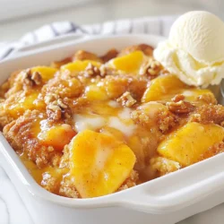 - 2 cans (15 oz each) sliced peaches in syrup or fresh peaches, peeled and sliced - 1 cup granulated sugar - 1 teaspoon vanilla extract - 1 teaspoon cinnamon - 1 box (15.25 oz) yellow cake mix - 1/2 cup (1 stick) unsalted butter, melted - 1 cup chopped walnuts or pecans (optional) - 1/2 teaspoon nutmeg In this delightful recipe, we start with sliced peaches. You can use canned peaches in syrup or fresh, ripe peaches. Both options work well. I prefer fresh peaches when they are in season. Next, we add sugar to sweeten our dessert. Vanilla extract adds a lovely aroma and flavor. The yellow cake mix is key. It gives the dish its signature texture. Melted unsalted butter is crucial too. It helps the cake mix turn golden and crisp as it bakes. If you want some crunch, toss in chopped walnuts or pecans. Finally, spices like cinnamon and nutmeg bring warmth and depth. They make the cobbler taste cozy and inviting. These ingredients come together to create a yummy dessert that’s easy and fun to make. {{ingredient_image_1}} First, set your oven to 350°F (175°C). This is the perfect temperature for baking. While the oven heats, grease a 9x13 inch baking dish with some butter or cooking spray. Next, take your sliced peaches. In a medium bowl, mix them with 1 cup of granulated sugar, 1 teaspoon of vanilla extract, and 1 teaspoon of cinnamon. Toss the peaches well until they are nicely coated. Set this mixture aside for now. Now, pour the peach mixture evenly into the bottom of your greased baking dish. Make sure it covers the dish fully. Next, sprinkle the dry yellow cake mix evenly over the peach layer. Do not stir this layer; just let it sit on top. Then, take 1/2 cup of melted unsalted butter and drizzle it evenly over the cake mix. If you want, sprinkle 1 cup of chopped walnuts or pecans over the butter for a crunchy texture. To add a little extra flavor, sprinkle 1/2 teaspoon of nutmeg over the entire dish. Now it's time to bake! Place the dish in your preheated oven and bake for about 45 to 55 minutes. Keep an eye on it. You want the top to be golden brown and bubbly. Once it's done, let the dump cake cool slightly before you serve it. Enjoy this warm treat! To make your Peach Cobbler Dump Cake even better, consider adding fresh herbs. You can mix in basil or mint with the peaches. You can also swap out peaches for other fruits, like cherries or apples. Each fruit brings its own taste. Always use high-quality ingredients. Fresh peaches or premium canned peaches will boost the flavor. To get a perfect golden crust, ensure your oven is fully preheated. Bake at 350°F (175°C) for 45 to 55 minutes. Keep an eye on the cake as it bakes. It is done when the top is golden brown and bubbly. You can check doneness by inserting a toothpick in the center. If it comes out clean, it’s ready. Serve your dump cake warm with a scoop of vanilla ice cream. This adds a creamy touch. You can sprinkle some chopped nuts on top for crunch. For a nice presentation, place a mint sprig on each serving. This makes it look fancy and inviting! Pro Tips Use Fresh Peaches: For the best flavor, consider using fresh, ripe peaches in season. They will add a vibrant taste to your dump cake. Experiment with Spices: Feel free to enhance the flavor by adding a pinch of cardamom or ginger along with the nutmeg and cinnamon for a unique twist. Serve with Toppings: This dump cake pairs wonderfully with whipped cream, yogurt, or a drizzle of caramel sauce for an extra touch of indulgence. Storage Tips: Store any leftovers in an airtight container in the refrigerator. Reheat in the oven for best results, keeping it nice and crispy. {{image_2}} You can switch up the peaches with other fruits. Try using cherries or apples. Both will add a new twist. You can also mix different fruits for fun. Just keep the sugar level in mind. You might need to reduce it for tart fruits. When using other fruits, adjust your spices too. For cherries, add a bit of almond extract. For apples, a dash of nutmeg works wonders. If you need a gluten-free version, many cake mixes fit the bill. Look for a gluten-free yellow cake mix at your store. You can also use almond flour or coconut flour. If you choose flour, add a binding agent like applesauce. This helps keep the cake moist and fluffy. To make this cake vegan, swap the butter for coconut oil or vegan butter. Choose a vegan cake mix too. You can find many brands that cater to this option. Instead of eggs, use flaxseed meal or chia seeds. Mix one tablespoon of flaxseed with three tablespoons of water. Let it sit until it thickens. This will act like an egg and bind your cake. Enjoy your vegan twist on this classic dessert! To store leftovers, let the peach cobbler dump cake cool. Then, cover it tightly with plastic wrap or aluminum foil. You can also place it in an airtight container. This keeps it fresh for up to three days in the fridge. For best practices, avoid leaving it out at room temperature for too long. Store it in the fridge as soon as it cools. This helps to prevent spoilage. If you notice any signs of mold or off smells, toss it immediately. To reheat dump cake, I recommend using an oven. Preheat the oven to 350°F (175°C). Place the cake in an oven-safe dish. Cover it with foil to keep it moist. Heat for about 15-20 minutes or until warm. You can also use a microwave. Simply place a slice on a microwave-safe plate. Heat for 30 seconds to one minute. Check to see if it's warm enough. This method is quick but may change the texture slightly. To freeze peach cobbler dump cake, first, let it cool completely. Wrap it tightly in plastic wrap, then place it in a freezer-safe bag. Make sure to press out all air before sealing. This helps keep it fresh for up to three months. When you're ready to enjoy it, take it out of the freezer. Place it in the fridge overnight to thaw. For reheating, use the oven as mentioned before. This way, you can enjoy your delicious treat again without losing flavor or texture. A dump cake is a simple dessert made by "dumping" ingredients into a pan. You layer fruit and dry cake mix, then add butter. It is different from a traditional cobbler because it doesn’t require a crust or mixing. The cake mix bakes into a cake-like topping, creating a soft and sweet layer over the fruit. Yes, you can use frozen peaches. Just let them thaw before using. Drain excess liquid to avoid a soggy cake. If using frozen, you may need to bake it a bit longer. Start checking for doneness after 50 minutes. You can prep the peach mixture and layer it in the baking dish. Cover it and store it in the fridge for up to a day. Just add the cake mix and butter before baking. This saves time and makes it easy to enjoy fresh dessert anytime! In this post, we explored the tasty peach cobbler dump cake. We covered the main ingredients, simple step-by-step instructions, and helpful tips. You learned about flavor variations and how to store leftovers. Whether using fresh peaches or going vegan, this dish fits many needs. Enjoying this dessert is easy and fun. Don’t forget to share your yummy results with friends and family. Happy baking!