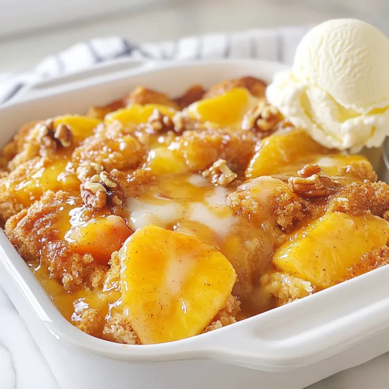 - 2 cans (15 oz each) sliced peaches in syrup or fresh peaches, peeled and sliced - 1 cup granulated sugar - 1 teaspoon vanilla extract - 1 teaspoon cinnamon - 1 box (15.25 oz) yellow cake mix - 1/2 cup (1 stick) unsalted butter, melted - 1 cup chopped walnuts or pecans (optional) - 1/2 teaspoon nutmeg In this delightful recipe, we start with sliced peaches. You can use canned peaches in syrup or fresh, ripe peaches. Both options work well. I prefer fresh peaches when they are in season. Next, we add sugar to sweeten our dessert. Vanilla extract adds a lovely aroma and flavor. The yellow cake mix is key. It gives the dish its signature texture. Melted unsalted butter is crucial too. It helps the cake mix turn golden and crisp as it bakes. If you want some crunch, toss in chopped walnuts or pecans. Finally, spices like cinnamon and nutmeg bring warmth and depth. They make the cobbler taste cozy and inviting. These ingredients come together to create a yummy dessert that’s easy and fun to make. {{ingredient_image_1}} First, set your oven to 350°F (175°C). This is the perfect temperature for baking. While the oven heats, grease a 9x13 inch baking dish with some butter or cooking spray. Next, take your sliced peaches. In a medium bowl, mix them with 1 cup of granulated sugar, 1 teaspoon of vanilla extract, and 1 teaspoon of cinnamon. Toss the peaches well until they are nicely coated. Set this mixture aside for now. Now, pour the peach mixture evenly into the bottom of your greased baking dish. Make sure it covers the dish fully. Next, sprinkle the dry yellow cake mix evenly over the peach layer. Do not stir this layer; just let it sit on top. Then, take 1/2 cup of melted unsalted butter and drizzle it evenly over the cake mix. If you want, sprinkle 1 cup of chopped walnuts or pecans over the butter for a crunchy texture. To add a little extra flavor, sprinkle 1/2 teaspoon of nutmeg over the entire dish. Now it's time to bake! Place the dish in your preheated oven and bake for about 45 to 55 minutes. Keep an eye on it. You want the top to be golden brown and bubbly. Once it's done, let the dump cake cool slightly before you serve it. Enjoy this warm treat! To make your Peach Cobbler Dump Cake even better, consider adding fresh herbs. You can mix in basil or mint with the peaches. You can also swap out peaches for other fruits, like cherries or apples. Each fruit brings its own taste. Always use high-quality ingredients. Fresh peaches or premium canned peaches will boost the flavor. To get a perfect golden crust, ensure your oven is fully preheated. Bake at 350°F (175°C) for 45 to 55 minutes. Keep an eye on the cake as it bakes. It is done when the top is golden brown and bubbly. You can check doneness by inserting a toothpick in the center. If it comes out clean, it’s ready. Serve your dump cake warm with a scoop of vanilla ice cream. This adds a creamy touch. You can sprinkle some chopped nuts on top for crunch. For a nice presentation, place a mint sprig on each serving. This makes it look fancy and inviting! Pro Tips Use Fresh Peaches: For the best flavor, consider using fresh, ripe peaches in season. They will add a vibrant taste to your dump cake. Experiment with Spices: Feel free to enhance the flavor by adding a pinch of cardamom or ginger along with the nutmeg and cinnamon for a unique twist. Serve with Toppings: This dump cake pairs wonderfully with whipped cream, yogurt, or a drizzle of caramel sauce for an extra touch of indulgence. Storage Tips: Store any leftovers in an airtight container in the refrigerator. Reheat in the oven for best results, keeping it nice and crispy. {{image_2}} You can switch up the peaches with other fruits. Try using cherries or apples. Both will add a new twist. You can also mix different fruits for fun. Just keep the sugar level in mind. You might need to reduce it for tart fruits. When using other fruits, adjust your spices too. For cherries, add a bit of almond extract. For apples, a dash of nutmeg works wonders. If you need a gluten-free version, many cake mixes fit the bill. Look for a gluten-free yellow cake mix at your store. You can also use almond flour or coconut flour. If you choose flour, add a binding agent like applesauce. This helps keep the cake moist and fluffy. To make this cake vegan, swap the butter for coconut oil or vegan butter. Choose a vegan cake mix too. You can find many brands that cater to this option. Instead of eggs, use flaxseed meal or chia seeds. Mix one tablespoon of flaxseed with three tablespoons of water. Let it sit until it thickens. This will act like an egg and bind your cake. Enjoy your vegan twist on this classic dessert! To store leftovers, let the peach cobbler dump cake cool. Then, cover it tightly with plastic wrap or aluminum foil. You can also place it in an airtight container. This keeps it fresh for up to three days in the fridge. For best practices, avoid leaving it out at room temperature for too long. Store it in the fridge as soon as it cools. This helps to prevent spoilage. If you notice any signs of mold or off smells, toss it immediately. To reheat dump cake, I recommend using an oven. Preheat the oven to 350°F (175°C). Place the cake in an oven-safe dish. Cover it with foil to keep it moist. Heat for about 15-20 minutes or until warm. You can also use a microwave. Simply place a slice on a microwave-safe plate. Heat for 30 seconds to one minute. Check to see if it's warm enough. This method is quick but may change the texture slightly. To freeze peach cobbler dump cake, first, let it cool completely. Wrap it tightly in plastic wrap, then place it in a freezer-safe bag. Make sure to press out all air before sealing. This helps keep it fresh for up to three months. When you're ready to enjoy it, take it out of the freezer. Place it in the fridge overnight to thaw. For reheating, use the oven as mentioned before. This way, you can enjoy your delicious treat again without losing flavor or texture. A dump cake is a simple dessert made by "dumping" ingredients into a pan. You layer fruit and dry cake mix, then add butter. It is different from a traditional cobbler because it doesn’t require a crust or mixing. The cake mix bakes into a cake-like topping, creating a soft and sweet layer over the fruit. Yes, you can use frozen peaches. Just let them thaw before using. Drain excess liquid to avoid a soggy cake. If using frozen, you may need to bake it a bit longer. Start checking for doneness after 50 minutes. You can prep the peach mixture and layer it in the baking dish. Cover it and store it in the fridge for up to a day. Just add the cake mix and butter before baking. This saves time and makes it easy to enjoy fresh dessert anytime! In this post, we explored the tasty peach cobbler dump cake. We covered the main ingredients, simple step-by-step instructions, and helpful tips. You learned about flavor variations and how to store leftovers. Whether using fresh peaches or going vegan, this dish fits many needs. Enjoying this dessert is easy and fun. Don’t forget to share your yummy results with friends and family. Happy baking!