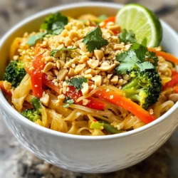 - 8 oz rice noodles - 1 cup bean sprouts - 1 cup shredded carrots - 1 red bell pepper, sliced - 1 cup broccoli florets - 3 green onions, chopped - 2 cloves garlic, minced - 2 tablespoons tamarind paste - 2 tablespoons soy sauce - 1 tablespoon hoisin sauce - 1 tablespoon peanut butter - 1 tablespoon sesame oil - 1 tablespoon vegetable oil - ¼ cup crushed peanuts (for topping) - Fresh cilantro, for garnish - Lime wedges, for serving - Salt and pepper to taste When I make Veggie Loaded Pad Thai, I love using fresh, colorful ingredients. First, the rice noodles are the base of this dish. They soak up all the flavors. I choose 8 ounces. Then, I add a mix of fresh vegetables. I like to use bean sprouts, shredded carrots, sliced red bell pepper, and broccoli florets. These veggies not only add crunch but also make the dish healthy. For the sauce, I use tamarind paste, soy sauce, hoisin sauce, and peanut butter. This mix gives the Pad Thai a rich taste. I also add sesame oil and vegetable oil to stir-fry the veggies. Don’t forget salt and pepper to bring everything together. Finally, I love to garnish my dish with crushed peanuts and fresh cilantro. Lime wedges on the side add a nice zing. These ingredients make this Pad Thai not just tasty but also fun to eat! {{ingredient_image_1}} To start, you need to prepare the rice noodles. Follow the package instructions for soaking and cooking. Usually, this involves boiling water and letting the noodles soak until soft. Once done, drain them well and set aside. This helps the noodles stay loose and ready for the stir-fry. Now, let’s heat the oils. In a large wok or skillet, pour in vegetable oil and sesame oil. Turn the heat to medium-high. Add minced garlic, stirring for about 30 seconds. You want it to smell good but not burn. Next, toss in the sliced red bell pepper and broccoli florets. Stir-fry these for about 2-3 minutes. You want them to soften but still stay crisp. Then, add the shredded carrots and continue to stir-fry for another 2 minutes. This adds color and flavor to your dish. Now it’s time to bring everything together. Push the veggies to the side of the wok. Add the drained noodles to the center. In a small bowl, mix tamarind paste, soy sauce, hoisin sauce, and peanut butter. Blend it well until smooth. Pour this sauce over the noodles. Toss everything together until the noodles are well-coated and heated through. Finally, add the bean sprouts and chopped green onions. Toss for another 1-2 minutes to mix well. Season with salt and pepper to taste. Now your Veggie Loaded Pad Thai is ready! Serve it hot, topped with crushed peanuts and fresh cilantro. Don't forget the lime wedges for a zesty touch! - To stop noodles from sticking, rinse them in cold water. This cools them down and keeps them separate. - Use a mix of sesame oil and vegetable oil for stir-frying. This combo adds flavor and helps with high heat. - If you like heat, add chili flakes or fresh chilis. Start with a little and taste as you go. - For protein, mix in tofu, chicken, or shrimp. These options make the dish heartier. - Serve the Pad Thai in a large bowl for a cozy look. This invites people to dig in. - Top with crushed peanuts and fresh cilantro. Lime wedges add a pop of color and flavor. Pro Tips Cook Noodles Al Dente: Make sure to cook your rice noodles just until they are al dente. This helps them maintain their texture when stir-frying. Use Fresh Veggies: For the best flavor and crunch, use fresh, seasonal vegetables. They add vibrant colors and enhance the taste of the dish. Customize Your Protein: Feel free to add tofu, shrimp, or chicken for extra protein. Just make sure to cook the protein before adding the noodles. Adjust the Sauce: Don’t hesitate to adjust the sauce ingredients based on your taste preferences. A little more tamarind can add tang, while more peanut butter adds creaminess. {{image_2}} You can add protein to your Veggie Loaded Pad Thai in different ways. Tofu is a great choice. It soaks up flavors well and adds a nice texture. Use firm or extra-firm tofu for the best results. Press it to remove extra water, then cut it into cubes. Tempeh is another protein option. It has a nutty flavor and is rich in protein. Slice it thinly and sauté it until golden brown. Seitan is also a good option for those who want a meat-like texture. It cooks quickly and has a chewy bite. Feel free to switch up the veggies based on what you have. Seasonal vegetables can make your Pad Thai fresh and exciting. Try zucchini, snap peas, or mushrooms for different flavors. You can also explore different textures. Add crunchy water chestnuts for a nice bite. If you want something softer, try sautéed spinach or cooked bok choy. Mixing veggies keeps the dish interesting and nutritious. Homemade sauces can take your Pad Thai to the next level. You can mix tamarind paste with lime juice and brown sugar for a fresh twist. This adds a nice tangy flavor. If you need gluten-free options, use tamari instead of soy sauce. It has a similar taste but fits a gluten-free diet. You can also try coconut aminos for a sweeter flavor with less sodium. For short-term storage, place leftovers in an airtight container. Keep the container in the fridge. The dish stays fresh for about 3 days. To keep flavors intact, avoid adding lime juice until serving. This way, the taste remains bright and fresh. For long-term storage, you can freeze the Pad Thai. Divide it into portions and place them in freezer-safe bags. Make sure to remove air from the bags before sealing. It lasts up to 2 months in the freezer. When you are ready to eat, thaw it overnight in the fridge. Reheat it in a pan over medium heat. Add a splash of water or a little oil to keep it moist. Stir frequently until it heats through. This keeps the noodles and veggies from becoming too dry. Pad Thai is not always vegetarian. Many recipes use shrimp, chicken, or pork. However, you can make it meat-free. A veggie-loaded Pad Thai is just as tasty. When you swap meat for veggies, you boost health benefits. You get more fiber, vitamins, and minerals. The flavor stays rich with sauces and spices. Yes, you can! Use rice noodles as a base; they are naturally gluten-free. For sauces, choose gluten-free soy sauce. Brands like Tamari work well. Always check labels to avoid hidden gluten. Adding more veggies is easy. Here are some ideas: - Use snap peas for crunch. - Toss in mushrooms for earthy flavor. - Add zucchini or yellow squash for color. - Try baby corn for sweetness. - Mix in spinach or kale for leafy greens. These additions keep the dish colorful and packed with nutrients. You can also adjust cooking times so all veggies stay crisp and fresh. This blog post covers the key steps to make delicious Pad Thai using rice noodles, fresh veggies, and flavorful sauces. You learned how to prepare and cook ingredients, combine everything for full flavor, and enhance your dish with tips on presentation and storage. In the end, you can explore variations to suit your taste. Enjoy cooking and experimenting with this classic dish!
