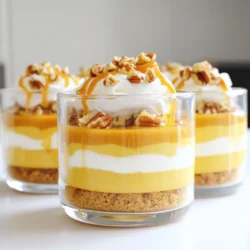 - 1 cup pumpkin puree - 8 oz cream cheese, softened - 1/2 cup powdered sugar - 1 teaspoon vanilla extract - 1 teaspoon pumpkin pie spice - 1 cup heavy whipping cream - 1 cup graham cracker crumbs - 4 tablespoons melted butter - Whipped cream for topping - Caramel sauce for drizzling (optional) - Pecan pieces for garnish (optional) Each ingredient plays a key role in the flavor and texture of the parfaits. - Pumpkin puree gives the dessert its rich, warm flavor. It also adds moisture. - Cream cheese makes the filling creamy and smooth. It balances the sweetness. - Powdered sugar sweetens the mixture without making it grainy. - Vanilla extract enhances the overall flavor and adds depth. - Pumpkin pie spice brings in the classic fall flavors. It’s a mix of spices like cinnamon and nutmeg. - Heavy whipping cream adds lightness and fluffiness to the filling. - Graham cracker crumbs form the crust base. They add crunch and sweetness. - Melted butter helps bind the crumbs and adds richness. - Whipped cream on top is a light, sweet finish. - Caramel sauce adds a sweet, sticky layer if desired. - Pecan pieces add crunch and a nutty flavor for garnish. You can easily swap some ingredients to fit dietary needs. - For a dairy-free option, use vegan cream cheese and coconut whipped cream. - If you want a lower-calorie version, use Greek yogurt instead of cream cheese. - You can replace graham crackers with gluten-free cookies for a gluten-free treat. - If you prefer a no-sugar option, use a sugar substitute in place of powdered sugar. - For a nut-free version, skip the pecans or use seeds like pumpkin seeds instead. These swaps keep the dessert tasty and fun for everyone! First, take a medium bowl. Add the softened cream cheese, powdered sugar, vanilla extract, and pumpkin pie spice. Use an electric mixer to beat this mixture. Mix until it is smooth and creamy. This step is key for a rich flavor. The blend of spices makes it taste like fall. Next, grab another bowl for the heavy cream. Use a mixer to whip it. You want stiff peaks to form. This means the cream holds its shape well. Once done, gently fold the whipped cream into the cream cheese mix. Be careful not to deflate the whipped cream. This step keeps the parfait light and airy. Now, it’s time to build your parfaits. Start with a layer of the graham cracker crumbs at the bottom of your cups. Then, add a layer of the pumpkin cheesecake filling on top. Repeat this process until the cups are full. Make sure the top layer is the pumpkin cheesecake. Cover the parfaits with plastic wrap. Refrigerate them for at least 2 hours. This helps the flavors come together and makes them taste even better. To make great whipped cream, use cold heavy cream. Chill your mixing bowl and beaters too. This helps the cream whip faster. Start at low speed, then increase to high. Whip until you see stiff peaks. Be careful not to over-whip. If you do, it may turn into butter. If you want to boost flavors, try adding a pinch of salt. It balances the sweetness. You can also mix in some maple syrup. This adds depth to the pumpkin flavor. Want a little spice? Add a dash of cinnamon or nutmeg. These spices complement pumpkin perfectly. For a lovely look, use clear cups or jars. This shows off the layers of your parfait. Top each one with a big dollop of whipped cream. Drizzle caramel sauce over the cream for a sweet touch. Sprinkle pecan pieces on top for crunch. You can also add a cinnamon stick for flair. {{image_2}} You can switch up the flavors in your parfaits. Try using chocolate or caramel instead of pumpkin. For a fruity twist, mix in mashed bananas or fresh berries. Each option gives a new taste while keeping the creamy texture. If you want a lighter dessert, use low-fat cream cheese. You can also replace heavy cream with Greek yogurt. For added sweetness without sugar, use honey or maple syrup in place of powdered sugar. These swaps keep the flavor strong while making it healthier. Mini parfaits are perfect for gatherings. Use small cups or jars for easy serving. Layer the ingredients just like in the big parfaits. Guests can grab their own treat without needing a plate. Plus, they make a fun and colorful display on any table. Store your parfaits in the fridge. Use airtight containers to keep them fresh. Cover each parfait with plastic wrap or a lid. This prevents any strong odors from seeping in. Keeping them chilled helps maintain the creamy texture. No bake pumpkin cheesecake parfaits last for about 3 to 4 days in the fridge. After this, the flavors may fade. If you notice any changes in texture or smell, it’s best to toss them. Always check before serving! You can freeze these parfaits, but texture might change. If you want to freeze them, skip the toppings. Freeze them in airtight containers. When ready to eat, let them thaw in the fridge overnight. Add whipped cream and toppings just before serving. This keeps everything fresh and tasty! Yes, you can use canned pumpkin for this recipe. Canned pumpkin is convenient and saves time. It has a smooth texture, which works well in the cheesecake mixture. Make sure to choose 100% pumpkin puree. Avoid pumpkin pie filling, as it has added sugar and spices. To make this recipe gluten-free, choose gluten-free graham crackers. Many brands offer gluten-free options. You can also use crushed nuts or cookies as an alternative for the crust. Just ensure the product is labeled gluten-free. This way, everyone can enjoy the parfaits without worry. You can replace heavy cream with coconut cream. Chill a can of coconut milk overnight, then scoop the thick cream from the top. This gives a rich texture and flavor. If you're looking for a lower-fat option, try using Greek yogurt. It adds creaminess without too many calories. This blog post covered the key ingredients for parfaits and their roles. I shared step-by-step instructions for making the cream cheese mixture and assembling the parfaits. You learned tips for perfect whipped cream and how to enhance flavors. I also shared variations, including healthier swaps and mini parfaits. Lastly, I provided best practices for storage and answered common questions. Enjoy creating delicious parfaits that suit your taste, dietary needs, and special occasions! Happy dessert-making!