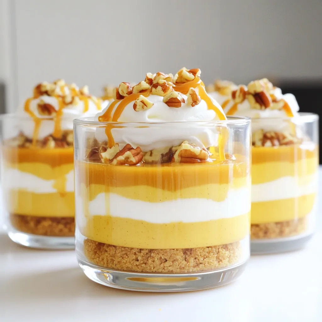- 1 cup pumpkin puree - 8 oz cream cheese, softened - 1/2 cup powdered sugar - 1 teaspoon vanilla extract - 1 teaspoon pumpkin pie spice - 1 cup heavy whipping cream - 1 cup graham cracker crumbs - 4 tablespoons melted butter - Whipped cream for topping - Caramel sauce for drizzling (optional) - Pecan pieces for garnish (optional) Each ingredient plays a key role in the flavor and texture of the parfaits. - Pumpkin puree gives the dessert its rich, warm flavor. It also adds moisture. - Cream cheese makes the filling creamy and smooth. It balances the sweetness. - Powdered sugar sweetens the mixture without making it grainy. - Vanilla extract enhances the overall flavor and adds depth. - Pumpkin pie spice brings in the classic fall flavors. It’s a mix of spices like cinnamon and nutmeg. - Heavy whipping cream adds lightness and fluffiness to the filling. - Graham cracker crumbs form the crust base. They add crunch and sweetness. - Melted butter helps bind the crumbs and adds richness. - Whipped cream on top is a light, sweet finish. - Caramel sauce adds a sweet, sticky layer if desired. - Pecan pieces add crunch and a nutty flavor for garnish. You can easily swap some ingredients to fit dietary needs. - For a dairy-free option, use vegan cream cheese and coconut whipped cream. - If you want a lower-calorie version, use Greek yogurt instead of cream cheese. - You can replace graham crackers with gluten-free cookies for a gluten-free treat. - If you prefer a no-sugar option, use a sugar substitute in place of powdered sugar. - For a nut-free version, skip the pecans or use seeds like pumpkin seeds instead. These swaps keep the dessert tasty and fun for everyone! First, take a medium bowl. Add the softened cream cheese, powdered sugar, vanilla extract, and pumpkin pie spice. Use an electric mixer to beat this mixture. Mix until it is smooth and creamy. This step is key for a rich flavor. The blend of spices makes it taste like fall. Next, grab another bowl for the heavy cream. Use a mixer to whip it. You want stiff peaks to form. This means the cream holds its shape well. Once done, gently fold the whipped cream into the cream cheese mix. Be careful not to deflate the whipped cream. This step keeps the parfait light and airy. Now, it’s time to build your parfaits. Start with a layer of the graham cracker crumbs at the bottom of your cups. Then, add a layer of the pumpkin cheesecake filling on top. Repeat this process until the cups are full. Make sure the top layer is the pumpkin cheesecake. Cover the parfaits with plastic wrap. Refrigerate them for at least 2 hours. This helps the flavors come together and makes them taste even better. To make great whipped cream, use cold heavy cream. Chill your mixing bowl and beaters too. This helps the cream whip faster. Start at low speed, then increase to high. Whip until you see stiff peaks. Be careful not to over-whip. If you do, it may turn into butter. If you want to boost flavors, try adding a pinch of salt. It balances the sweetness. You can also mix in some maple syrup. This adds depth to the pumpkin flavor. Want a little spice? Add a dash of cinnamon or nutmeg. These spices complement pumpkin perfectly. For a lovely look, use clear cups or jars. This shows off the layers of your parfait. Top each one with a big dollop of whipped cream. Drizzle caramel sauce over the cream for a sweet touch. Sprinkle pecan pieces on top for crunch. You can also add a cinnamon stick for flair. {{image_2}} You can switch up the flavors in your parfaits. Try using chocolate or caramel instead of pumpkin. For a fruity twist, mix in mashed bananas or fresh berries. Each option gives a new taste while keeping the creamy texture. If you want a lighter dessert, use low-fat cream cheese. You can also replace heavy cream with Greek yogurt. For added sweetness without sugar, use honey or maple syrup in place of powdered sugar. These swaps keep the flavor strong while making it healthier. Mini parfaits are perfect for gatherings. Use small cups or jars for easy serving. Layer the ingredients just like in the big parfaits. Guests can grab their own treat without needing a plate. Plus, they make a fun and colorful display on any table. Store your parfaits in the fridge. Use airtight containers to keep them fresh. Cover each parfait with plastic wrap or a lid. This prevents any strong odors from seeping in. Keeping them chilled helps maintain the creamy texture. No bake pumpkin cheesecake parfaits last for about 3 to 4 days in the fridge. After this, the flavors may fade. If you notice any changes in texture or smell, it’s best to toss them. Always check before serving! You can freeze these parfaits, but texture might change. If you want to freeze them, skip the toppings. Freeze them in airtight containers. When ready to eat, let them thaw in the fridge overnight. Add whipped cream and toppings just before serving. This keeps everything fresh and tasty! Yes, you can use canned pumpkin for this recipe. Canned pumpkin is convenient and saves time. It has a smooth texture, which works well in the cheesecake mixture. Make sure to choose 100% pumpkin puree. Avoid pumpkin pie filling, as it has added sugar and spices. To make this recipe gluten-free, choose gluten-free graham crackers. Many brands offer gluten-free options. You can also use crushed nuts or cookies as an alternative for the crust. Just ensure the product is labeled gluten-free. This way, everyone can enjoy the parfaits without worry. You can replace heavy cream with coconut cream. Chill a can of coconut milk overnight, then scoop the thick cream from the top. This gives a rich texture and flavor. If you're looking for a lower-fat option, try using Greek yogurt. It adds creaminess without too many calories. This blog post covered the key ingredients for parfaits and their roles. I shared step-by-step instructions for making the cream cheese mixture and assembling the parfaits. You learned tips for perfect whipped cream and how to enhance flavors. I also shared variations, including healthier swaps and mini parfaits. Lastly, I provided best practices for storage and answered common questions. Enjoy creating delicious parfaits that suit your taste, dietary needs, and special occasions! Happy dessert-making!