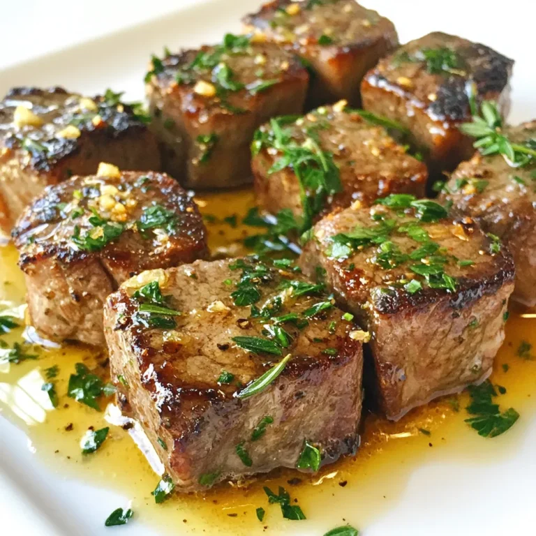 To make tasty garlic butter steak bites, you'll need: - 1 lb sirloin steak, cut into 1-inch cubes - 4 tablespoons unsalted butter - 4 cloves garlic, minced - 1 teaspoon fresh thyme leaves - 1 teaspoon fresh rosemary, chopped - Salt and pepper to taste - 1 tablespoon olive oil - Fresh parsley, chopped (for garnish) These ingredients come together to create a rich, flavorful meal. I suggest using sirloin steak for this dish. Sirloin is tender and has good flavor. It cooks well and remains juicy when seared. You can also try ribeye or tenderloin if you want something richer. Both choices will give you a great taste. You can enhance the flavor of your steak bites with extra seasonings. Here are some ideas: - A pinch of cayenne pepper for heat. - A dash of Worcestershire sauce for depth. - A squeeze of lemon juice for brightness. Feel free to mix and match these seasonings based on your taste. Each will add a unique twist to your garlic butter steak bites. {{ingredient_image_1}} Start by cutting the sirloin steak into 1-inch cubes. This size helps them cook evenly. Next, season the steak cubes with salt and pepper. Make sure each piece is coated well. The seasoning adds great flavor to the bites. Heat a large skillet over medium-high heat. Add 1 tablespoon of olive oil. Wait until the oil shimmers before adding the steak. Place the steak cubes in a single layer, making sure not to overcrowd the pan. Sear the steak for about 2-3 minutes on each side. If you like it more done, cook a bit longer. After searing, remove the steak from the skillet and set it aside. In the same skillet, lower the heat to medium. Add 4 tablespoons of unsalted butter and let it melt. As the butter melts, scrape up any brown bits from the pan. This adds flavor to the sauce. Then, stir in 4 cloves of minced garlic. Cook the garlic for about 30 seconds. Be careful; you don’t want it to burn. Next, add 1 teaspoon of fresh thyme leaves and 1 teaspoon of chopped rosemary. Stir everything together. Finally, return the seared steak bites to the skillet. Toss them in the garlic butter sauce so they are evenly coated. Sauté for an extra minute to heat through. To get that lovely crust on your steak bites, use a hot pan. I heat my skillet until it's shimmering. This high heat gives the steak a nice sear. Do not crowd the pan. If you add too many pieces, they will steam instead of sear. Cook in batches if needed. Each side should cook for about 2-3 minutes for medium-rare. Garlic adds flavor, but it can burn fast. After you add the minced garlic, stir it for about 30 seconds. Keep an eye on it. If it turns brown, it can taste bitter. If you smell it burning, remove it from the heat. You want the garlic fragrant, not burnt. This step makes your garlic butter rich and tasty. Presentation matters! Serve the steak bites on a wooden board or a nice platter. Add toothpicks for easy eating. I like to pair them with roasted veggies or a fresh salad. This makes a complete meal. Sprinkle fresh parsley on top for color and flavor. It adds a nice touch to the dish. Pro Tips Perfect Searing: Make sure your steak cubes are at room temperature before cooking for a better sear. Butter Timing: Adding the garlic to the butter at the right moment prevents it from burning and enhances the flavor. Rest Your Meat: Allow the steak bites to rest for a few minutes after cooking to retain their juices. Herb Variations: Feel free to experiment with different herbs like oregano or basil for a unique flavor profile. {{image_2}} You can choose different cuts of steak for this dish. Sirloin works well, but you can also try ribeye or tenderloin. Ribeye has more fat, which gives it a rich flavor. Tenderloin is lean and tender, perfect for a special dinner. Each cut will give you a unique taste and texture. Adding vegetables makes your meal colorful and healthy. You can toss in bell peppers, mushrooms, or zucchini. Cook them in the same pan after the steak. This way, they soak up all the tasty garlic butter. You can also serve steak bites with a side salad or roasted potatoes. This adds balance and makes the meal more filling. If you want to spice things up, think about adding different herbs or spices. A pinch of red pepper flakes can add heat. Try using dried oregano or smoked paprika for extra flavor. You can also squeeze lemon juice on top for a zesty kick. Mix and match to find what makes your taste buds dance! To store leftovers, let the garlic butter steak bites cool down first. Once they're cool, place them in an airtight container. This keeps them fresh. You can store them in the fridge for up to three days. If you want to keep them longer, freezing is a good choice. When you are ready to eat leftovers, reheating is easy. You can use a skillet for quick reheating. Add a bit of butter to the skillet and heat over medium. Once hot, add the steak bites and stir for about 3-5 minutes. This way, they regain their tasty flavor. You can also use a microwave. Place the steak bites in a microwave-safe dish, cover, and heat for about 1-2 minutes. Check to make sure they are warm all the way through. If you freeze the steak bites, they will stay good for up to three months. To freeze, place the cooled steak bites in a freezer-safe bag. Try to remove as much air as you can from the bag. When you are ready to eat, thaw them overnight in the fridge. Then, reheat as described above. This way, you will still enjoy that yummy garlic butter flavor! The best way to cook steak bites is in a hot skillet. Use a large skillet and heat it over medium-high heat. Add some olive oil before adding the steak. Make sure not to overcrowd the pan. This helps the steak sear well. Sear each side for about 2-3 minutes. This gives you a nice crust and keeps the inside tender. For medium-rare steak bites, cook them for 2-3 minutes on each side. You want a nice brown crust. The inside should be warm and pink. If you like it more done, add another minute or so. Use a meat thermometer if you have one. Aim for an internal temperature of 130°F to 135°F. Yes, you can make garlic butter steak bites in advance. Cook them as usual and let them cool. Store them in an airtight container in the fridge. They will stay fresh for up to three days. To reheat, simply warm them in a skillet over medium heat. Add a little butter for extra flavor. This way, you still enjoy their rich taste! This blog post covered the key steps to make great garlic butter steak bites. We explored main ingredients, cooking methods, and tips for perfect results. I shared ways to customize your dish and storage tips, ensuring you enjoy this meal anytime. Remember, the right steak type and cooking technique are crucial. So, grab your ingredients and get cooking! You’ll have delicious steak bites in no time.
