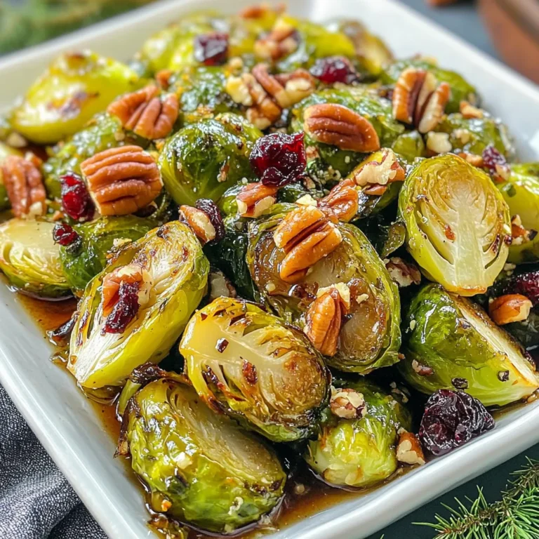 - 1 lb Brussels sprouts, trimmed and halved - 3 tablespoons olive oil - 2 tablespoons pure maple syrup - 1 tablespoon Dijon mustard - 1 teaspoon garlic powder - 1 teaspoon salt - ½ teaspoon black pepper - ¼ cup pecans, roughly chopped - ¼ cup dried cranberries This dish starts with fresh Brussels sprouts. I love using them because they are rich in nutrients. You will need one pound, trimmed and halved. Next, you’ll use three tablespoons of olive oil. Olive oil adds a nice flavor and helps the sprouts roast well. You will add two tablespoons of pure maple syrup. The maple syrup gives a sweet touch that balances the mustard. For a tangy kick, include one tablespoon of Dijon mustard. It adds a great depth of flavor. Add one teaspoon of garlic powder for a nice aroma and taste. To enhance the flavor, include one teaspoon of salt and half a teaspoon of black pepper. These spices make the dish even better. Lastly, for some crunch, use one-quarter cup of roughly chopped pecans. Their nutty flavor pairs well here. You will also need one-quarter cup of dried cranberries. They add sweetness and a pop of color to the dish. Gather these ingredients to make this tasty Maple Dijon Brussels Sprouts dish! {{ingredient_image_1}} 1. Preheat oven to 400°F (200°C). This helps the sprouts roast perfectly. 2. Create the dressing in a mixing bowl. Mix 3 tablespoons of olive oil, 2 tablespoons of pure maple syrup, 1 tablespoon of Dijon mustard, 1 teaspoon of garlic powder, 1 teaspoon of salt, and ½ teaspoon of black pepper. 3. Coat Brussels sprouts with the dressing. Take 1 pound of trimmed and halved Brussels sprouts and add them to the bowl. Toss them well until fully coated. 1. Spread Brussels sprouts on a baking sheet. Use parchment paper for easy cleanup. Make sure they are in a single layer. 2. Scatter pecans and roast. Add ¼ cup of roughly chopped pecans on top of the sprouts, then place the baking sheet in the oven. Roast for 20-25 minutes. Toss halfway through to cook evenly. 3. Toss in cranberries post-roasting. Once roasted, take them out and mix in ¼ cup of dried cranberries. This adds a nice touch of sweetness. - Suggestions for pairing with proteins. These Brussels sprouts go great with chicken, pork, or fish. They add flavor and color to any plate. - Ideas for incorporating into salads. Add the roasted sprouts to your favorite salad. They work well with spinach, goat cheese, and a light vinaigrette. This dish not only tastes amazing but also looks great on your table. Enjoy making it! To get perfect caramelization, start with dry Brussels sprouts. Moisture can prevent browning. Also, spread them out on the baking sheet. This allows heat to circulate around each sprout. Roasting at 400°F works well. It cooks them fast while giving time for the sugars to caramelize. Toss them halfway through cooking. This ensures even browning and cooking. For visual appeal, transfer the Brussels sprouts to a colorful serving dish. Sprinkle some chopped pecans and cranberries on top. This adds nice color and texture. If you want to impress guests, serve them alongside roasted meats or in a hearty salad. They make any meal feel special. Try adding spices like paprika or cayenne for a kick. You can use fresh herbs, too, like thyme or rosemary. These enhance the dish without overpowering it. If you want a nutty crunch, consider using walnuts or almonds instead of pecans. Each nut brings a different flavor and texture. Pro Tips Freshness Matters: For the best flavor and texture, choose Brussels sprouts that are firm and bright green. Avoid any that are yellowing or wilting. Chop Evenly: Halve the Brussels sprouts as evenly as possible to ensure they cook uniformly and caramelize nicely. Customize the Nuts: Feel free to swap the pecans for walnuts or almonds depending on your preference or what you have on hand. Make it Ahead: You can prepare the dressing and trim the Brussels sprouts a day in advance. Just store them separately in the fridge until you're ready to roast. {{image_2}} For a vegan option, replace the honey with agave syrup. This swap keeps the dish sweet and plant-based. You can also use vegan mustard to keep it dairy-free. For gluten-free adjustments, check your Dijon mustard label. Most brands are gluten-free, but some may contain gluten. Always confirm before using. You can swap maple syrup for agave nectar or honey if you prefer. For Dijon mustard, try yellow mustard or whole grain mustard for a different taste. If Brussels sprouts aren’t your favorite, you can use green beans or broccoli. Both will work well with the same dressing. You can serve these Brussels sprouts with different cuisines. Pair them with roasted chicken for a classic meal. For a Mediterranean twist, serve them with grilled lamb and a side of Greek salad. If you want to meal prep, roast a big batch. Store them in the fridge for up to four days. They taste great cold in salads or warm as a side dish. To keep your Maple Dijon Brussels sprouts fresh, store leftovers in the fridge. Place them in an airtight container. This helps keep moisture in and air out, which keeps the flavors intact. - Use glass or plastic containers with tight-fitting lids. - If you do not have a container, wrap the sprouts in plastic wrap securely. You want to reheat these Brussels sprouts without losing their great taste and texture. The best way is to use the oven. - Preheat your oven to 350°F (175°C). - Spread the sprouts on a baking sheet and cover them with foil. - Heat for about 10-15 minutes, checking for warmth. If you want to refresh them more, give them a quick toss in a little olive oil before reheating. This adds moisture and helps them crisp up again. You can freeze Maple Dijon Brussels sprouts, but they might change a bit in texture. To freeze them: - Let the sprouts cool fully after cooking. - Spread them on a baking sheet and freeze for about an hour. - Once frozen, transfer them to a freezer-safe bag or container. To thaw, place them in the fridge overnight. For quick thawing, use the microwave on a low setting. Reheat them in the oven for the best results. What can I serve with Maple Dijon Brussels Sprouts? You can serve Maple Dijon Brussels sprouts with many meals. They pair well with chicken, fish, or pork. You can also add them to a salad for a crunchy touch. They add color and flavor to any plate. How can I make this dish spicier? To add heat, mix in red pepper flakes or cayenne pepper. You can also stir in some hot sauce with the dressing. Adjust the amount to match your taste. Are Brussels sprouts healthy? Yes, Brussels sprouts are very healthy. They are low in calories and high in fiber. They also provide vitamins C and K. Eating them can support your immune system and bone health. What is the nutritional information per serving? Each serving (about 1 cup) has roughly: - Calories: 200 - Protein: 4g - Carbs: 25g - Fat: 10g - Fiber: 4g These values may vary based on the specific ingredients used. How long does it take to roast Brussels sprouts? Roasting Brussels sprouts takes about 20 to 25 minutes. This time can change based on your oven and the size of the sprouts. Be sure to toss them halfway through for even cooking. Can I double the recipe for a larger gathering? Yes, you can easily double the recipe. Just make sure to use a larger baking sheet. Spread the sprouts out in a single layer. This way, they will roast evenly and get nice and crispy. This blog post covers the tasty Maple Dijon Brussels Sprouts recipe. You learned about key ingredients, preparation steps, and roasting tips. I shared ways to make the dish visually appealing and tasty. You found variations for different diets and how to store leftovers. Now, you can impress friends and family with this simple recipe. Enjoy your cooking!