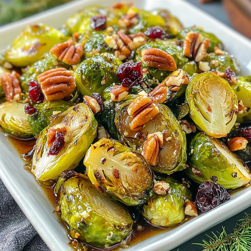 - 1 lb Brussels sprouts, trimmed and halved - 3 tablespoons olive oil - 2 tablespoons pure maple syrup - 1 tablespoon Dijon mustard - 1 teaspoon garlic powder - 1 teaspoon salt - ½ teaspoon black pepper - ¼ cup pecans, roughly chopped - ¼ cup dried cranberries This dish starts with fresh Brussels sprouts. I love using them because they are rich in nutrients. You will need one pound, trimmed and halved. Next, you’ll use three tablespoons of olive oil. Olive oil adds a nice flavor and helps the sprouts roast well. You will add two tablespoons of pure maple syrup. The maple syrup gives a sweet touch that balances the mustard. For a tangy kick, include one tablespoon of Dijon mustard. It adds a great depth of flavor. Add one teaspoon of garlic powder for a nice aroma and taste. To enhance the flavor, include one teaspoon of salt and half a teaspoon of black pepper. These spices make the dish even better. Lastly, for some crunch, use one-quarter cup of roughly chopped pecans. Their nutty flavor pairs well here. You will also need one-quarter cup of dried cranberries. They add sweetness and a pop of color to the dish. Gather these ingredients to make this tasty Maple Dijon Brussels Sprouts dish! {{ingredient_image_1}} 1. Preheat oven to 400°F (200°C). This helps the sprouts roast perfectly. 2. Create the dressing in a mixing bowl. Mix 3 tablespoons of olive oil, 2 tablespoons of pure maple syrup, 1 tablespoon of Dijon mustard, 1 teaspoon of garlic powder, 1 teaspoon of salt, and ½ teaspoon of black pepper. 3. Coat Brussels sprouts with the dressing. Take 1 pound of trimmed and halved Brussels sprouts and add them to the bowl. Toss them well until fully coated. 1. Spread Brussels sprouts on a baking sheet. Use parchment paper for easy cleanup. Make sure they are in a single layer. 2. Scatter pecans and roast. Add ¼ cup of roughly chopped pecans on top of the sprouts, then place the baking sheet in the oven. Roast for 20-25 minutes. Toss halfway through to cook evenly. 3. Toss in cranberries post-roasting. Once roasted, take them out and mix in ¼ cup of dried cranberries. This adds a nice touch of sweetness. - Suggestions for pairing with proteins. These Brussels sprouts go great with chicken, pork, or fish. They add flavor and color to any plate. - Ideas for incorporating into salads. Add the roasted sprouts to your favorite salad. They work well with spinach, goat cheese, and a light vinaigrette. This dish not only tastes amazing but also looks great on your table. Enjoy making it! To get perfect caramelization, start with dry Brussels sprouts. Moisture can prevent browning. Also, spread them out on the baking sheet. This allows heat to circulate around each sprout. Roasting at 400°F works well. It cooks them fast while giving time for the sugars to caramelize. Toss them halfway through cooking. This ensures even browning and cooking. For visual appeal, transfer the Brussels sprouts to a colorful serving dish. Sprinkle some chopped pecans and cranberries on top. This adds nice color and texture. If you want to impress guests, serve them alongside roasted meats or in a hearty salad. They make any meal feel special. Try adding spices like paprika or cayenne for a kick. You can use fresh herbs, too, like thyme or rosemary. These enhance the dish without overpowering it. If you want a nutty crunch, consider using walnuts or almonds instead of pecans. Each nut brings a different flavor and texture. Pro Tips Freshness Matters: For the best flavor and texture, choose Brussels sprouts that are firm and bright green. Avoid any that are yellowing or wilting. Chop Evenly: Halve the Brussels sprouts as evenly as possible to ensure they cook uniformly and caramelize nicely. Customize the Nuts: Feel free to swap the pecans for walnuts or almonds depending on your preference or what you have on hand. Make it Ahead: You can prepare the dressing and trim the Brussels sprouts a day in advance. Just store them separately in the fridge until you're ready to roast. {{image_2}} For a vegan option, replace the honey with agave syrup. This swap keeps the dish sweet and plant-based. You can also use vegan mustard to keep it dairy-free. For gluten-free adjustments, check your Dijon mustard label. Most brands are gluten-free, but some may contain gluten. Always confirm before using. You can swap maple syrup for agave nectar or honey if you prefer. For Dijon mustard, try yellow mustard or whole grain mustard for a different taste. If Brussels sprouts aren’t your favorite, you can use green beans or broccoli. Both will work well with the same dressing. You can serve these Brussels sprouts with different cuisines. Pair them with roasted chicken for a classic meal. For a Mediterranean twist, serve them with grilled lamb and a side of Greek salad. If you want to meal prep, roast a big batch. Store them in the fridge for up to four days. They taste great cold in salads or warm as a side dish. To keep your Maple Dijon Brussels sprouts fresh, store leftovers in the fridge. Place them in an airtight container. This helps keep moisture in and air out, which keeps the flavors intact. - Use glass or plastic containers with tight-fitting lids. - If you do not have a container, wrap the sprouts in plastic wrap securely. You want to reheat these Brussels sprouts without losing their great taste and texture. The best way is to use the oven. - Preheat your oven to 350°F (175°C). - Spread the sprouts on a baking sheet and cover them with foil. - Heat for about 10-15 minutes, checking for warmth. If you want to refresh them more, give them a quick toss in a little olive oil before reheating. This adds moisture and helps them crisp up again. You can freeze Maple Dijon Brussels sprouts, but they might change a bit in texture. To freeze them: - Let the sprouts cool fully after cooking. - Spread them on a baking sheet and freeze for about an hour. - Once frozen, transfer them to a freezer-safe bag or container. To thaw, place them in the fridge overnight. For quick thawing, use the microwave on a low setting. Reheat them in the oven for the best results. What can I serve with Maple Dijon Brussels Sprouts? You can serve Maple Dijon Brussels sprouts with many meals. They pair well with chicken, fish, or pork. You can also add them to a salad for a crunchy touch. They add color and flavor to any plate. How can I make this dish spicier? To add heat, mix in red pepper flakes or cayenne pepper. You can also stir in some hot sauce with the dressing. Adjust the amount to match your taste. Are Brussels sprouts healthy? Yes, Brussels sprouts are very healthy. They are low in calories and high in fiber. They also provide vitamins C and K. Eating them can support your immune system and bone health. What is the nutritional information per serving? Each serving (about 1 cup) has roughly: - Calories: 200 - Protein: 4g - Carbs: 25g - Fat: 10g - Fiber: 4g These values may vary based on the specific ingredients used. How long does it take to roast Brussels sprouts? Roasting Brussels sprouts takes about 20 to 25 minutes. This time can change based on your oven and the size of the sprouts. Be sure to toss them halfway through for even cooking. Can I double the recipe for a larger gathering? Yes, you can easily double the recipe. Just make sure to use a larger baking sheet. Spread the sprouts out in a single layer. This way, they will roast evenly and get nice and crispy. This blog post covers the tasty Maple Dijon Brussels Sprouts recipe. You learned about key ingredients, preparation steps, and roasting tips. I shared ways to make the dish visually appealing and tasty. You found variations for different diets and how to store leftovers. Now, you can impress friends and family with this simple recipe. Enjoy your cooking!
