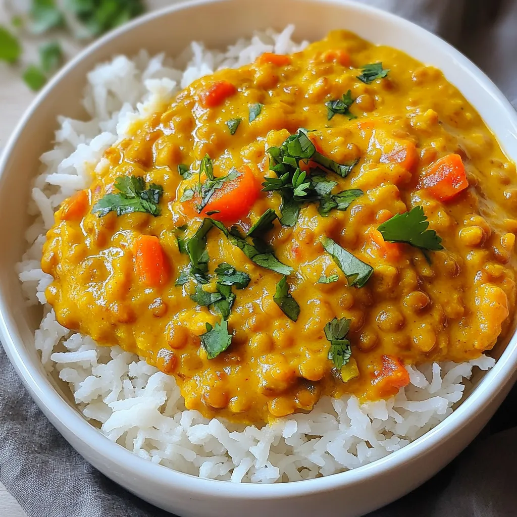 To make a creamy coconut lentil curry, gather these simple ingredients: - 1 cup red lentils, rinsed - 1 can (400ml) coconut milk - 1 medium onion, finely chopped - 3 cloves garlic, minced - 1-inch piece ginger, grated - 1 medium carrot, diced - 1 bell pepper, chopped - 2 cups vegetable broth - 1 tablespoon curry powder - 1 teaspoon turmeric powder - 1 teaspoon cumin seeds - 1 tablespoon olive oil - Salt and pepper to taste - Fresh coriander, chopped (for garnish) Each ingredient plays a key role in creating a rich, flavorful dish. Red lentils are the star, providing protein and texture. Coconut milk brings creaminess and a hint of sweetness. The onion, garlic, and ginger add depth. Carrots and bell peppers bring color and crunch. Spices like curry powder and turmeric give warmth and vibrant flavor. Cumin seeds add an earthy note. Olive oil is perfect for sautéing all those fresh ingredients. Finally, seasoning with salt and pepper enhances the overall taste. With these ingredients, you can create a dish that is both hearty and satisfying. {{ingredient_image_1}} - Sautéing the spices Start by heating olive oil in a large pot over medium heat. Add cumin seeds and sauté them for about 30 seconds. You want them to smell fragrant. This step wakes up the spices and sets the base for your dish. - Cooking the vegetables Next, toss in the finely chopped onion, minced garlic, and grated ginger. Cook these for about 5 minutes until the onion turns clear. This mix adds sweetness and depth to your curry. After that, add the diced carrot and chopped bell pepper. Cook for another 3 to 4 minutes, letting the veggies soften a bit. - Combining lentils and liquids Now, it's time to add the rinsed red lentils. Pour in the vegetable broth and the can of coconut milk. Stir everything well to combine. The creamy coconut milk gives richness to the curry. Bring the mixture to a gentle simmer. - Simmering the curry Lower the heat and cover the pot. Let it cook for 20 to 25 minutes. Stir occasionally to keep the lentils from sticking. Once the lentils are tender, season with salt and pepper to taste. If the curry is too thick, just add a bit of water or broth. Finally, let it sit covered for 5 minutes to thicken slightly before serving. Enjoy your delicious curry over rice or with naan! How to avoid mushy lentils To keep your lentils firm, rinse them well before cooking. Add them to the pot with liquid right away. Avoid overcooking them. Check for tenderness around 20 minutes. Best oils for sautéing I recommend using olive oil for this recipe. It adds a nice flavor and works well with spices. You can also use coconut oil for an extra coconut taste. Adjusting spice levels If you like spice, add more curry powder or a pinch of cayenne. For milder curry, reduce the curry powder. You can always taste as you cook to find the right balance. Ideal accompaniments: rice or naan Serve your creamy coconut lentil curry over fluffy rice or with warm naan. Both options soak up the sauce well and enhance the meal. Garnish options for extra flavor Top your curry with fresh coriander for a burst of flavor. You can also sprinkle some lime juice for brightness. A dollop of yogurt can add creaminess too. Pro Tips Soak Lentils for Extra Creaminess: Soaking the lentils for 30 minutes before cooking can help them cook faster and achieve a creamier texture. Customize Your Spices: Feel free to adjust the spices according to your taste preferences. Adding a pinch of cayenne can give it a nice kick! Add Fresh Vegetables: Incorporating seasonal vegetables like spinach or kale at the end of cooking adds nutrition and vibrant color to your curry. Serve with Fresh Sides: Pair your curry with fresh naan or steamed rice, and a side of cucumber salad for a refreshing contrast. {{image_2}} If you are looking for gluten-free options, this creamy coconut lentil curry is a great choice. Lentils are naturally gluten-free. Make sure to check the vegetable broth for any gluten. Most brands are safe, but it’s best to read the label. For those who eat vegan or vegetarian, you’re in luck! This dish is already vegan. The coconut milk adds a rich taste without any animal products. You can serve it with rice or naan for a full meal. You can easily swap out vegetables in this recipe. If you don’t have a carrot, try using sweet potatoes or zucchini. These add nice flavors and textures. Bell peppers can also be replaced with green beans or peas. Feel free to get creative! If you need dairy-free milk options, coconut milk is perfect. However, you can also use almond milk or oat milk. Just keep in mind that the taste will change. Choose a milk that you enjoy. To keep your creamy coconut lentil curry fresh, let it cool first. Place it in an airtight container. This helps keep out air and moisture. You can store it in the fridge for up to five days. If you want to keep it longer, freeze it. Use freezer-safe containers for best results. Label the container with the date. When you're ready to enjoy leftovers, reheat your curry gently. The best way is to use a pot on low heat. Stir it often to prevent it from sticking. You can also microwave it. Use a microwave-safe bowl and cover it with a lid. Heat it in short bursts, stirring in between. If it’s too thick, add a little water or broth. Enjoy your warm and flavorful meal! Can I freeze creamy coconut lentil curry? Yes, you can freeze this curry. Just cool it first and place it in an airtight container. It will stay good for about three months. When you want to eat it, thaw it in the fridge overnight. Then, reheat it slowly on the stove or in the microwave. How spicy is this recipe? This recipe is mild. The spices add flavor, not heat. If you want more spice, add some chili powder or fresh chili. Start with a small amount and taste it to see if you like it. What are the health benefits of lentils? Lentils are very healthy. They are high in protein and fiber. They also have many vitamins and minerals. Eating lentils can help with digestion and keep you full longer. This makes them a great choice for a balanced meal. How long does it take to cook lentils? Cooking lentils takes about 20 to 25 minutes. Make sure to rinse them before cooking. They cook quickly and become soft, which is perfect for this creamy curry. Stir them occasionally to avoid sticking to the pot. This blog post shared a simple, tasty coconut lentil curry recipe. You learned about the key ingredients like lentils, spices, and coconut milk. I provided clear steps for cooking and tips to avoid mushy lentils. Variations cater to different diets, ensuring everyone can enjoy this dish. In summary, cooking should be fun and flavorful. Experiment with the recipe to make it your own. Happy cooking!