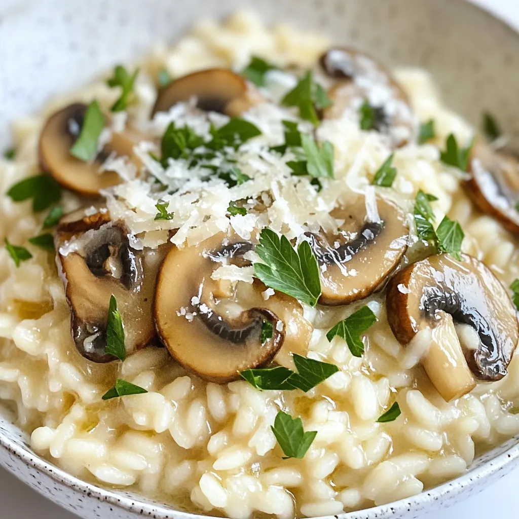 To make the creamy mushroom risotto, you need fresh and simple ingredients that work well together. Here’s your list: - 1 cup Arborio rice - 4 cups vegetable broth - 1 cup mushrooms, sliced (such as cremini or shiitake) - 1 small onion, finely chopped - 2 cloves garlic, minced - 1/2 cup grated Parmesan cheese - 1/4 cup heavy cream - 2 tablespoons olive oil - 1 tablespoon butter - Salt and pepper to taste - Fresh parsley, chopped for garnish Each ingredient plays a key role in creating the rich, creamy flavor. Arborio rice gives that nice texture, while mushrooms add earthiness. The broth brings depth, and cheese adds a savory touch. Using fresh parsley at the end makes the dish pop with color and flavor. Gather these items before you start cooking. It makes the process easier and more fun. Trust me, this risotto is worth every step! {{ingredient_image_1}} First, heat 4 cups of vegetable broth in a saucepan. Turn the heat to medium. Wait until it starts to simmer. This step is key for a good risotto. You want the broth warm, so keep it on low heat while you cook. In a large skillet, add 2 tablespoons of olive oil and 1 tablespoon of butter. Heat them over medium heat. Next, add 1 small chopped onion. Cook it for about 3 to 4 minutes until it is soft and clear. Then, add 2 cloves of minced garlic and 1 cup of sliced mushrooms. Stir and cook for about 5 to 7 minutes. You want the mushrooms to get soft and brown. This mix gives the risotto a deep, rich flavor. Now, it’s time to toast the rice. Add 1 cup of Arborio rice to the skillet. Stir well to coat the rice with the oil and flavor. Toast the rice for about 1 to 2 minutes. This step helps the rice stay firm. After toasting, you will add the warm broth. Pour in one ladle at a time. Stir often, letting the rice absorb the broth before adding more. This will take about 18 to 20 minutes. Keep an eye on the texture. You want it creamy and slightly firm, called al dente. Once the rice is ready, lower the heat. Stir in 1/2 cup of grated Parmesan cheese and 1/4 cup of heavy cream. Mix well until it is creamy. Season with salt and pepper to taste. Let it sit for a minute before serving. To make creamy mushroom risotto, stirring is key. Stirring helps release the starch from the Arborio rice. This starch gives the risotto its smooth texture. You want to stir often. It keeps the rice from sticking and helps it cook evenly. Also, use warm broth. Adding cold broth slows down cooking. This can lead to uneven texture. Keep your broth on low heat while you cook. This way, the rice absorbs the broth well. Presentation makes your dish shine. Serve risotto in shallow bowls. This allows the creamy texture to stand out. Drizzle a bit of olive oil on top for a glossy finish. Add extra Parmesan for flavor. Fresh parsley adds color and freshness. Sprinkle it right before serving. Watch out for overcooking the rice. Risotto should be al dente, meaning it has a slight bite. If you cook it too long, it turns mushy. Also, don’t add too much broth at once. Adding one ladle at a time lets the rice absorb the liquid. This keeps your risotto creamy and prevents it from getting too soupy. Pro Tips Use Fresh Mushrooms: Fresh mushrooms will provide a more robust flavor and better texture compared to canned or dried varieties. Stir Constantly: Frequent stirring helps release the starch from the rice, creating that signature creamy texture in risotto. Warm Broth is Key: Always use warm broth to maintain the cooking temperature, which helps the rice cook evenly and absorb flavors. Rest Before Serving: Let the risotto rest for a minute after cooking; this allows the flavors to meld and the texture to settle for the perfect serving. {{image_2}} You can change up the mushrooms for a new taste. Try using cremini, shiitake, or even portobello. Each type gives a unique flavor. You might also think about adding protein. Chicken or shrimp works great in this dish. Just sauté them with the onions before adding the rice. Herbs and spices can really brighten your risotto. Fresh thyme or rosemary adds a lovely touch. A pinch of nutmeg can also bring warmth. As for cheese, Parmesan is classic, but you can swap it out for Gruyère or even a vegan cheese. Each cheese gives a different depth of flavor. If you want a vegan risotto, skip the cheese and cream. Use coconut cream or cashew cream instead. For gluten-free risotto, just ensure your broth is gluten-free. Arborio rice is naturally gluten-free, so you are good there! These options let everyone enjoy this comforting dish. To store leftover risotto, let it cool down first. Then, place it in an airtight container. This helps keep the flavors fresh. You can store it in the fridge for up to three days. Make sure to label the container with the date. This way, you’ll know when to use it. The best methods for reheating risotto are in a skillet or the microwave. If using a skillet, add a splash of broth or water. Stir it over medium heat until warm. This helps restore the creamy texture. If you use a microwave, place the risotto in a bowl. Add a little broth or water, cover it with a damp paper towel, and heat in short bursts. Stir between each burst. This keeps the risotto from drying out. Yes, you can freeze risotto, but it may change texture. To freeze, let it cool completely, then place it in a freezer-safe container. Leave some space at the top for expansion. Before freezing, think about the ingredients. Creamy risotto with dairy may not thaw well. You might want to leave out the cream and cheese until reheating. This helps maintain its rich flavor and texture. Creamy mushroom risotto lasts about 3 to 5 days in the fridge. To keep it fresh, store it in an airtight container. Always let it cool before sealing. When you’re ready to eat, check for any off smells or colors. If it looks and smells good, it’s likely safe to eat. Yes, you can use other types of rice, but Arborio is best. You can try Carnaroli or Vialone Nano rice, which also work well. If you want a different texture, you can use long-grain rice. However, the creaminess might not be the same. Each type will give a different taste and feel to your risotto. Mushroom risotto pairs well with many side dishes. A simple green salad adds crunch and freshness. Grilled vegetables can bring extra flavor. You can also serve it with garlic bread for a hearty meal. If you want protein, roasted chicken or shrimp work great too. These options make your meal feel complete and satisfying. In this blog post, we explored how to make creamy mushroom risotto. We covered the key ingredients, step-by-step instructions, and tips to perfect the dish. Remember to keep your broth warm and stir often. Also, feel free to add your favorite herbs or proteins for a personal touch. Avoid common mistakes, like adding too much broth too fast. With these tips, you’ll create a delicious risotto every time. Enjoy cooking and share your tasty results!