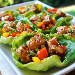 - 1 lb boneless, skinless chicken thighs - Soy sauce, honey, rice vinegar, and sesame oil - Fresh vegetables: bell pepper, carrot, green onion, and lettuce The main ingredients for Teriyaki Chicken Lettuce Cups are simple yet flavorful. I use boneless, skinless chicken thighs for their juicy texture. They soak up the marinade beautifully. The sauce combines soy sauce, honey, rice vinegar, and sesame oil. This mix gives the chicken its sweet and savory taste. Fresh vegetables add crunch and color. I love using bell peppers and carrots for their vibrant hues. They also bring a nice crunch to each bite. Green onions add a mild onion flavor, enhancing the dish. - Sesame seeds - Additional toppings like cucumbers or cherry tomatoes For garnishes, sesame seeds add a nutty crunch. You can also add slices of cucumber or cherry tomatoes. These add freshness and make the dish pop. They also make your dish look lovely on the table. {{ingredient_image_1}} To start, you need to make the teriyaki marinade. In a medium bowl, combine these ingredients: - 3 tablespoons soy sauce - 2 tablespoons honey - 1 tablespoon rice vinegar - 1 tablespoon sesame oil - 2 cloves garlic, minced - 1 tablespoon fresh ginger, minced Stir well to mix all the flavors together. This marinade gives the chicken a sweet and savory taste. Next, add 1 pound of diced chicken thighs to the marinade. Toss the chicken to coat it well. Let it sit for at least 15 minutes. For better flavor, you can marinate it for up to 1 hour in the refrigerator. This step helps the chicken absorb the tasty marinade. Now it's time to cook! Heat a large skillet over medium-high heat. Add the marinated chicken along with all the marinade. Cook for about 8 to 10 minutes. Stir occasionally until the chicken is cooked through and slightly caramelized. Once the chicken is ready, add in 1 diced bell pepper and 1 grated carrot. Stir for another 2 to 3 minutes. You want the veggies to be tender but still crisp. To serve, take a leaf of butter or romaine lettuce. Spoon a generous amount of the teriyaki chicken mixture into the center of the leaf. This makes a fun and tasty wrap. For a nice touch, sprinkle some sesame seeds on top for extra crunch and flavor. Enjoy your delicious Teriyaki Chicken Lettuce Cups! To make your teriyaki chicken even tastier, let it marinate longer. I suggest you marinate it for at least 30 minutes. This gives the chicken time to soak up the flavors. If you have time, try marinating it for up to an hour. This way, the soy sauce, honey, and ginger will really shine. When cooking chicken, make sure to use medium-high heat. This helps the chicken brown nicely. Stir often while it cooks to avoid burning. Cook it until the chicken is golden and cooked through, which usually takes about 8-10 minutes. This step makes sure your chicken is juicy and flavorful. Presentation is key when serving. I like to arrange the filled lettuce cups on a large platter. It looks beautiful and inviting. Add some thinly sliced cucumbers or cherry tomatoes around the cups for extra color. A sprinkle of sesame seeds on top adds a nice crunch and makes your dish pop! Pro Tips Marinating Time: For the best flavor, marinate the chicken for at least 1 hour in the refrigerator. This allows the chicken to absorb the teriyaki flavors deeply. Texture Matters: Ensure the chicken is evenly diced to promote uniform cooking and tenderness. This will also help in achieving a nice caramelization. Fresh Vegetables: Use fresh, crisp vegetables like bell peppers and carrots for added texture and flavor. You can also experiment with other vegetables like snap peas or water chestnuts. Serving Suggestions: Serve the lettuce cups with a side of rice or quinoa for a heartier meal. You can also add a spicy dipping sauce for an extra kick! {{image_2}} You can switch up the main protein in this recipe. Try using ground turkey or beef. Both options work well with the teriyaki flavor. If you prefer a plant-based choice, tofu is a fantastic substitute. Just use firm tofu, and crumble it into the pan. Cook it like you would the chicken. Each alternative brings its own unique taste to the dish. For a vegetarian or vegan option, you can use chickpeas or tempeh. Chickpeas add a hearty texture, while tempeh absorbs flavors well. Marinate them just like the chicken. This keeps the dish flavorful and satisfying. You can also add more veggies, like mushrooms or zucchini, for extra nutrition. Experiment with different sauces to change the flavor profile. You might add sriracha for heat or hoisin for sweetness. Mixing in some lime juice can add a fresh zing. You can also try adding spices like five-spice powder or smoked paprika. Each twist will give your teriyaki chicken a new life, making it even more fun to enjoy. To keep your teriyaki chicken lettuce cups fresh, store them properly. Place any leftover chicken in an airtight container. If you have filled cups, store the chicken and lettuce separately. This prevents the lettuce from wilting. You can keep the chicken in the fridge for up to three days. Use the lettuce within two days for the best crunch. When you’re ready to eat again, reheating is easy. For the chicken, place it in a skillet over medium heat. Add a splash of water or broth to keep it moist. Stir until hot, about 5 minutes. Avoid using the microwave, as it can make the chicken tough. If you have leftover lettuce, use fresh leaves for serving. You can freeze the marinated chicken for later use. Place the diced chicken in a freezer-safe bag. Squeeze out excess air and seal the bag. You can freeze it for up to three months. When ready to cook, thaw it in the fridge overnight. Then follow the cooking steps as usual. Yes, you can. While butter or romaine lettuce works best, you can try: - Iceberg lettuce for a crunchy bite. - Boston lettuce for a softer texture. - Green leaf lettuce for a mild flavor. Each type adds a unique twist to your Teriyaki Chicken Lettuce Cups. To make Teriyaki Chicken Lettuce Cups gluten-free, you can use: - Gluten-free soy sauce or tamari instead of regular soy sauce. - Ensure that other ingredients, like honey and rice vinegar, are gluten-free. These swaps keep the flavor while catering to gluten-free diets. Many sides enhance this dish. Here are some tasty options: - Steamed jasmine rice for a filling meal. - Cucumber salad for a refreshing crunch. - Stir-fried vegetables to complement the main dish. These sides add variety and balance to your meal, making it even more enjoyable. This post covered how to make tasty Teriyaki Chicken Lettuce Cups. You learned about key ingredients, marinade steps, and cooking techniques. Plus, I shared tips for flavor and presentation. Don't forget the many variations and storage tips to keep your meal fresh. Try mixing proteins or adding different sauces for a twist. With this recipe, you can impress friends and family. Enjoy a healthier, fun meal that fits all tastes!