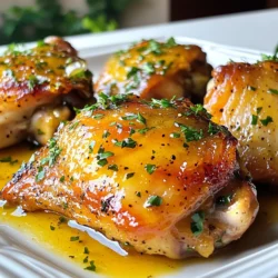 To make honey mustard chicken thighs, you need to gather a few simple ingredients. Here is the list: - 4 bone-in, skin-on chicken thighs - 1/4 cup honey - 1/4 cup Dijon mustard - 2 tablespoons olive oil - 1 tablespoon apple cider vinegar - 2 cloves garlic, minced - 1 teaspoon dried thyme - Salt and pepper to taste - Fresh parsley for garnish Each ingredient plays a key role in making this dish flavorful and juicy. The chicken thighs provide a rich, tender base. Honey adds sweetness, while Dijon mustard gives a nice tang. Olive oil helps keep the chicken moist. Apple cider vinegar adds a bit of zest. Garlic and thyme bring depth to the flavor. Lastly, salt and pepper enhance everything, and parsley brightens the dish for a beautiful finish. Feel free to experiment with these ingredients. You can adjust the honey or mustard to suit your taste. {{ingredient_image_1}} First, grab a medium bowl. Add 1/4 cup honey and 1/4 cup Dijon mustard. Then, pour in 2 tablespoons of olive oil. Next, add 1 tablespoon of apple cider vinegar. Toss in 2 cloves of minced garlic and 1 teaspoon of dried thyme. Finally, season with salt and pepper to taste. Whisk these ingredients together until they blend well. This marinade is key for flavor. Marinating gives the chicken time to soak up those tasty flavors. Aim for at least 30 minutes. If you have more time, marinate for up to 2 hours in the fridge. Now, take your chicken thighs. Pat them dry using paper towels. This step helps the skin get crispy when cooked. Place the chicken thighs in a baking dish. Pour the honey mustard marinade over the chicken. Make sure each piece is well coated. Use your hands to massage the marinade into the meat. This ensures the chicken absorbs all those great flavors. Next, preheat your oven to 400°F (200°C). Once heated, place the baking dish in the oven. Bake the chicken for 35-45 minutes. The chicken is ready when it reaches an internal temperature of 165°F (75°C). Check this with a meat thermometer. For extra flavor, baste the chicken with the marinade every 15 minutes. This keeps the chicken juicy and adds a rich glaze. When the chicken is done, take it out of the oven. Let it rest for 5 minutes before serving. This helps the juices settle, making each bite tender and flavorful. To get crispy skin on your chicken thighs, follow these steps: - Pat the chicken thighs dry with paper towels. This helps remove extra moisture. - Preheat your oven to 400°F (200°C). A hot oven crisps the skin well. - Bake the chicken in a single layer. Leave space between each piece for even heat. - Baste the chicken with the marinade halfway through cooking. This adds flavor and moisture. Let the chicken rest for five minutes after baking. Resting helps keep the juices inside. This makes the meat more tender and juicy. Want to boost the flavor of your dish? Here are some ideas: - Add fresh herbs like rosemary or thyme. They bring a lovely aroma and taste. - Try spices like paprika or cayenne pepper for a kick. A little goes a long way! - The longer you marinate the chicken, the better it tastes. Aim for at least 30 minutes. If you can, marinate for up to two hours in the fridge. This allows the flavors to soak in deeply. Pro Tips Marinate Longer for More Flavor: For the best flavor, marinate the chicken thighs for at least 2 hours or overnight in the refrigerator. This allows the honey mustard mixture to penetrate the meat, resulting in a more flavorful dish. Use a Meat Thermometer: To ensure perfectly cooked chicken, use a meat thermometer to check that the internal temperature reaches 165°F (75°C). This guarantees that the chicken is cooked through while remaining juicy. Get Crispy Skin: For extra crispy skin, broil the chicken thighs for the last 2-3 minutes of cooking. Keep an eye on them to prevent burning while achieving that golden-brown perfection. Experiment with Herbs: Feel free to customize the recipe by adding fresh or dried herbs such as rosemary or oregano along with the thyme. This can elevate the flavor profile of the dish even further. {{image_2}} You can use different cuts of chicken for this dish. Boneless or skinless chicken thighs work well. They cook faster than bone-in pieces. If you choose these cuts, reduce your cooking time by about 10 to 15 minutes. Always check the internal temperature. It should reach 165°F (75°C) to be safe. You can add a spicy kick to your honey mustard chicken. Sriracha or cayenne pepper gives it heat. Start with a small amount, then taste and adjust. You can also add fruit flavors. Orange juice or pineapple juice mix well with the honey. These add a sweet and tangy twist. Try these variations to keep the dish exciting. To keep your honey mustard chicken thighs fresh, store them in a safe way. First, let the chicken cool to room temperature. Then, place the thighs in an airtight container. You can also use a resealable plastic bag. Make sure to remove as much air as possible. This helps prevent freezer burn. Keep the chicken in the fridge for up to 3 days. If you want to store them longer, freeze them. They can last up to 3 months in the freezer. When reheating, you want to keep the chicken juicy and tasty. The best method is to use an oven. Preheat it to 350°F (175°C). Place the chicken on a baking sheet. Cover it with foil to keep moisture in. Heat for about 15-20 minutes or until warmed through. You can also microwave the chicken, but it may dry out. If using the microwave, place it on a microwave-safe plate. Cover it with a damp paper towel and heat in short bursts. Check often to avoid overcooking. Yes, you can. Many people like using yellow mustard or whole grain mustard. Each type offers a unique flavor. Yellow mustard is milder, while whole grain has a nice texture. You can mix and match to find what you enjoy most. Some great side dishes include roasted vegetables, mashed potatoes, or a fresh salad. Roasted carrots and Brussels sprouts pair well with the chicken’s sweet and tangy taste. You could also serve it with rice or a grain like quinoa for a hearty meal. Check the internal temperature with a meat thermometer. It should reach 165°F (75°C). The skin should be golden brown and crispy. If you cut into the thigh, the juices should run clear. Always let the chicken rest for a few minutes before serving. This blog shared a simple yet tasty recipe for honey mustard chicken thighs. We explored the ingredients you need and how to prepare, bake, and store the dish. Tips for crispy skin and flavor boosts can make a big difference. Experiment with different chicken cuts and flavors for variety. Remember, proper storage keeps leftovers fresh. Enjoy your cooking journey and have fun making this dish your own! It's easy and delicious, and I hope you try it soon.