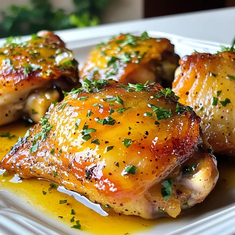 To make honey mustard chicken thighs, you need to gather a few simple ingredients. Here is the list: - 4 bone-in, skin-on chicken thighs - 1/4 cup honey - 1/4 cup Dijon mustard - 2 tablespoons olive oil - 1 tablespoon apple cider vinegar - 2 cloves garlic, minced - 1 teaspoon dried thyme - Salt and pepper to taste - Fresh parsley for garnish Each ingredient plays a key role in making this dish flavorful and juicy. The chicken thighs provide a rich, tender base. Honey adds sweetness, while Dijon mustard gives a nice tang. Olive oil helps keep the chicken moist. Apple cider vinegar adds a bit of zest. Garlic and thyme bring depth to the flavor. Lastly, salt and pepper enhance everything, and parsley brightens the dish for a beautiful finish. Feel free to experiment with these ingredients. You can adjust the honey or mustard to suit your taste. {{ingredient_image_1}} First, grab a medium bowl. Add 1/4 cup honey and 1/4 cup Dijon mustard. Then, pour in 2 tablespoons of olive oil. Next, add 1 tablespoon of apple cider vinegar. Toss in 2 cloves of minced garlic and 1 teaspoon of dried thyme. Finally, season with salt and pepper to taste. Whisk these ingredients together until they blend well. This marinade is key for flavor. Marinating gives the chicken time to soak up those tasty flavors. Aim for at least 30 minutes. If you have more time, marinate for up to 2 hours in the fridge. Now, take your chicken thighs. Pat them dry using paper towels. This step helps the skin get crispy when cooked. Place the chicken thighs in a baking dish. Pour the honey mustard marinade over the chicken. Make sure each piece is well coated. Use your hands to massage the marinade into the meat. This ensures the chicken absorbs all those great flavors. Next, preheat your oven to 400°F (200°C). Once heated, place the baking dish in the oven. Bake the chicken for 35-45 minutes. The chicken is ready when it reaches an internal temperature of 165°F (75°C). Check this with a meat thermometer. For extra flavor, baste the chicken with the marinade every 15 minutes. This keeps the chicken juicy and adds a rich glaze. When the chicken is done, take it out of the oven. Let it rest for 5 minutes before serving. This helps the juices settle, making each bite tender and flavorful. To get crispy skin on your chicken thighs, follow these steps: - Pat the chicken thighs dry with paper towels. This helps remove extra moisture. - Preheat your oven to 400°F (200°C). A hot oven crisps the skin well. - Bake the chicken in a single layer. Leave space between each piece for even heat. - Baste the chicken with the marinade halfway through cooking. This adds flavor and moisture. Let the chicken rest for five minutes after baking. Resting helps keep the juices inside. This makes the meat more tender and juicy. Want to boost the flavor of your dish? Here are some ideas: - Add fresh herbs like rosemary or thyme. They bring a lovely aroma and taste. - Try spices like paprika or cayenne pepper for a kick. A little goes a long way! - The longer you marinate the chicken, the better it tastes. Aim for at least 30 minutes. If you can, marinate for up to two hours in the fridge. This allows the flavors to soak in deeply. Pro Tips Marinate Longer for More Flavor: For the best flavor, marinate the chicken thighs for at least 2 hours or overnight in the refrigerator. This allows the honey mustard mixture to penetrate the meat, resulting in a more flavorful dish. Use a Meat Thermometer: To ensure perfectly cooked chicken, use a meat thermometer to check that the internal temperature reaches 165°F (75°C). This guarantees that the chicken is cooked through while remaining juicy. Get Crispy Skin: For extra crispy skin, broil the chicken thighs for the last 2-3 minutes of cooking. Keep an eye on them to prevent burning while achieving that golden-brown perfection. Experiment with Herbs: Feel free to customize the recipe by adding fresh or dried herbs such as rosemary or oregano along with the thyme. This can elevate the flavor profile of the dish even further. {{image_2}} You can use different cuts of chicken for this dish. Boneless or skinless chicken thighs work well. They cook faster than bone-in pieces. If you choose these cuts, reduce your cooking time by about 10 to 15 minutes. Always check the internal temperature. It should reach 165°F (75°C) to be safe. You can add a spicy kick to your honey mustard chicken. Sriracha or cayenne pepper gives it heat. Start with a small amount, then taste and adjust. You can also add fruit flavors. Orange juice or pineapple juice mix well with the honey. These add a sweet and tangy twist. Try these variations to keep the dish exciting. To keep your honey mustard chicken thighs fresh, store them in a safe way. First, let the chicken cool to room temperature. Then, place the thighs in an airtight container. You can also use a resealable plastic bag. Make sure to remove as much air as possible. This helps prevent freezer burn. Keep the chicken in the fridge for up to 3 days. If you want to store them longer, freeze them. They can last up to 3 months in the freezer. When reheating, you want to keep the chicken juicy and tasty. The best method is to use an oven. Preheat it to 350°F (175°C). Place the chicken on a baking sheet. Cover it with foil to keep moisture in. Heat for about 15-20 minutes or until warmed through. You can also microwave the chicken, but it may dry out. If using the microwave, place it on a microwave-safe plate. Cover it with a damp paper towel and heat in short bursts. Check often to avoid overcooking. Yes, you can. Many people like using yellow mustard or whole grain mustard. Each type offers a unique flavor. Yellow mustard is milder, while whole grain has a nice texture. You can mix and match to find what you enjoy most. Some great side dishes include roasted vegetables, mashed potatoes, or a fresh salad. Roasted carrots and Brussels sprouts pair well with the chicken’s sweet and tangy taste. You could also serve it with rice or a grain like quinoa for a hearty meal. Check the internal temperature with a meat thermometer. It should reach 165°F (75°C). The skin should be golden brown and crispy. If you cut into the thigh, the juices should run clear. Always let the chicken rest for a few minutes before serving. This blog shared a simple yet tasty recipe for honey mustard chicken thighs. We explored the ingredients you need and how to prepare, bake, and store the dish. Tips for crispy skin and flavor boosts can make a big difference. Experiment with different chicken cuts and flavors for variety. Remember, proper storage keeps leftovers fresh. Enjoy your cooking journey and have fun making this dish your own! It's easy and delicious, and I hope you try it soon.