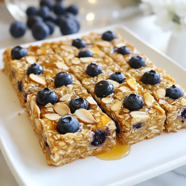 - 1 cup rolled oats - 1/2 cup almond butter - 1/4 cup honey or maple syrup - 1/2 cup almond flour - 1 cup fresh or frozen blueberries - 1/4 cup chopped almonds - 1/2 teaspoon vanilla extract - 1/4 teaspoon sea salt - 1/2 teaspoon cinnamon - Mixing bowls - Baking dish (8x8 inch) - Parchment paper - Spatula - Wire rack For this recipe, I love using simple, whole ingredients. The rolled oats give a hearty base, while almond butter adds a rich, nutty taste. Honey or maple syrup brings just the right amount of sweetness. Almond flour adds a soft texture that works well with the oats. The blueberries are a star here. They burst with flavor and add a pop of color. Chopped almonds give a nice crunch and extra nutrients. Vanilla extract enhances the overall taste, while sea salt and cinnamon balance the sweetness. When you gather these ingredients, make sure they are fresh. Quality matters when you want to create a tasty treat. You can switch some items if you like. For example, try peanut butter instead of almond butter or swap in different fruits. Just keep the main ingredients for the best results. This simple list will help you make these bars quickly. Get your tools ready, and let’s start cooking! {{ingredient_image_1}} - Preheat the oven to 350°F (175°C). - Line an 8x8 inch baking dish with parchment paper. This makes removal easy later. - In a large bowl, combine: - 1 cup rolled oats - 1/2 cup almond flour - 1/2 teaspoon cinnamon - 1/4 teaspoon sea salt - Mix well. This ensures an even blend of dry ingredients. - In another bowl, mix: - 1/2 cup almond butter - 1/4 cup honey (or maple syrup) - 1/2 teaspoon vanilla extract - Stir until smooth. This creates a sweet, nutty base. - Pour the wet mixture into the dry ingredients. - Stir until combined. If it feels thick, add a tablespoon of warm water. - Gently fold in: - 1 cup fresh (or thawed) blueberries - 1/4 cup chopped almonds - Be careful not to break the blueberries. They add great flavor and color. - Transfer the mixture to the prepared baking dish. - Press it down firmly and evenly with a spatula. - Bake for 25-30 minutes. The edges should turn golden. - Once baked, cool in the dish for about 10 minutes. - Lift out the bars using the parchment overhang. - Let them cool completely on a wire rack before cutting. - Mix your dry ingredients well. This helps the bars bake evenly. - Watch your baking time. Every oven is different. Check them at 25 minutes. - Serve these bars on a wooden platter. Add fresh blueberries on top. - Drizzle honey over the bars for a sweet touch. It looks nice and tastes great! - You can add a pinch of nutmeg for extra warmth. It gives a new twist. - Try different nut butters if you like. Peanut butter or cashew butter works well too. Pro Tips Use Fresh Blueberries: For the best flavor and texture, opt for fresh blueberries when in season. They provide a burst of juiciness in every bite. Experiment with Sweeteners: Feel free to substitute honey with agave syrup or coconut nectar for a different flavor profile or to cater to dietary preferences. Customize Your Nuts: While almonds are great, try using walnuts or pecans for a unique taste and added crunch. Store Properly: Keep the bars in an airtight container at room temperature for up to a week or in the refrigerator for longer freshness. {{image_2}} You can easily change up the recipe to suit your taste. Use peanut butter instead of almond butter for a different flavor. This swap gives the bars a rich, nutty taste. You can also switch blueberries for raspberries or cranberries. These fruits add a fun twist and a pop of color. If you need a gluten-free option, make sure to use certified gluten-free oats and almond flour. This small step ensures that everyone can enjoy these tasty bars without worry. To make these bars vegan, simply replace honey with maple syrup. Maple syrup gives the bars a sweet flavor while keeping them plant-based. This change makes the bars perfect for anyone following a vegan diet. To keep your blueberry almond breakfast bars fresh, store them in an airtight container. This will help keep them soft and chewy. You can place them at room temperature for easy access during busy mornings. These tasty bars will last up to a week at room temperature. If you want them to last longer, you can refrigerate them. They will stay fresh for up to two weeks in the fridge. This gives you plenty of time to enjoy them. If you want to save some for later, freezing is a great option. To freeze, wrap each bar in plastic wrap or foil. Place them in a freezer-safe bag or container. When you're ready to enjoy one, simply take it out and let it thaw at room temperature. You can also warm them in the microwave for a few seconds. This brings back their delicious taste and texture. Yes, just ensure they are thawed before adding. Frozen blueberries work well in this recipe. They add moisture and flavor. Plus, they are often picked at peak ripeness. This means they can be just as tasty as fresh ones. You can use sun butter or tahini as a great nut-free option. Both provide a creamy texture. They help bind the bars while adding flavor. Make sure to check for allergies when using these substitutes. These bars are packed with nutrients! They contain oats, which provide fiber. Almond butter adds healthy fats and protein. Blueberries are full of antioxidants. This mix gives a great energy boost for your day. Plus, they are low in refined sugars if you choose maple syrup. Yes, you can add protein powder! Just use a small amount, like 1-2 tablespoons. This will help keep the texture nice and chewy. Mix it in with the dry ingredients for best results. These bars are simple to make and taste great. We covered ingredients, steps, and tips. You can tweak the recipe with your favorite flavors. Keep them fresh in a container or freeze for later. These bars offer healthy energy for your day. Enjoy experimenting with different fruits and nut butters. I hope you enjoy making and sharing these delicious treats!