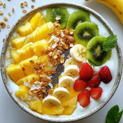 To make a tasty tropical pineapple smoothie bowl, you need: - 1 cup frozen pineapple chunks - 1 ripe banana - 1/2 cup coconut milk (or any milk of choice) - 1/2 cup Greek yogurt (or dairy-free yogurt for vegan option) These ingredients create a creamy base with a bright flavor. The frozen pineapple gives a chill, while the banana adds sweetness and creaminess. Coconut milk adds a tropical touch, and the yogurt makes it rich. You may want to add a sweetener for extra flavor. Consider using: - 1 tablespoon honey or agave syrup (optional) If you prefer a vegan option, choose dairy-free yogurt. Almond, soy, or oat milk are great substitutes for coconut milk. You can adjust the sweetness based on your taste. Toppings can make your smoothie bowl fun and pretty. Try these options: - Sliced fresh fruits (kiwi, strawberries, banana) - Granola - Chia seeds - Shredded coconut - Mint leaves for garnish These toppings add color, texture, and nutrients. Fresh fruits bring more flavor, while granola adds crunch. Chia seeds are packed with fiber, and shredded coconut gives a tropical feel. Finish it off with mint leaves for a nice look and flavor. {{ingredient_image_1}} To start, gather your ingredients. You will need: - 1 cup frozen pineapple chunks - 1 ripe banana - 1/2 cup coconut milk (or any milk of choice) - 1/2 cup Greek yogurt (or dairy-free yogurt for vegan option) - 1 tablespoon honey or agave syrup (optional) Add the frozen pineapple, banana, coconut milk, and Greek yogurt into your blender. If you want a sweeter taste, include honey or agave syrup. Blend these ingredients on high until the mixture is smooth. You may need to scrape down the sides to mix well. If it feels too thick, add more coconut milk a little at a time. For a perfect creamy texture, use frozen fruits. They help chill your smoothie and make it thick. Start blending at a low speed, then increase it. If you notice lumps, stop and scrape the sides. Adding a splash of coconut milk can help it blend easier. Blend until you reach your desired creaminess. Once blended, pour your smoothie into a bowl. Now comes the fun part—adding toppings! You can use: - Sliced fresh fruits (kiwi, strawberries, banana) - Granola - Chia seeds - Shredded coconut - Mint leaves for garnish Arrange these toppings in a fun way. Place the sliced fruits in a line or in clusters. Sprinkle granola and chia seeds over the top for crunch. Finally, add shredded coconut and a few mint leaves for a pop of color. This not only makes your bowl look great but also adds flavor and texture. Enjoy your creation! When picking a pineapple, look for one that feels heavy. It should smell sweet at the base. The skin should be golden and a bit soft when you press it. Avoid pineapples with dark spots or a flat top. Fresh and ripe fruit makes a big difference in taste. To get a creamy smoothie bowl, use frozen pineapple chunks. A ripe banana adds natural sweetness and creaminess too. Blend the fruit with coconut milk and Greek yogurt. Start with less liquid and add more if needed. If it's too thick, just add a splash of milk. Blend until smooth and creamy. You can get creative with flavors! Try adding a scoop of nut butter for richness. A dash of vanilla extract can add warmth. For a tropical twist, mix in some mango or passion fruit. You can also use fresh ginger or lime juice for a zesty kick. Experiment with your favorite fruits to find your perfect blend! Pro Tips Use Frozen Fruits: Frozen pineapple chunks not only make your smoothie bowl icy and refreshing but also save you time on prep. Fresh fruits can work, but the texture won't be as creamy. Adjust Consistency: If your smoothie is too thick, gradually add more coconut milk until you reach your desired consistency. It should be smooth but thick enough to hold your toppings. Layer Flavors: Try adding a splash of lime juice or a teaspoon of vanilla extract for an extra layer of flavor. This can brighten up the taste of your smoothie bowl. Make it a Meal: To turn this smoothie bowl into a more filling meal, consider adding a scoop of protein powder or nut butter into the blender for added nutrients. {{image_2}} You can easily make this smoothie bowl vegan. Just swap Greek yogurt for dairy-free yogurt. Use almond, soy, or oat milk instead of coconut milk. For sweetness, use agave syrup instead of honey. This keeps the flavor bright and fresh. Feel free to mix up the fruits. Try mango or papaya for a tropical twist. You can also add berries for a tart flavor. Blend in spinach or kale for extra nutrients. These changes keep your smoothie bowl exciting and tasty. Use seasonal fruits to keep your bowl fresh. In summer, add peaches or berries. In fall, try apple slices or pumpkin puree. Winter brings citrus fruits like oranges or grapefruits. This way, you enjoy new flavors all year round. To store leftover smoothie bowl, use an airtight container. Place the bowl in the fridge. Consume it within one day for best taste. If it separates, just stir it well before eating. The texture may change, but it will still be tasty. You can freeze leftover ingredients for later use. Cut fresh pineapple into chunks and freeze them. Use a freezer-safe bag to avoid freezer burn. You can also freeze ripe bananas. Peel them first and store in a bag. Frozen fruits are great for smoothies. They keep their flavor and nutrients. To keep toppings fresh, store them separately. Use small containers for fruits, granola, and seeds. Keep them in the fridge. This helps maintain their crunch and flavor. If you have leftover mint, wrap it in a damp paper towel. Store it in a plastic bag for extra freshness. Yes, you can make this smoothie bowl ahead of time. Blend the smoothie base and store it in the fridge. Use an airtight container to keep it fresh. Enjoy it within 24 hours for the best taste. You can also prepare the toppings in advance. Just keep them separate until you're ready to serve. You can use any yogurt in this recipe. Try dairy-free yogurt if you want a vegan option. Almond, soy, or coconut yogurt works well. If you need a low-calorie choice, use non-fat yogurt. These options keep the smoothie creamy and tasty. Yes, this recipe is great for meal prep. You can make several smoothie bowls in advance. Just blend the base and store it in single servings. Add the toppings just before eating. This way, you save time and enjoy a healthy breakfast or snack. You learned how to make a delicious tropical pineapple smoothie bowl. We covered the best ingredients, how to blend for a smooth texture, and fun topping ideas. Remember to choose ripe pineapples for the best taste. You can mix in different fruits or make it vegan too! Store extras properly to enjoy later. This smoothie bowl is easy, fun, and packed with flavor. Dive in and explore your unique twist on this recipe!