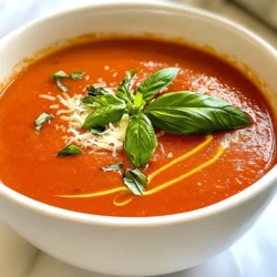 This soup shines with fresh, ripe tomatoes. You need 4 cups of chopped tomatoes or one 28 oz can of whole tomatoes. Fresh basil is key; grab a bunch of basil leaves, tearing some for the soup and saving some for garnish. You will also need 1 medium onion, diced, and 2 cloves of garlic, minced. For the base of the soup, gather these items from your pantry: - 1 cup vegetable broth - 1 tablespoon olive oil - 1 teaspoon sugar - 1 teaspoon salt - 1/2 teaspoon black pepper - 1/2 teaspoon dried oregano These staples help build flavor and depth in the soup. Garnishing adds a nice touch. Use extra freshly grated Parmesan cheese on top for richness. A few reserved basil leaves can brighten up the dish too. Feel free to add a drizzle of olive oil for extra flavor. {{ingredient_image_1}} Start by heating 1 tablespoon of olive oil in a large pot over medium heat. Once hot, add 1 medium diced onion. Cook it for about 5 minutes until it turns soft and clear. This step builds a tasty base for your soup. Next, stir in 2 minced garlic cloves and cook for just 1-2 minutes. Pay close attention here. You want to avoid burning the garlic, as it can make the soup bitter. Now, add the star ingredients. Toss in 4 cups of chopped ripe tomatoes or one 28 oz can of whole tomatoes. Pour in 1 cup of vegetable broth. Add 1 teaspoon of sugar, 1 teaspoon of salt, 1/2 teaspoon of black pepper, and 1/2 teaspoon of dried oregano. Stir everything together. Bring the mix to a boil, then lower the heat and let it simmer for about 20 minutes. This allows the tomatoes to soften and blend their flavors into the broth. After 20 minutes, add a bunch of torn fresh basil leaves and cook for an additional 5 minutes. The aroma will be amazing! Once the tomatoes are tender, it’s time to blend. Use an immersion blender to purée the soup right in the pot until smooth. If you don’t have one, carefully transfer the soup in batches to a regular blender. After blending, return the soup to the pot if needed. Stir in 1 cup of heavy cream and 1/2 cup of freshly grated Parmesan cheese. Heat gently until the cheese melts, making the soup creamy and rich. Finally, taste your soup and tweak the seasoning with more salt or pepper if needed. Serve it hot, topped with extra basil leaves and a sprinkle of Parmesan cheese for that finishing touch. Enjoy your warm bowl of comfort! To make the best soup, start with ripe tomatoes or good canned ones. Fresh tomatoes give great flavor. Look for ones that feel heavy and smell sweet. If you use canned tomatoes, choose whole tomatoes in juice. They often taste better than diced ones. You can also mix types for extra depth. Taste your soup as you cook. You can adjust the salt and pepper to your liking. If it tastes too acidic, add a pinch of sugar. Fresh basil adds brightness, so feel free to use more. If you want some heat, add a pinch of red pepper flakes. Remember, it’s all about what you like! If you want a lighter soup, try using coconut cream instead of heavy cream. It gives a nice flavor and works for vegan diets. You can also use almond milk for a thinner soup. Just remember to add more seasoning, as these options can change the taste. Pro Tips Use Fresh Tomatoes: For the best flavor, use ripe, in-season tomatoes. They will enhance the sweetness of the soup. Adjust Creaminess: You can customize the creaminess by adjusting the amount of cream. For a lighter soup, reduce the cream and add more broth. Enhance Flavor with Herbs: Add fresh herbs like thyme or parsley for an extra layer of flavor, along with the basil. Blend to Preference: If you prefer a chunkier texture, blend only half of the soup and leave the rest unblended for added texture. {{image_2}} You can easily make a vegan version of this soup. Swap the heavy cream for coconut cream. This gives a rich and creamy texture without dairy. Use the same ingredients, but skip the Parmesan cheese. You can add nutritional yeast for a cheesy flavor. This variation keeps the soup hearty and satisfying. If you love heat, spice up your soup. Add red pepper flakes while cooking the onions. You can also toss in fresh jalapeños or serrano peppers. These will give a nice kick to the flavor. Don’t forget to adjust the salt to balance the heat. This spicy version adds a fun twist to the classic recipe. Adding vegetables makes this soup even better. Try adding chopped carrots, bell peppers, or zucchini. Sauté them with the onions for extra flavor. You can even toss in some spinach or kale at the end. This makes the soup more colorful and nutritious. Plus, it’s a great way to sneak in more veggies! After enjoying your soup, store any leftovers in the fridge. Use an airtight container for best results. It will stay fresh for about 3 to 4 days. Make sure to cool the soup to room temperature before sealing it. This helps avoid excess moisture that can lead to spoilage. You can freeze this soup for later use. Pour the cooled soup into freezer-safe bags or containers. Leave some space at the top for expansion. It will keep well for up to 3 months. When you're ready to enjoy it again, just thaw it in the fridge overnight. To reheat, pour the soup into a pot over medium heat. Stir often to avoid sticking. You can also use a microwave. Heat in short bursts, stirring in between. If the soup seems too thick, add a splash of broth or water to reach your desired consistency. Enjoy your warm, comforting bowl! Yes, you can use canned tomatoes. They offer a great flavor and save time. Choose a quality brand for the best taste. A 28 oz can works well. Just drain the juice before adding to the pot. This swap makes the recipe easier without losing flavor. To reduce creaminess, use less heavy cream. You can cut it in half. Try adding more vegetable broth instead. This keeps the soup light and adds more flavor. You can also use a non-dairy milk, like almond or oat milk. This makes the soup vegan and still tasty. Pair this soup with crusty bread. A simple garlic bread is perfect. You can also serve it with a fresh salad. A side of grilled cheese is a classic choice too. These sides enhance the meal and make it more filling. You've learned how to make a tasty Tomato Basil Parmesan Soup. We covered fresh ingredients, pantry staples, and optional garnishes. You now know the steps to sauté, simmer, and blend your soup. We shared tips on choosing tomatoes and adjusting flavors. You can also explore fun soup variations, like vegan or spicy options. Lastly, we discussed how to store leftovers safely. Enjoy your cooking, and remember, a delicious soup warms the heart and soul!
