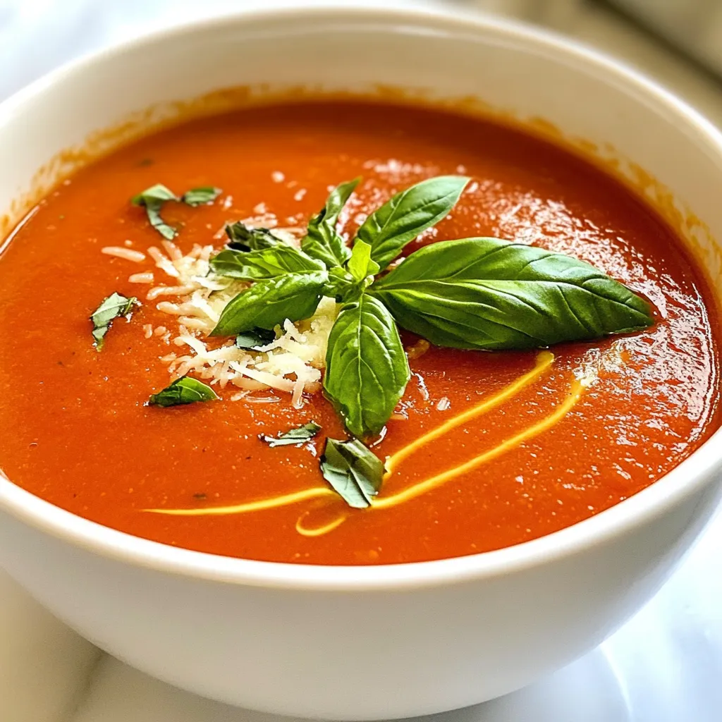 This soup shines with fresh, ripe tomatoes. You need 4 cups of chopped tomatoes or one 28 oz can of whole tomatoes. Fresh basil is key; grab a bunch of basil leaves, tearing some for the soup and saving some for garnish. You will also need 1 medium onion, diced, and 2 cloves of garlic, minced. For the base of the soup, gather these items from your pantry: - 1 cup vegetable broth - 1 tablespoon olive oil - 1 teaspoon sugar - 1 teaspoon salt - 1/2 teaspoon black pepper - 1/2 teaspoon dried oregano These staples help build flavor and depth in the soup. Garnishing adds a nice touch. Use extra freshly grated Parmesan cheese on top for richness. A few reserved basil leaves can brighten up the dish too. Feel free to add a drizzle of olive oil for extra flavor. {{ingredient_image_1}} Start by heating 1 tablespoon of olive oil in a large pot over medium heat. Once hot, add 1 medium diced onion. Cook it for about 5 minutes until it turns soft and clear. This step builds a tasty base for your soup. Next, stir in 2 minced garlic cloves and cook for just 1-2 minutes. Pay close attention here. You want to avoid burning the garlic, as it can make the soup bitter. Now, add the star ingredients. Toss in 4 cups of chopped ripe tomatoes or one 28 oz can of whole tomatoes. Pour in 1 cup of vegetable broth. Add 1 teaspoon of sugar, 1 teaspoon of salt, 1/2 teaspoon of black pepper, and 1/2 teaspoon of dried oregano. Stir everything together. Bring the mix to a boil, then lower the heat and let it simmer for about 20 minutes. This allows the tomatoes to soften and blend their flavors into the broth. After 20 minutes, add a bunch of torn fresh basil leaves and cook for an additional 5 minutes. The aroma will be amazing! Once the tomatoes are tender, it’s time to blend. Use an immersion blender to purée the soup right in the pot until smooth. If you don’t have one, carefully transfer the soup in batches to a regular blender. After blending, return the soup to the pot if needed. Stir in 1 cup of heavy cream and 1/2 cup of freshly grated Parmesan cheese. Heat gently until the cheese melts, making the soup creamy and rich. Finally, taste your soup and tweak the seasoning with more salt or pepper if needed. Serve it hot, topped with extra basil leaves and a sprinkle of Parmesan cheese for that finishing touch. Enjoy your warm bowl of comfort! To make the best soup, start with ripe tomatoes or good canned ones. Fresh tomatoes give great flavor. Look for ones that feel heavy and smell sweet. If you use canned tomatoes, choose whole tomatoes in juice. They often taste better than diced ones. You can also mix types for extra depth. Taste your soup as you cook. You can adjust the salt and pepper to your liking. If it tastes too acidic, add a pinch of sugar. Fresh basil adds brightness, so feel free to use more. If you want some heat, add a pinch of red pepper flakes. Remember, it’s all about what you like! If you want a lighter soup, try using coconut cream instead of heavy cream. It gives a nice flavor and works for vegan diets. You can also use almond milk for a thinner soup. Just remember to add more seasoning, as these options can change the taste. Pro Tips Use Fresh Tomatoes: For the best flavor, use ripe, in-season tomatoes. They will enhance the sweetness of the soup. Adjust Creaminess: You can customize the creaminess by adjusting the amount of cream. For a lighter soup, reduce the cream and add more broth. Enhance Flavor with Herbs: Add fresh herbs like thyme or parsley for an extra layer of flavor, along with the basil. Blend to Preference: If you prefer a chunkier texture, blend only half of the soup and leave the rest unblended for added texture. {{image_2}} You can easily make a vegan version of this soup. Swap the heavy cream for coconut cream. This gives a rich and creamy texture without dairy. Use the same ingredients, but skip the Parmesan cheese. You can add nutritional yeast for a cheesy flavor. This variation keeps the soup hearty and satisfying. If you love heat, spice up your soup. Add red pepper flakes while cooking the onions. You can also toss in fresh jalapeños or serrano peppers. These will give a nice kick to the flavor. Don’t forget to adjust the salt to balance the heat. This spicy version adds a fun twist to the classic recipe. Adding vegetables makes this soup even better. Try adding chopped carrots, bell peppers, or zucchini. Sauté them with the onions for extra flavor. You can even toss in some spinach or kale at the end. This makes the soup more colorful and nutritious. Plus, it’s a great way to sneak in more veggies! After enjoying your soup, store any leftovers in the fridge. Use an airtight container for best results. It will stay fresh for about 3 to 4 days. Make sure to cool the soup to room temperature before sealing it. This helps avoid excess moisture that can lead to spoilage. You can freeze this soup for later use. Pour the cooled soup into freezer-safe bags or containers. Leave some space at the top for expansion. It will keep well for up to 3 months. When you're ready to enjoy it again, just thaw it in the fridge overnight. To reheat, pour the soup into a pot over medium heat. Stir often to avoid sticking. You can also use a microwave. Heat in short bursts, stirring in between. If the soup seems too thick, add a splash of broth or water to reach your desired consistency. Enjoy your warm, comforting bowl! Yes, you can use canned tomatoes. They offer a great flavor and save time. Choose a quality brand for the best taste. A 28 oz can works well. Just drain the juice before adding to the pot. This swap makes the recipe easier without losing flavor. To reduce creaminess, use less heavy cream. You can cut it in half. Try adding more vegetable broth instead. This keeps the soup light and adds more flavor. You can also use a non-dairy milk, like almond or oat milk. This makes the soup vegan and still tasty. Pair this soup with crusty bread. A simple garlic bread is perfect. You can also serve it with a fresh salad. A side of grilled cheese is a classic choice too. These sides enhance the meal and make it more filling. You've learned how to make a tasty Tomato Basil Parmesan Soup. We covered fresh ingredients, pantry staples, and optional garnishes. You now know the steps to sauté, simmer, and blend your soup. We shared tips on choosing tomatoes and adjusting flavors. You can also explore fun soup variations, like vegan or spicy options. Lastly, we discussed how to store leftovers safely. Enjoy your cooking, and remember, a delicious soup warms the heart and soul!