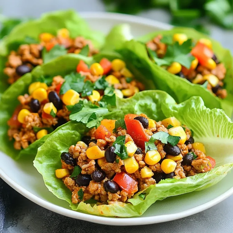 - 1 lb ground turkey - 1 tablespoon Cajun seasoning - 1 teaspoon olive oil - 1 red bell pepper, diced - 1 stalk celery, diced - 1 small onion, finely chopped - 2 cloves garlic, minced - 1 cup corn kernels (fresh or canned) - 1 cup black beans, rinsed and drained - 1 tablespoon lime juice - Salt and pepper to taste - 1 head of iceberg or butter lettuce, leaves separated - Fresh cilantro, for garnish Cajun seasoning adds bold flavor to this dish. It blends spices like paprika, cayenne, and garlic. This mix brings a kick to the turkey. Lime juice adds a fresh, tangy taste that brightens every bite. Together, they make your lettuce wraps pop with flavor. Each serving offers a good balance of protein, fiber, and vitamins. Ground turkey is lean and packed with protein. Black beans add fiber and keep you full. Bell peppers and corn provide vitamins A and C. This dish is low in carbs and high in nutrients, making it both tasty and healthy. {{ingredient_image_1}} Start by gathering all your veggies. You will need 1 red bell pepper, 1 stalk of celery, and 1 small onion. Dice the red bell pepper and celery into small pieces. For the onion, chop it finely. Next, mince 2 cloves of garlic. This mix adds great flavor to your turkey. Set them aside in a bowl. In a large skillet, heat 1 teaspoon of olive oil over medium heat. Once hot, add the chopped onion, garlic, and celery. Sauté these for about 3-4 minutes until they soften. Add 1 pound of ground turkey to the skillet. Cook it until it's browned, which takes about 5-7 minutes. Stir in the diced bell pepper, 1 cup of corn, and 1 cup of black beans. Now, sprinkle in 1 tablespoon of Cajun seasoning and a pinch of salt and pepper. Add 1 tablespoon of lime juice for a zesty touch. Let everything cook for another 5 minutes to blend the flavors. Once your turkey mixture cools a bit, grab a head of iceberg or butter lettuce. Carefully separate the leaves, making sure they stay whole. Now, take a spoonful of the turkey mix and place it in a lettuce leaf. Fold the leaf like a wrap. Repeat this until you use all the turkey mixture. For a final touch, add fresh cilantro on top for extra flavor. Enjoy your Cajun turkey lettuce wraps! For Cajun turkey lettuce wraps, I love using iceberg or butter lettuce. Iceberg gives a nice crunch. Butter lettuce has a soft, sweet taste. Both types hold the filling well. Look for fresh, crisp leaves. Avoid wilted or brown edges. You want your wraps to be fun to eat! You can prepare the turkey filling ahead. Cook it and let it cool. Store it in an airtight container. Keep it in the fridge for up to three days. When you're ready, just spoon it into the lettuce. This makes for a quick meal or snack. Want to boost the flavor? Consider adding diced avocado for creaminess. Fresh jalapeños add heat. Chopped tomatoes or cucumbers give freshness. You can also try a drizzle of ranch or hot sauce. Each adds a unique twist to your wraps. Feel free to mix and match based on your taste! Pro Tips Adjust the Spice Level: If you prefer a milder flavor, reduce the amount of Cajun seasoning or choose a milder blend. You can also add a dollop of sour cream to balance the heat. Choose the Right Lettuce: Butter lettuce is softer and more pliable than iceberg, making it easier to wrap. Consider using romaine for a crunchier texture. Make it Ahead: Prepare the turkey mixture in advance and store it in the fridge. Just assemble the wraps right before serving for a fresh taste. Garnish Creatively: Experiment with different toppings like diced avocados, jalapeños, or a sprinkle of feta cheese to elevate your wraps. {{image_2}} You can swap the ground turkey for plant-based meat. Use 1 pound of lentils or black beans instead. This change keeps the flavor but makes it meat-free. Add extra spices to boost the taste. Try using bell peppers and mushrooms for a hearty texture. You can still use the same Cajun seasoning to keep that great flavor. If you like heat, add chopped jalapeños or a dash of hot sauce. Mix these into the turkey while it cooks. You can also use spicy Cajun sausage instead of ground turkey to ramp up the flavor. This twist gives your wraps a nice kick. Just adjust the seasoning as needed to balance the heat. For a low-carb version, replace the lettuce with cabbage leaves. Cabbage holds up well and gives a nice crunch. You can also skip the beans and corn for fewer carbs. Instead, add more veggies like zucchini or bell peppers. This keeps the wraps light and fresh while still being delicious. You can store leftover Cajun turkey mixture in the fridge. Place it in an airtight container. It will stay fresh for up to three days. Before serving again, check for any off smells or changes in texture. When you want to eat, just scoop it into fresh lettuce leaves. If you want to save the turkey mix for later, freezing works well. Allow it to cool first. Then, transfer it to a freezer-safe bag or container. Make sure to remove as much air as possible. The mixture can stay frozen for up to three months. When you're ready to eat, thaw it in the fridge overnight. To reheat, use a microwave or stovetop. If using a microwave, place the turkey mix in a bowl. Heat it in short bursts, stirring in between. If you prefer the stovetop, warm it in a skillet over low heat. Stir until it's hot all the way through. Always check that it's heated to at least 165°F to be safe. You can use ground chicken or lean beef. Both add great flavor. If you prefer a plant-based option, try crumbled tempeh or lentils. They work well and keep the dish hearty. Just remember to adjust cooking times as needed. Add more Cajun seasoning for an extra kick. You can also include diced jalapeños or a splash of hot sauce. For a smoky flavor, try smoked paprika. These options will heat things up without losing the dish's essence. Yes, you can! Romaine or butter lettuce works great. They provide a nice crunch. You can even use collard greens if you want something sturdier. Each type of lettuce gives a unique taste and texture to your wraps. We explored the key ingredients, step-by-step instructions, and useful tips for making flavorful lettuce wraps. I also shared tasty variations and smart storage advice. With all this info, you can easily create wraps that suit your taste. Try new ingredients or spices to find your favorite mix. This dish is versatile and fun. Enjoy making your own fresh, healthy wraps at home!