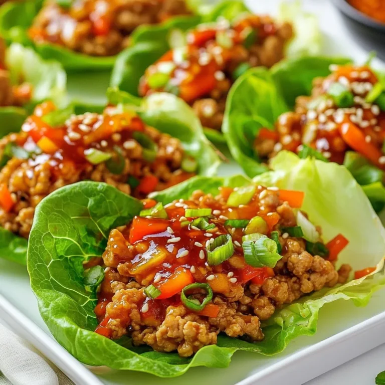- 1 lb ground chicken - 2 tablespoons honey - 3 tablespoons Sriracha sauce (adjust to taste) - 1 tablespoon soy sauce - 1 tablespoon rice vinegar - 1 tablespoon sesame oil - 2 cloves garlic, minced - 1 inch ginger, grated - 1 red bell pepper, diced - 1 carrot, grated - 1 green onion, sliced (for garnish) - 1 head of butter lettuce or romaine lettuce, leaves separated - Sesame seeds (for garnish) - This recipe serves 4. - You can adjust the ingredient amounts as needed for larger or smaller servings. - For two servings, halve the ingredients. - For six servings, simply increase each amount by 1.5 times. {{ingredient_image_1}} To start, you need to mix the honey-Sriracha sauce. In a small bowl, combine: - 2 tablespoons honey - 3 tablespoons Sriracha sauce - 1 tablespoon soy sauce - 1 tablespoon rice vinegar - 1 tablespoon sesame oil Stir these ingredients well until they blend. Set the sauce aside for later. Next, heat a large skillet over medium-high heat. Add in the minced garlic and grated ginger. Sauté them for about 30 seconds until they smell great. This step adds a tasty kick. Then, add 1 pound of ground chicken to the skillet. Cook it for about 5 to 7 minutes. Use a spatula to break it apart as it cooks. You want it browned and cooked through. Now it’s time to add some color and crunch. Stir in: - 1 diced red bell pepper - 1 grated carrot Cook these for about 3 minutes until they start to soften. Next, pour the honey-Sriracha sauce over the chicken and vegetables. Stir everything together to coat well. Cook for another 2 to 3 minutes until heated through. Finally, it’s time to assemble your wraps. Take a lettuce leaf and spoon a generous amount of the chicken mixture into the center. Top with sliced green onions and sprinkle sesame seeds over each wrap for extra flavor. - Ensuring chicken is well-cooked: Make sure to cook the ground chicken until it reaches a safe temperature of 165°F. This will ensure it's safe to eat. Use a meat thermometer if you have one. The chicken should be brown and crumbly, with no pink inside. - Adjusting Sriracha for spice level: You can change how spicy your wraps are by adding more or less Sriracha. Start with a small amount and taste as you go. If you want a milder flavor, reduce the Sriracha. For more heat, add a bit more. - Presentation ideas: Serve your lettuce wraps on a large platter. Arrange them neatly to make them look appealing. You can add some greenery around the platter for a pop of color. - Dipping sauce options: Offer a small bowl of the leftover honey-Sriracha sauce for dipping. You can also add soy sauce or a mix of soy and honey for another flavor option. - Preparation in advance: You can prepare the chicken mixture ahead of time. Cook it and let it cool. Store it in the fridge for up to two days. Just reheat it when you are ready to serve. - Storing the sauce separately: Keep the honey-Sriracha sauce in a separate container. This will keep the flavors fresh. You can store it in the fridge for up to a week. Pro Tips Adjust the Spice Level: Feel free to modify the amount of Sriracha sauce based on your spice tolerance. Start with less and add more gradually to avoid overwhelming heat. Use Fresh Ingredients: Opt for fresh garlic and ginger for a more vibrant flavor. Fresh produce elevates the dish, making it more aromatic and tasty. Experiment with Vegetables: Don’t hesitate to add other vegetables like sliced cucumbers or shredded cabbage for additional crunch and nutrition in your wraps. Perfect Lettuce Selection: Butter lettuce or romaine works best for wraps, but you can also try using other greens like collard greens for a unique twist. {{image_2}} You can switch the ground chicken for ground turkey. Turkey has a milder taste but works well with the sauce. If you prefer a vegetarian option, use tofu. Just press and cube the tofu before cooking. It absorbs flavors nicely and gives a great texture. Feel free to mix up the sauce! You can try hoisin sauce or a spicy chili paste. Adjust the sweetness with more honey or add lime juice for tang. If you like it spicier, add more Sriracha. Taste as you go to find your perfect balance. For extra creaminess, add sliced avocado. It pairs well with the spicy sauce. You can also toss in other veggies like shredded cabbage or sliced cucumbers. These add crunch and color to your wraps. Mix and match to create your favorite combination! To store leftover chicken mixture, let it cool first. Then, place it in an airtight container. Keep it in the fridge for up to three days. This keeps the flavors fresh. When ready to eat, just reheat it in a skillet over medium heat. Stir until it's hot. If you want to freeze the chicken mixture, use a freezer-safe container. Make sure to leave some space at the top. The mixture expands when frozen. It can stay in the freezer for about three months. When you’re ready to use it, thaw it overnight in the fridge. Reheat it in a skillet until hot before serving. For the best taste, eat the chicken mixture within three days if refrigerated. Frozen chicken will taste best if used within three months. Always check for any off smells or changes in color before eating. Proper storage helps keep your meal fresh and delicious! Yes, you can prepare the wraps in advance. Start by cooking the chicken and veggies. Then, cool the mixture completely. Store it in a container in the fridge. You can also wash and separate the lettuce leaves ahead of time. When you are ready to eat, just warm the chicken mixture and assemble the wraps. These wraps go well with many side dishes. Here are some suggestions: - Steamed jasmine rice - Quinoa salad - Crispy vegetable spring rolls - Fresh fruit salad - Edamame beans These pairings add great flavors and textures to your meal. Yes, you can make this recipe gluten-free. Use gluten-free soy sauce instead of regular soy sauce. All other ingredients are naturally gluten-free. This way, everyone can enjoy the spicy sweetness of these wraps! You now know how to make delicious Honey Sriracha Chicken Lettuce Wraps. We covered the main ingredients, how to cook them, and tips for serving. You also learned some fun variations to try out. This dish is easy to customize based on your taste. Remember to store leftovers properly for later enjoyment. With these wraps, you can impress your family or friends. Enjoy the process, and don't be afraid to experiment with your flavors!