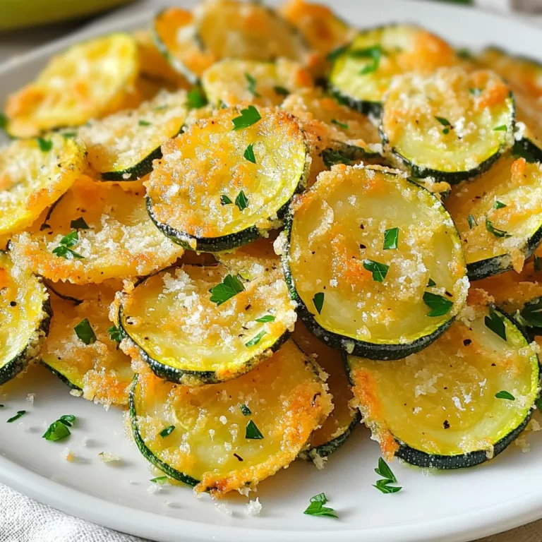 - 2 medium zucchinis - 1/2 cup grated Parmesan cheese - 1 tablespoon olive oil - 1 teaspoon garlic powder - 1 teaspoon onion powder - 1 teaspoon dried oregano - 1/2 teaspoon salt - 1/4 teaspoon black pepper - Fresh parsley, chopped The main ingredients for Garlic Parmesan Zucchini Chips keep it simple yet flavorful. I choose two medium zucchinis, which you can slice thinly. This helps them get that perfect crunch. Next, I use half a cup of grated Parmesan cheese. This cheese adds a rich, salty flavor that pairs well with zucchini. To bring it all together, I drizzle one tablespoon of olive oil. The oil helps the cheese stick and boosts the flavor. Now, for the seasoning ingredients, I mix together one teaspoon each of garlic powder, onion powder, and dried oregano. These spices bring a warm taste that makes the chips irresistible. I also add half a teaspoon of salt and a quarter teaspoon of black pepper. This balance of salt and spice really enhances the zucchini's natural taste. Finally, I like to add a sprinkle of fresh parsley on top after baking. This not only adds color but also a fresh taste that complements the chips. You can skip this step, but I think it makes a big difference! {{ingredient_image_1}} 1. Preheat your oven to 225°F (110°C). This low heat helps the chips get crispy. 2. Line a baking sheet with parchment paper. This makes cleanup easy and keeps chips from sticking. 3. Slice the zucchinis thinly. Aim for even slices about 1/8 inch thick. This helps them cook evenly. 1. In a bowl, combine the grated Parmesan, garlic powder, onion powder, oregano, salt, and black pepper. Stir well to blend all the flavors. 2. Take the zucchini slices and place them in another bowl. Drizzle with one tablespoon of olive oil. Toss gently to coat each slice. 1. Sprinkle the seasoning mixture over the zucchini slices. Toss again to make sure they are well coated. 2. Arrange the zucchini slices in a single layer on the prepared baking sheet. Make sure they do not overlap. 3. Bake in the preheated oven for about 1.5 to 2 hours. Flip the chips halfway through. This helps them crisp evenly. 4. Once they are golden brown and crispy, remove them from the oven. Let them cool slightly on the baking sheet. They will get crunchier as they cool. 5. Garnish with fresh chopped parsley before serving. This adds a nice touch of color and flavor. To get the best crispiness, bake at a low temperature. Setting your oven to 225°F (110°C) allows the zucchini to dehydrate. This step is key for that perfect crunch. Flipping the chips halfway through baking helps them cook evenly. I find this simple step makes a big difference in texture. For uniform slices, use a sharp knife or a mandoline. A mandoline ensures each piece is the same size. This consistency helps the chips cook evenly. Aim for slices about 1/8 inch thick. Thinner slices yield crispier chips, while thicker ones may remain softer. When you serve these chips, presentation matters. A rustic wooden bowl adds charm. You can also arrange them neatly on a platter. For a tasty touch, pair them with a dipping sauce. A garlic aioli works well and enhances the flavor. Enjoy them as a snack or a side dish! Pro Tips Slice Evenly: Ensure zucchini slices are uniform in thickness for consistent baking and crispiness. Use Fresh Parmesan: Freshly grated Parmesan cheese will give a better flavor and texture compared to pre-grated varieties. Monitor Baking Time: Keep an eye on the chips during the last few minutes of baking to prevent burning. Store Properly: Store leftover chips in an airtight container to maintain their crunchiness for a few days. {{image_2}} You can boost the flavor of your Garlic Parmesan Zucchini Chips easily. Adding spices like paprika or cayenne gives a nice kick. Paprika adds a smoky taste, while cayenne brings the heat. You can also try different cheeses. For example, Pecorino Romano or a sharp cheddar can change the taste. Each cheese adds its own unique flavor, making your chips exciting. Herbs can transform your zucchini chips. Try using thyme or rosemary for an earthy flavor. These herbs pair well with the garlic and parmesan. If you want a zesty twist, add lemon zest. It brightens the dish and makes it fresh. A little zest goes a long way in enhancing the taste. Don't limit yourself to just zucchini. You can swap zucchinis with eggplant or sweet potatoes. Eggplants give a rich flavor, while sweet potatoes add a hint of sweetness. You can also create a mixed vegetable chip platter. This way, you can offer different tastes and textures. Mix and match your favorite veggies for a colorful snack. To keep your garlic parmesan zucchini chips fresh, use airtight containers. Glass or plastic containers work well. Place parchment paper between layers to avoid sticking. This helps keep them crispy. If you have a lot, use a larger container. To keep chips crispy, store them at room temperature. Avoid the fridge, as moisture can make them soggy. If you want to, place a paper towel inside the container. This absorbs extra moisture. To reheat, use an oven for the best texture. Preheat it to 350°F (175°C). Spread the chips on a baking sheet. Heat them for about 5 to 7 minutes. This will help make them crispy again. Avoid using the microwave. It makes the chips soggy. If you must use a microwave, use a low setting and check often. Yes, you can freeze zucchini chips! First, let them cool completely. Then, place them in freezer bags. Remove as much air as you can. This helps prevent freezer burn. When you want to eat them, take out the amount you need. Let them thaw in the fridge overnight. For crispy chips, reheat them in the oven after thawing. To make your Garlic Parmesan Zucchini Chips crispier, you need to reduce moisture. Here are some tips: - Salt: Sprinkle salt on the sliced zucchini first. Let it sit for 20 minutes. Rinse and dry the slices. - Thin Slices: Slice zucchini as thin as possible. Thin slices cook more evenly and become crisp. - Low Heat: Bake at a low temperature, like 225°F (110°C). This helps dry them out slowly. Yes, you can use other cheeses! Here are some great substitutes: - Asiago: It has a strong flavor that pairs well with garlic. - Cheddar: Sharp cheddar adds a nice bite. - Nutritional Yeast: Great for a vegan option, giving a cheesy flavor without dairy. Garlic Parmesan Zucchini Chips can last about 3 to 5 days. Store them in an airtight container. To keep them fresh: - Avoid moisture: Make sure they are completely cool before storing. - Keep them dry: Use a paper towel inside the container to absorb any moisture. Yes, this recipe is perfect for meal prep! Here’s how to pack them: - Use small containers: Portion out into snack-sized containers. - Pair with dips: Include a small container of garlic aioli for dipping. - Store in fridge: Keep the chips in the fridge for best flavor and crunch. You now have a clear path to making delicious Garlic Parmesan Zucchini Chips. We covered the main ingredients and steps needed for perfect chips. Remember the tips for getting them crispy and the seasoning options to make them your own. Feel free to experiment with different veggies and flavors. These tips will help you keep chips fresh and tasty. Enjoy your cooking adventure and make snack time fun!