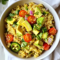 - 1 cup quinoa, rinsed - 2 cups vegetable broth - 1 cup fresh cilantro, chopped - Zest and juice of 2 limes - 1 small red onion, diced - 1 cup cherry tomatoes, halved - 1 avocado, diced - 1 small jalapeño, finely chopped (optional for heat) - 2 tablespoons olive oil - 1 teaspoon cumin - 1/4 teaspoon garlic powder - Salt and pepper, to taste Cilantro lime quinoa starts with quinoa as the base. Quinoa is a superfood packed with protein and fiber. Rinsing it is key to removing any bitter taste. You can use vegetable broth for flavor and depth. For freshness, we add chopped cilantro and lime juice. Both give a bright and zesty kick. Lime zest adds even more lime flavor without extra liquid. Next, we have additional ingredients. Diced red onion offers crunch and a mild bite. Halved cherry tomatoes add sweetness and color. Diced avocado brings creaminess, balancing the dish. If you like heat, add jalapeño. Just a bit adds a nice kick without overpowering the other flavors. For seasoning, olive oil is essential for richness. Cumin gives warmth and an earthy note. Garlic powder enhances the dish with its savory taste. Don’t forget salt and pepper. These simple seasonings bring all the flavors together. This dish is not just healthy but also fun to make. The bright colors and fresh scents make cooking enjoyable. Whether you eat it warm or cold, cilantro lime quinoa is a dish everyone loves. {{ingredient_image_1}} To start, grab a medium saucepan. Combine 1 cup of rinsed quinoa with 2 cups of vegetable broth. This broth adds great flavor. Place the saucepan over medium-high heat and bring the mixture to a boil. Once it bubbles, reduce the heat to low. Cover the saucepan and let it simmer for about 15-20 minutes. You will know it’s done when the quinoa absorbs all the liquid. While the quinoa cooks, let’s prepare the salad. In a large mixing bowl, mix together 1 cup of chopped cilantro, the zest and juice of 2 limes, 1 small diced red onion, 1 cup of halved cherry tomatoes, 1 diced avocado, and a finely chopped jalapeño if you like some heat. This mix gives your dish fresh and vibrant flavors. Next, add seasoning. Pour in 2 tablespoons of olive oil, 1 teaspoon of cumin, and 1/4 teaspoon of garlic powder. Then sprinkle salt and pepper to taste. These ingredients really enhance the overall meal. Once the quinoa is ready, fluff it with a fork. Let it cool slightly before combining. Add the fluffed quinoa to your mixing bowl with the veggie mix. Toss everything together gently. Make sure the quinoa and vegetables mix well. Now, taste your dish. Adjust the seasoning if needed. You might want to add more lime juice, salt, or pepper. This step ensures the flavors are just right. You can serve it immediately or chill it for 30 minutes. Letting it sit helps the flavors meld, making it even tastier! To get the best texture for your cilantro lime quinoa, start by rinsing the quinoa thoroughly. This step removes the bitter coating called saponin. Rinsing it under cold water for a few minutes helps a lot. After cooking, use a fork to fluff the quinoa. This makes the grains light and airy. Avoid using a spoon; it can make the quinoa mushy. Using fresh ingredients makes a big difference. Fresh cilantro and ripe tomatoes add brightness. The zest and juice from limes give a refreshing kick. If you want more lime flavor, add extra juice. Adjust the spices, too. A pinch more cumin or garlic powder can enhance the taste. Just remember to taste as you go. Cilantro lime quinoa pairs well with proteins. Try serving it with grilled chicken or shrimp. Black beans or chickpeas are great for a vegetarian option. You can serve it as a side dish or as a main meal. It works well with tacos or salads. Enjoy it warm or chilled for a refreshing bite. Pro Tips Rinse Your Quinoa: Always rinse quinoa under cold water before cooking to remove its natural coating, called saponin, which can taste bitter. Flavor Boost: For an extra flavor kick, toast the quinoa in a dry skillet for a few minutes before cooking it with broth. Customize Your Veggies: Feel free to add or substitute vegetables based on your preference. Bell peppers, corn, or black beans work great in this dish! Make It Ahead: This quinoa salad can be made ahead of time and stored in the refrigerator for up to 3 days, making it a great meal prep option. {{image_2}} You can easily add proteins to your cilantro lime quinoa. Grilled chicken gives a great flavor. Just slice it thin and mix it in. Black beans or chickpeas are also great options. They add protein and fiber. Plus, they keep it vegan-friendly. You can use any of these options to make the dish heartier. For a fun twist, consider adding corn or bell peppers. These ingredients bring sweetness and crunch. They also brighten the dish. If you like spice, try different peppers. A diced poblano or serrano can add heat. Adjust the amount based on your taste. These changes make the dish more exciting and flavorful. Cilantro lime quinoa is very adaptable for diets. It’s already vegan and gluten-free, which is awesome. If you need to avoid gluten, this dish is safe. You can also swap in other grains, like brown rice or farro. This keeps the meal fresh and interesting while still being healthy. To store leftover cilantro lime quinoa, let it cool first. Transfer it to an airtight container. It stays fresh in the fridge for up to five days. Make sure to label your container with the date. This way, you know when to use it. When you want to eat it, just take out the amount you need. You can freeze cilantro lime quinoa for up to three months. To freeze, portion it into freezer-safe bags or containers. Remove as much air as possible to prevent freezer burn. Label your bags with the date and contents. Thaw in the fridge overnight before reheating. When reheating quinoa, keep it fluffy. You can heat it in the microwave or on the stove. For the microwave, add a splash of water and cover it. Heat in short bursts, stirring in between. On the stove, add a little water and warm it over low heat. Stir gently to keep the texture nice. Avoid high heat to prevent it from becoming mushy. Quinoa is a nutrient-dense grain. It is high in protein, fiber, and healthy fats. One cup of cooked quinoa has about 8 grams of protein and 5 grams of fiber. This makes it a great choice for a filling meal. Quinoa also contains vitamins and minerals. It has magnesium, iron, and B vitamins. These nutrients support your body and help keep you healthy. Eating quinoa can help with weight management and digestion. Yes, you can use water in place of vegetable broth. However, using broth adds more flavor. Water might make your quinoa taste bland. If you choose water, try adding a bit more salt or spices. You could also add a squeeze of lime to enhance the taste. Experiment with flavors to find what you like best! Cilantro lime quinoa lasts about 3 to 5 days in the fridge. Store it in an airtight container for best results. To keep it fresh, let it cool before sealing. If you notice any odd smells or changes, it's best to toss it out. You can enjoy this dish cold or reheat it for a warm meal. In this post, we explored how to make cilantro lime quinoa. We covered the main ingredients like quinoa and fresh veggies. I shared step-by-step instructions for cooking and preparing your salad. You learned tips to perfect the texture and enhance the flavor. Plus, I offered variations for proteins and dietary needs. Lastly, we discussed storage practices. This dish is simple, tasty, and a great addition to your meals. Enjoy your cooking and the fresh flavors of cilantro lime quinoa!
