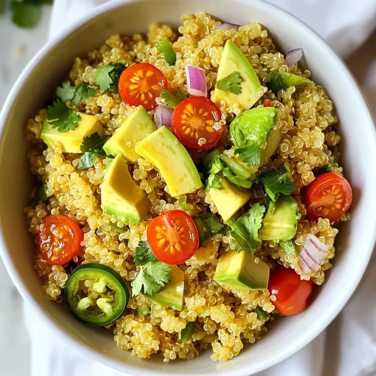 - 1 cup quinoa, rinsed - 2 cups vegetable broth - 1 cup fresh cilantro, chopped - Zest and juice of 2 limes - 1 small red onion, diced - 1 cup cherry tomatoes, halved - 1 avocado, diced - 1 small jalapeño, finely chopped (optional for heat) - 2 tablespoons olive oil - 1 teaspoon cumin - 1/4 teaspoon garlic powder - Salt and pepper, to taste Cilantro lime quinoa starts with quinoa as the base. Quinoa is a superfood packed with protein and fiber. Rinsing it is key to removing any bitter taste. You can use vegetable broth for flavor and depth. For freshness, we add chopped cilantro and lime juice. Both give a bright and zesty kick. Lime zest adds even more lime flavor without extra liquid. Next, we have additional ingredients. Diced red onion offers crunch and a mild bite. Halved cherry tomatoes add sweetness and color. Diced avocado brings creaminess, balancing the dish. If you like heat, add jalapeño. Just a bit adds a nice kick without overpowering the other flavors. For seasoning, olive oil is essential for richness. Cumin gives warmth and an earthy note. Garlic powder enhances the dish with its savory taste. Don’t forget salt and pepper. These simple seasonings bring all the flavors together. This dish is not just healthy but also fun to make. The bright colors and fresh scents make cooking enjoyable. Whether you eat it warm or cold, cilantro lime quinoa is a dish everyone loves. {{ingredient_image_1}} To start, grab a medium saucepan. Combine 1 cup of rinsed quinoa with 2 cups of vegetable broth. This broth adds great flavor. Place the saucepan over medium-high heat and bring the mixture to a boil. Once it bubbles, reduce the heat to low. Cover the saucepan and let it simmer for about 15-20 minutes. You will know it’s done when the quinoa absorbs all the liquid. While the quinoa cooks, let’s prepare the salad. In a large mixing bowl, mix together 1 cup of chopped cilantro, the zest and juice of 2 limes, 1 small diced red onion, 1 cup of halved cherry tomatoes, 1 diced avocado, and a finely chopped jalapeño if you like some heat. This mix gives your dish fresh and vibrant flavors. Next, add seasoning. Pour in 2 tablespoons of olive oil, 1 teaspoon of cumin, and 1/4 teaspoon of garlic powder. Then sprinkle salt and pepper to taste. These ingredients really enhance the overall meal. Once the quinoa is ready, fluff it with a fork. Let it cool slightly before combining. Add the fluffed quinoa to your mixing bowl with the veggie mix. Toss everything together gently. Make sure the quinoa and vegetables mix well. Now, taste your dish. Adjust the seasoning if needed. You might want to add more lime juice, salt, or pepper. This step ensures the flavors are just right. You can serve it immediately or chill it for 30 minutes. Letting it sit helps the flavors meld, making it even tastier! To get the best texture for your cilantro lime quinoa, start by rinsing the quinoa thoroughly. This step removes the bitter coating called saponin. Rinsing it under cold water for a few minutes helps a lot. After cooking, use a fork to fluff the quinoa. This makes the grains light and airy. Avoid using a spoon; it can make the quinoa mushy. Using fresh ingredients makes a big difference. Fresh cilantro and ripe tomatoes add brightness. The zest and juice from limes give a refreshing kick. If you want more lime flavor, add extra juice. Adjust the spices, too. A pinch more cumin or garlic powder can enhance the taste. Just remember to taste as you go. Cilantro lime quinoa pairs well with proteins. Try serving it with grilled chicken or shrimp. Black beans or chickpeas are great for a vegetarian option. You can serve it as a side dish or as a main meal. It works well with tacos or salads. Enjoy it warm or chilled for a refreshing bite. Pro Tips Rinse Your Quinoa: Always rinse quinoa under cold water before cooking to remove its natural coating, called saponin, which can taste bitter. Flavor Boost: For an extra flavor kick, toast the quinoa in a dry skillet for a few minutes before cooking it with broth. Customize Your Veggies: Feel free to add or substitute vegetables based on your preference. Bell peppers, corn, or black beans work great in this dish! Make It Ahead: This quinoa salad can be made ahead of time and stored in the refrigerator for up to 3 days, making it a great meal prep option. {{image_2}} You can easily add proteins to your cilantro lime quinoa. Grilled chicken gives a great flavor. Just slice it thin and mix it in. Black beans or chickpeas are also great options. They add protein and fiber. Plus, they keep it vegan-friendly. You can use any of these options to make the dish heartier. For a fun twist, consider adding corn or bell peppers. These ingredients bring sweetness and crunch. They also brighten the dish. If you like spice, try different peppers. A diced poblano or serrano can add heat. Adjust the amount based on your taste. These changes make the dish more exciting and flavorful. Cilantro lime quinoa is very adaptable for diets. It’s already vegan and gluten-free, which is awesome. If you need to avoid gluten, this dish is safe. You can also swap in other grains, like brown rice or farro. This keeps the meal fresh and interesting while still being healthy. To store leftover cilantro lime quinoa, let it cool first. Transfer it to an airtight container. It stays fresh in the fridge for up to five days. Make sure to label your container with the date. This way, you know when to use it. When you want to eat it, just take out the amount you need. You can freeze cilantro lime quinoa for up to three months. To freeze, portion it into freezer-safe bags or containers. Remove as much air as possible to prevent freezer burn. Label your bags with the date and contents. Thaw in the fridge overnight before reheating. When reheating quinoa, keep it fluffy. You can heat it in the microwave or on the stove. For the microwave, add a splash of water and cover it. Heat in short bursts, stirring in between. On the stove, add a little water and warm it over low heat. Stir gently to keep the texture nice. Avoid high heat to prevent it from becoming mushy. Quinoa is a nutrient-dense grain. It is high in protein, fiber, and healthy fats. One cup of cooked quinoa has about 8 grams of protein and 5 grams of fiber. This makes it a great choice for a filling meal. Quinoa also contains vitamins and minerals. It has magnesium, iron, and B vitamins. These nutrients support your body and help keep you healthy. Eating quinoa can help with weight management and digestion. Yes, you can use water in place of vegetable broth. However, using broth adds more flavor. Water might make your quinoa taste bland. If you choose water, try adding a bit more salt or spices. You could also add a squeeze of lime to enhance the taste. Experiment with flavors to find what you like best! Cilantro lime quinoa lasts about 3 to 5 days in the fridge. Store it in an airtight container for best results. To keep it fresh, let it cool before sealing. If you notice any odd smells or changes, it's best to toss it out. You can enjoy this dish cold or reheat it for a warm meal. In this post, we explored how to make cilantro lime quinoa. We covered the main ingredients like quinoa and fresh veggies. I shared step-by-step instructions for cooking and preparing your salad. You learned tips to perfect the texture and enhance the flavor. Plus, I offered variations for proteins and dietary needs. Lastly, we discussed storage practices. This dish is simple, tasty, and a great addition to your meals. Enjoy your cooking and the fresh flavors of cilantro lime quinoa!