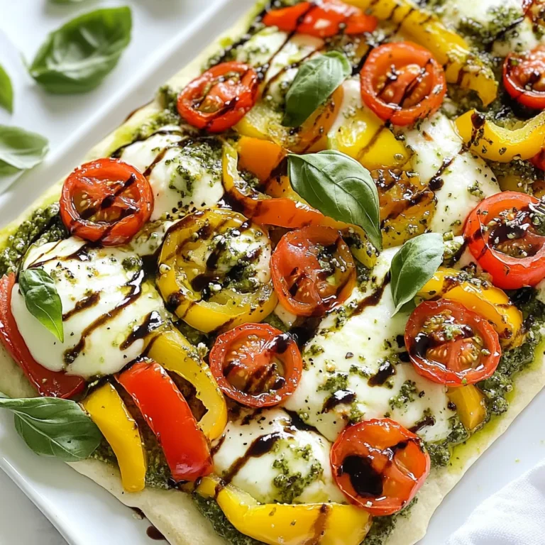 To make pesto veggie flatbread, gather these simple ingredients: - 1 large flatbread or pita bread - 1/4 cup pesto sauce - 1/2 cup cherry tomatoes, halved - 1/2 cup bell peppers, sliced (red and yellow for color) - 1/2 cup zucchini, thinly sliced - 1/4 cup red onion, thinly sliced - 1/2 cup mozzarella cheese, shredded - 1 tablespoon olive oil - Salt and pepper to taste - Fresh basil leaves for garnish - Balsamic glaze for drizzling (optional) You can use fresh or store-bought pesto for this recipe. Fresh pesto is bright and flavorful. It adds richness to your flatbread. Making it from scratch is easy, but store-bought is quick. Look for brands with simple ingredients. Avoid those with added sugars or preservatives. Feel free to change up the veggies! Here are some tasty options: - Spinach or kale for added greens. - Mushrooms for an earthy flavor. - Artichokes for a unique twist. - Broccoli for crunch and nutrition. Mix and match your favorite vegetables. This recipe is flexible and fun! {{ingredient_image_1}} Start by preheating your oven to 400°F (200°C). This step is key for a crispy crust. Next, take a large flatbread or pita and place it on a baking sheet. I like to line the sheet with parchment paper. This keeps the flatbread from sticking. It also makes clean-up a breeze. In a mixing bowl, gather your vegetables. Use 1/2 cup of halved cherry tomatoes, 1/2 cup of sliced bell peppers, and 1/2 cup of thinly sliced zucchini. Add 1/4 cup of thinly sliced red onion. Drizzle 1 tablespoon of olive oil over the veggies. Season with salt and pepper to taste. Toss the mixture well. Make sure every piece is coated. This adds great flavor to your flatbread. Spread the pesto sauce evenly over the flatbread. Leave a small border around the edges. Now, layer the seasoned veggies on top of the pesto. Sprinkle 1/2 cup of shredded mozzarella cheese over everything. Place the baking sheet in your preheated oven. Bake for 10 to 12 minutes. You will know it’s done when the cheese is bubbling, and the edges are crispy. After baking, let it cool slightly before slicing. To finish, add fresh basil leaves on top. A drizzle of balsamic glaze gives it a nice touch, but it's optional. Serve your flatbread sliced into wedges and enjoy! To get the best flatbread, start with the right bread. I love using large flatbreads or pita for their soft yet crispy texture. Preheat your oven to 400°F (200°C). This heat cooks the bread evenly. Bake it for 10-12 minutes. Watch for the cheese to bubble and the edges to crisp. If you like a crunchier flatbread, bake it a little longer. If you want to skip the mozzarella, try feta or goat cheese. They add a nice tang. For a vegan option, use cashew cheese or nutritional yeast. You can mix up the toppings too. Try adding spinach, artichokes, or olives. Get creative with your favorite veggies. Use what you have in your fridge! Pair your flatbread with a fresh salad. A simple mix of greens and lemon vinaigrette works well. You can also serve it with a side of balsamic glaze for drizzling. It adds a sweet and tangy kick. For drinks, a chilled white wine or sparkling water complements the meal. Enjoy your flatbread with friends and family! Pro Tips Use Fresh Ingredients: Opt for fresh vegetables and high-quality pesto to enhance the flavor of your flatbread. Customize Your Toppings: Feel free to add other favorite veggies like spinach, artichokes, or mushrooms for a personal touch. Watch the Baking Time: Keep an eye on the flatbread as it bakes to prevent overcooking; you want the cheese perfectly melted and the edges crispy. Experiment with Cheese: Try using different cheeses like feta or goat cheese for a unique flavor profile. {{image_2}} You can easily make this flatbread gluten-free. Look for gluten-free flatbreads at the store. You can also use gluten-free pita bread. Make sure to check the labels for any hidden gluten. This way, everyone can enjoy the dish! To make this recipe vegan, skip the cheese. You can use a dairy-free cheese that melts well. Nutritional yeast also adds a cheesy flavor without dairy. You can find it in many health stores. The flatbread will still taste great with all the veggies and pesto. Using seasonal veggies adds fresh flavor. In summer, try adding corn or eggplant. In fall, use roasted pumpkin or butternut squash. You can mix and match according to what you find at the market. This keeps the flatbread exciting and tasty all year round! After you enjoy your pesto veggie flatbread, store leftovers quickly. Let the flatbread cool down at room temperature first. Then, place it in an airtight container. This keeps the flavors fresh and prevents sogginess. You can also wrap it tightly in plastic wrap or foil. If you need to save space, slice the flatbread into wedges before storing. When you want to eat your leftovers, reheating is key. Preheat your oven to 350°F (175°C). Place the flatbread on a baking sheet. Heat it for about 10 minutes. This keeps the crust crispy and the cheese gooey. You can also use a microwave for a quick option, but the crust may get soft. If you want to save the flatbread for later, freezing is a great choice. Wrap the cooled flatbread in plastic wrap, then place it in a freezer bag. This protects it from freezer burn. When you're ready to eat, thaw it in the fridge overnight. Reheat it in the oven for the best taste. Meal prep is easy with this flatbread. Make several at once and freeze them for quick meals. To make pesto veggie flatbread, start with a large flatbread or pita. First, preheat your oven to 400°F (200°C). Place the flatbread on a baking sheet lined with parchment paper. Spread 1/4 cup of pesto sauce on top, leaving a small border. Next, chop your veggies. Use 1/2 cup of halved cherry tomatoes, 1/2 cup of sliced bell peppers, 1/2 cup of thinly sliced zucchini, and 1/4 cup of thinly sliced red onion. Toss these veggies in 1 tablespoon of olive oil, salt, and pepper. Spread the veggie mix on the pesto-covered flatbread. Add 1/2 cup of shredded mozzarella cheese on top. Bake for 10-12 minutes until the cheese bubbles. Let it cool, slice it, and enjoy! This flatbread recipe is healthy for several reasons. It uses fresh vegetables like tomatoes, peppers, zucchini, and onions. These veggies are full of vitamins and minerals. The pesto sauce offers healthy fats from olive oil and nuts. Using a flatbread instead of traditional pizza dough cuts down on calories. The recipe also avoids heavy sauces and processed ingredients. Overall, it provides a balanced meal with nutrients and flavors. You can find pesto veggie flatbread at many cafes and pizza places. Look for restaurants that focus on fresh ingredients and healthy options. Some Italian restaurants may offer their versions too. Check local menus online to find a place near you. If you're not sure, asking your friends or searching online can help you find a spot. This article covered how to make pesto veggie flatbread. You learned about the key ingredients and how to prepare them. I shared tips for perfect texture and suggested tasty variations. You can store leftovers properly for future meals, and I answered common questions to help. By following these steps and tips, you can create a delicious dish that's fun to make. Enjoy experimenting with flavors and ingredients. Your kitchen will become a great place for creativity and healthy eating.