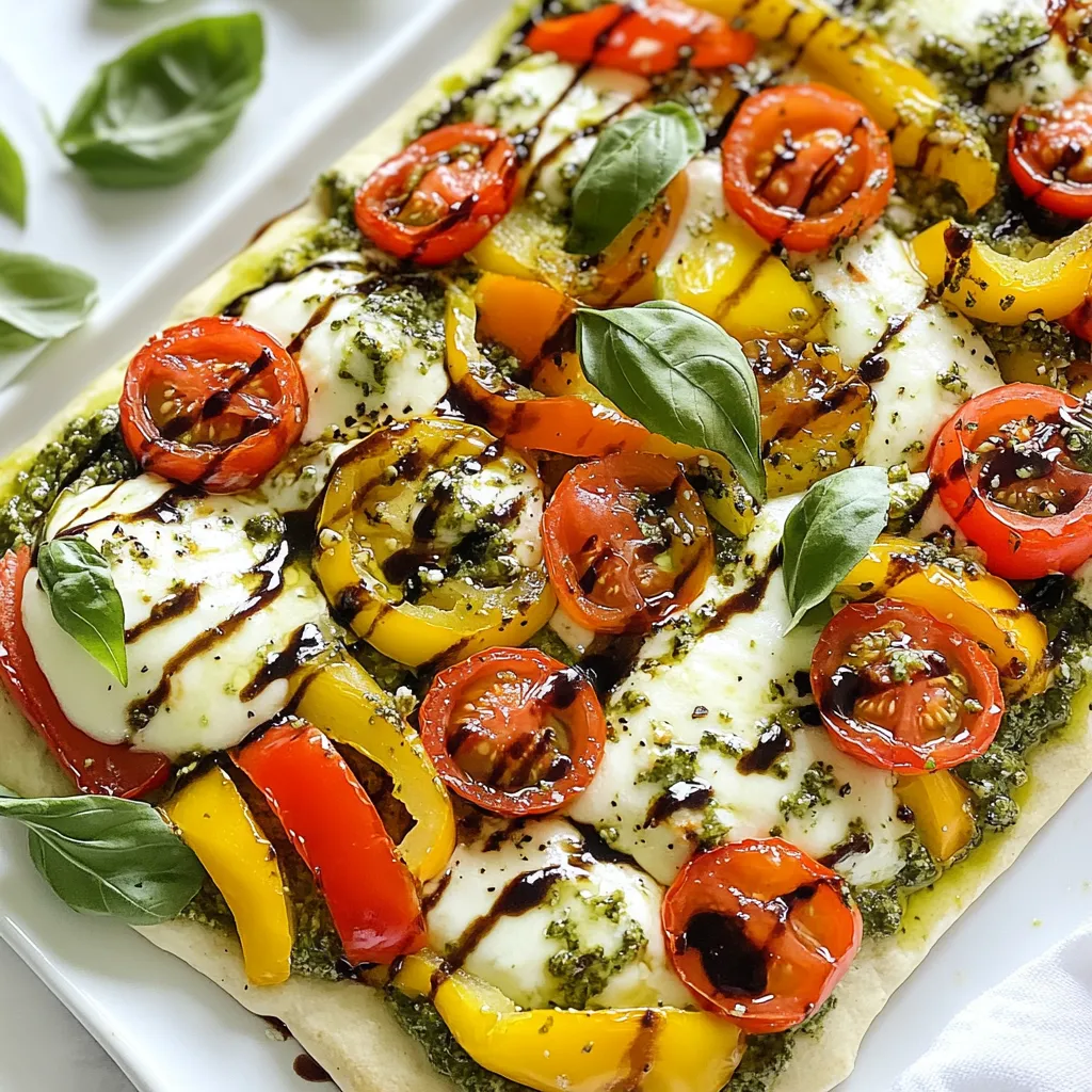 To make pesto veggie flatbread, gather these simple ingredients: - 1 large flatbread or pita bread - 1/4 cup pesto sauce - 1/2 cup cherry tomatoes, halved - 1/2 cup bell peppers, sliced (red and yellow for color) - 1/2 cup zucchini, thinly sliced - 1/4 cup red onion, thinly sliced - 1/2 cup mozzarella cheese, shredded - 1 tablespoon olive oil - Salt and pepper to taste - Fresh basil leaves for garnish - Balsamic glaze for drizzling (optional) You can use fresh or store-bought pesto for this recipe. Fresh pesto is bright and flavorful. It adds richness to your flatbread. Making it from scratch is easy, but store-bought is quick. Look for brands with simple ingredients. Avoid those with added sugars or preservatives. Feel free to change up the veggies! Here are some tasty options: - Spinach or kale for added greens. - Mushrooms for an earthy flavor. - Artichokes for a unique twist. - Broccoli for crunch and nutrition. Mix and match your favorite vegetables. This recipe is flexible and fun! {{ingredient_image_1}} Start by preheating your oven to 400°F (200°C). This step is key for a crispy crust. Next, take a large flatbread or pita and place it on a baking sheet. I like to line the sheet with parchment paper. This keeps the flatbread from sticking. It also makes clean-up a breeze. In a mixing bowl, gather your vegetables. Use 1/2 cup of halved cherry tomatoes, 1/2 cup of sliced bell peppers, and 1/2 cup of thinly sliced zucchini. Add 1/4 cup of thinly sliced red onion. Drizzle 1 tablespoon of olive oil over the veggies. Season with salt and pepper to taste. Toss the mixture well. Make sure every piece is coated. This adds great flavor to your flatbread. Spread the pesto sauce evenly over the flatbread. Leave a small border around the edges. Now, layer the seasoned veggies on top of the pesto. Sprinkle 1/2 cup of shredded mozzarella cheese over everything. Place the baking sheet in your preheated oven. Bake for 10 to 12 minutes. You will know it’s done when the cheese is bubbling, and the edges are crispy. After baking, let it cool slightly before slicing. To finish, add fresh basil leaves on top. A drizzle of balsamic glaze gives it a nice touch, but it's optional. Serve your flatbread sliced into wedges and enjoy! To get the best flatbread, start with the right bread. I love using large flatbreads or pita for their soft yet crispy texture. Preheat your oven to 400°F (200°C). This heat cooks the bread evenly. Bake it for 10-12 minutes. Watch for the cheese to bubble and the edges to crisp. If you like a crunchier flatbread, bake it a little longer. If you want to skip the mozzarella, try feta or goat cheese. They add a nice tang. For a vegan option, use cashew cheese or nutritional yeast. You can mix up the toppings too. Try adding spinach, artichokes, or olives. Get creative with your favorite veggies. Use what you have in your fridge! Pair your flatbread with a fresh salad. A simple mix of greens and lemon vinaigrette works well. You can also serve it with a side of balsamic glaze for drizzling. It adds a sweet and tangy kick. For drinks, a chilled white wine or sparkling water complements the meal. Enjoy your flatbread with friends and family! Pro Tips Use Fresh Ingredients: Opt for fresh vegetables and high-quality pesto to enhance the flavor of your flatbread. Customize Your Toppings: Feel free to add other favorite veggies like spinach, artichokes, or mushrooms for a personal touch. Watch the Baking Time: Keep an eye on the flatbread as it bakes to prevent overcooking; you want the cheese perfectly melted and the edges crispy. Experiment with Cheese: Try using different cheeses like feta or goat cheese for a unique flavor profile. {{image_2}} You can easily make this flatbread gluten-free. Look for gluten-free flatbreads at the store. You can also use gluten-free pita bread. Make sure to check the labels for any hidden gluten. This way, everyone can enjoy the dish! To make this recipe vegan, skip the cheese. You can use a dairy-free cheese that melts well. Nutritional yeast also adds a cheesy flavor without dairy. You can find it in many health stores. The flatbread will still taste great with all the veggies and pesto. Using seasonal veggies adds fresh flavor. In summer, try adding corn or eggplant. In fall, use roasted pumpkin or butternut squash. You can mix and match according to what you find at the market. This keeps the flatbread exciting and tasty all year round! After you enjoy your pesto veggie flatbread, store leftovers quickly. Let the flatbread cool down at room temperature first. Then, place it in an airtight container. This keeps the flavors fresh and prevents sogginess. You can also wrap it tightly in plastic wrap or foil. If you need to save space, slice the flatbread into wedges before storing. When you want to eat your leftovers, reheating is key. Preheat your oven to 350°F (175°C). Place the flatbread on a baking sheet. Heat it for about 10 minutes. This keeps the crust crispy and the cheese gooey. You can also use a microwave for a quick option, but the crust may get soft. If you want to save the flatbread for later, freezing is a great choice. Wrap the cooled flatbread in plastic wrap, then place it in a freezer bag. This protects it from freezer burn. When you're ready to eat, thaw it in the fridge overnight. Reheat it in the oven for the best taste. Meal prep is easy with this flatbread. Make several at once and freeze them for quick meals. To make pesto veggie flatbread, start with a large flatbread or pita. First, preheat your oven to 400°F (200°C). Place the flatbread on a baking sheet lined with parchment paper. Spread 1/4 cup of pesto sauce on top, leaving a small border. Next, chop your veggies. Use 1/2 cup of halved cherry tomatoes, 1/2 cup of sliced bell peppers, 1/2 cup of thinly sliced zucchini, and 1/4 cup of thinly sliced red onion. Toss these veggies in 1 tablespoon of olive oil, salt, and pepper. Spread the veggie mix on the pesto-covered flatbread. Add 1/2 cup of shredded mozzarella cheese on top. Bake for 10-12 minutes until the cheese bubbles. Let it cool, slice it, and enjoy! This flatbread recipe is healthy for several reasons. It uses fresh vegetables like tomatoes, peppers, zucchini, and onions. These veggies are full of vitamins and minerals. The pesto sauce offers healthy fats from olive oil and nuts. Using a flatbread instead of traditional pizza dough cuts down on calories. The recipe also avoids heavy sauces and processed ingredients. Overall, it provides a balanced meal with nutrients and flavors. You can find pesto veggie flatbread at many cafes and pizza places. Look for restaurants that focus on fresh ingredients and healthy options. Some Italian restaurants may offer their versions too. Check local menus online to find a place near you. If you're not sure, asking your friends or searching online can help you find a spot. This article covered how to make pesto veggie flatbread. You learned about the key ingredients and how to prepare them. I shared tips for perfect texture and suggested tasty variations. You can store leftovers properly for future meals, and I answered common questions to help. By following these steps and tips, you can create a delicious dish that's fun to make. Enjoy experimenting with flavors and ingredients. Your kitchen will become a great place for creativity and healthy eating.