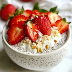 - 1 cup coconut milk (canned for creaminess) - 1 cup almond milk (or any milk of choice) - 1/4 cup chia seeds - 2 tablespoons maple syrup (or honey) - 1 teaspoon vanilla extract - 1/2 teaspoon sea salt - 1 cup fresh strawberries, hulled and sliced - 2 tablespoons unsweetened shredded coconut (for garnish) - Coconut milk: Rich in healthy fats, it helps keep your heart healthy. - Almond milk: Low in calories, it adds a nice nutty flavor and is good for bones. - Chia seeds: Packed with fiber, they keep you full and help digestion. - Maple syrup: A natural sweetener, it has antioxidants that boost your health. - Vanilla extract: Adds flavor and may help reduce stress levels. - Sea salt: Balances electrolytes in the body and enhances flavor. - Fresh strawberries: Full of vitamins, they support your immune system and skin health. - Shredded coconut: Provides fiber and gives a delicious chewy texture. - Coconut milk: Use oat milk for a nut-free option. - Almond milk: Switch to soy or rice milk if you prefer. - Maple syrup: Substitute with agave nectar for a vegan choice. - Chia seeds: Flax seeds can work if you need a different seed. - Fresh strawberries: Try blueberries or raspberries for a berry mix. - Shredded coconut: Leave it out for a simpler taste or use nuts instead. {{ingredient_image_1}} First, gather your ingredients. You will need: - 1 cup coconut milk (canned for creaminess) - 1 cup almond milk (or any milk of choice) - 1/4 cup chia seeds - 2 tablespoons maple syrup (or honey) - 1 teaspoon vanilla extract - 1/2 teaspoon sea salt - 1 cup fresh strawberries, hulled and sliced - 2 tablespoons unsweetened shredded coconut (for garnish) In a mixing bowl, combine the coconut milk and almond milk. Add maple syrup, vanilla extract, and sea salt. Whisk until the mixture is smooth. This blend gives the pudding a rich flavor. Next, slowly add the chia seeds. Stir continuously to avoid clumps. Chia seeds will soak up the liquid and create a pudding-like texture. Cover the bowl with plastic wrap. Place it in the fridge for at least 4 hours. For best results, let it chill overnight. This time allows the chia seeds to expand and thicken the pudding. After chilling, check the texture. If it seems too thick, add a splash of milk and stir well. Once your pudding is ready, stir it again to break up any clumps. Now, it’s time to serve! Divide the chia pudding into cups or bowls. Layer fresh sliced strawberries on top. This adds color and flavor. For a finishing touch, sprinkle shredded coconut over the strawberries. It adds crunch and enhances the coconut taste. If you like extra sweetness, drizzle a bit of maple syrup on top. Your strawberry coconut chia pudding is now ready to enjoy! To get the best texture for your pudding, use a whisk. Mix the coconut milk and almond milk well. Add the chia seeds slowly while stirring. This helps prevent clumps. After chilling, stir the pudding again to break up any lumps. Letting it set overnight gives the chia seeds time to absorb the liquid. Store any leftover pudding in an airtight container. It stays fresh in the fridge for up to five days. If you plan to eat it later, keep the toppings separate. This keeps the strawberries and coconut from getting mushy. Just add them right before serving for the best taste. One mistake is not stirring enough when adding chia seeds. This can cause clumps in your pudding. Another error is not letting it chill long enough. If you don’t give it enough time, the texture will be runny. Lastly, don’t skip the salt; it enhances the flavors of the pudding! Pro Tips Use Canned Coconut Milk: Canned coconut milk provides a creamier texture compared to carton varieties, enhancing the richness of your pudding. Chill Overnight: For the best texture, allow the chia pudding to chill overnight. This gives the chia seeds ample time to absorb the liquid and thicken. Fresh Strawberries: Using fresh, ripe strawberries not only adds sweetness but also brings vibrant color to your dish, making it more appealing. Experiment with Toppings: Feel free to add other toppings like sliced bananas, nuts, or seeds for added texture and flavor variety. {{image_2}} You can change the flavor of your chia pudding easily. For a tropical twist, swap the strawberries for mango or pineapple. You can blend in some passion fruit for a bright taste. If you love chocolate, add cocoa powder to your milk mix. A touch of chocolate syrup can also make it sweet and rich. This recipe is already dairy-free, thanks to coconut and almond milk. For a nut-free option, use oat or soy milk instead of almond milk. These milks provide a smooth texture and great taste. This way, everyone can enjoy your chia pudding without worry. While strawberries are great, don’t stop there! You can top your pudding with fresh blueberries or raspberries. Sliced bananas add a creamy touch, too. For crunch, sprinkle some granola or nuts on top. You can even add a drizzle of honey or maple syrup for extra sweetness. Let your creativity shine! To keep your strawberry coconut chia pudding fresh, store it in an airtight container. Use glass or plastic containers with tight-fitting lids. This helps keep out air and moisture. If you want to enjoy it later, avoid adding strawberries until serving. The fruits can make the pudding soggy over time. Your chia pudding will stay fresh in the fridge for about 5 days. Make sure it stays covered to avoid any odors or flavors from other foods. If you notice any changes in texture or smell, it’s best to toss it out. Trust your senses for safety. You can freeze chia pudding for later use. Pour it into ice cube trays or small containers. Freeze it in portions. When you’re ready to eat, thaw it in the fridge overnight. It may change texture a bit but is still tasty. You can blend it again if needed. Enjoy! Yes, you can use any milk you like. Almond milk, oat milk, or soy milk all work well. Each type of milk brings its own flavor and texture. Coconut milk adds creaminess, while almond milk keeps it light. Feel free to mix and match to find your favorite! The pudding lasts about 4 to 5 days in the fridge. Make sure to store it in a sealed container. If you notice any strange smells or colors, it’s best to throw it out. When stored properly, the flavors stay fresh, and the texture remains great for days. Yes, chia seeds are very healthy! They are packed with fiber, protein, and omega-3 fatty acids. These tiny seeds help you feel full longer and support heart health. Plus, they are rich in antioxidants, which help protect your body. Adding chia seeds to dishes boosts nutrition without adding many calories. In this blog post, we explored chia pudding, focusing on its ingredients, benefits, and how to make it. You learned about the health perks of each ingredient and found alternatives for different diets. I shared step-by-step instructions, tips for the right consistency, and storage advice. There are fun flavor options and topping ideas to try. Remember, chia pudding is not just tasty; it's also good for you. Enjoy your journey in making this easy and nutritious treat!
