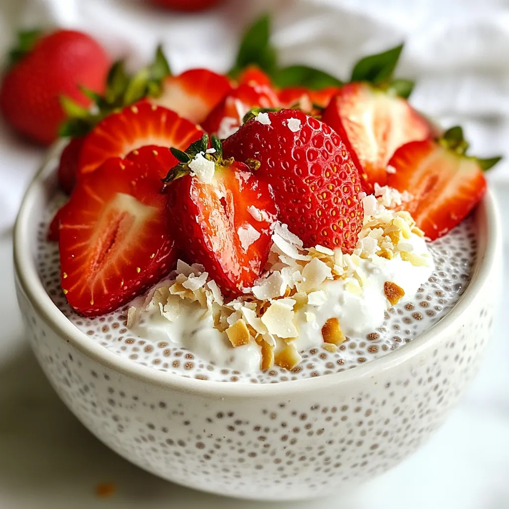- 1 cup coconut milk (canned for creaminess) - 1 cup almond milk (or any milk of choice) - 1/4 cup chia seeds - 2 tablespoons maple syrup (or honey) - 1 teaspoon vanilla extract - 1/2 teaspoon sea salt - 1 cup fresh strawberries, hulled and sliced - 2 tablespoons unsweetened shredded coconut (for garnish) - Coconut milk: Rich in healthy fats, it helps keep your heart healthy. - Almond milk: Low in calories, it adds a nice nutty flavor and is good for bones. - Chia seeds: Packed with fiber, they keep you full and help digestion. - Maple syrup: A natural sweetener, it has antioxidants that boost your health. - Vanilla extract: Adds flavor and may help reduce stress levels. - Sea salt: Balances electrolytes in the body and enhances flavor. - Fresh strawberries: Full of vitamins, they support your immune system and skin health. - Shredded coconut: Provides fiber and gives a delicious chewy texture. - Coconut milk: Use oat milk for a nut-free option. - Almond milk: Switch to soy or rice milk if you prefer. - Maple syrup: Substitute with agave nectar for a vegan choice. - Chia seeds: Flax seeds can work if you need a different seed. - Fresh strawberries: Try blueberries or raspberries for a berry mix. - Shredded coconut: Leave it out for a simpler taste or use nuts instead. {{ingredient_image_1}} First, gather your ingredients. You will need: - 1 cup coconut milk (canned for creaminess) - 1 cup almond milk (or any milk of choice) - 1/4 cup chia seeds - 2 tablespoons maple syrup (or honey) - 1 teaspoon vanilla extract - 1/2 teaspoon sea salt - 1 cup fresh strawberries, hulled and sliced - 2 tablespoons unsweetened shredded coconut (for garnish) In a mixing bowl, combine the coconut milk and almond milk. Add maple syrup, vanilla extract, and sea salt. Whisk until the mixture is smooth. This blend gives the pudding a rich flavor. Next, slowly add the chia seeds. Stir continuously to avoid clumps. Chia seeds will soak up the liquid and create a pudding-like texture. Cover the bowl with plastic wrap. Place it in the fridge for at least 4 hours. For best results, let it chill overnight. This time allows the chia seeds to expand and thicken the pudding. After chilling, check the texture. If it seems too thick, add a splash of milk and stir well. Once your pudding is ready, stir it again to break up any clumps. Now, it’s time to serve! Divide the chia pudding into cups or bowls. Layer fresh sliced strawberries on top. This adds color and flavor. For a finishing touch, sprinkle shredded coconut over the strawberries. It adds crunch and enhances the coconut taste. If you like extra sweetness, drizzle a bit of maple syrup on top. Your strawberry coconut chia pudding is now ready to enjoy! To get the best texture for your pudding, use a whisk. Mix the coconut milk and almond milk well. Add the chia seeds slowly while stirring. This helps prevent clumps. After chilling, stir the pudding again to break up any lumps. Letting it set overnight gives the chia seeds time to absorb the liquid. Store any leftover pudding in an airtight container. It stays fresh in the fridge for up to five days. If you plan to eat it later, keep the toppings separate. This keeps the strawberries and coconut from getting mushy. Just add them right before serving for the best taste. One mistake is not stirring enough when adding chia seeds. This can cause clumps in your pudding. Another error is not letting it chill long enough. If you don’t give it enough time, the texture will be runny. Lastly, don’t skip the salt; it enhances the flavors of the pudding! Pro Tips Use Canned Coconut Milk: Canned coconut milk provides a creamier texture compared to carton varieties, enhancing the richness of your pudding. Chill Overnight: For the best texture, allow the chia pudding to chill overnight. This gives the chia seeds ample time to absorb the liquid and thicken. Fresh Strawberries: Using fresh, ripe strawberries not only adds sweetness but also brings vibrant color to your dish, making it more appealing. Experiment with Toppings: Feel free to add other toppings like sliced bananas, nuts, or seeds for added texture and flavor variety. {{image_2}} You can change the flavor of your chia pudding easily. For a tropical twist, swap the strawberries for mango or pineapple. You can blend in some passion fruit for a bright taste. If you love chocolate, add cocoa powder to your milk mix. A touch of chocolate syrup can also make it sweet and rich. This recipe is already dairy-free, thanks to coconut and almond milk. For a nut-free option, use oat or soy milk instead of almond milk. These milks provide a smooth texture and great taste. This way, everyone can enjoy your chia pudding without worry. While strawberries are great, don’t stop there! You can top your pudding with fresh blueberries or raspberries. Sliced bananas add a creamy touch, too. For crunch, sprinkle some granola or nuts on top. You can even add a drizzle of honey or maple syrup for extra sweetness. Let your creativity shine! To keep your strawberry coconut chia pudding fresh, store it in an airtight container. Use glass or plastic containers with tight-fitting lids. This helps keep out air and moisture. If you want to enjoy it later, avoid adding strawberries until serving. The fruits can make the pudding soggy over time. Your chia pudding will stay fresh in the fridge for about 5 days. Make sure it stays covered to avoid any odors or flavors from other foods. If you notice any changes in texture or smell, it’s best to toss it out. Trust your senses for safety. You can freeze chia pudding for later use. Pour it into ice cube trays or small containers. Freeze it in portions. When you’re ready to eat, thaw it in the fridge overnight. It may change texture a bit but is still tasty. You can blend it again if needed. Enjoy! Yes, you can use any milk you like. Almond milk, oat milk, or soy milk all work well. Each type of milk brings its own flavor and texture. Coconut milk adds creaminess, while almond milk keeps it light. Feel free to mix and match to find your favorite! The pudding lasts about 4 to 5 days in the fridge. Make sure to store it in a sealed container. If you notice any strange smells or colors, it’s best to throw it out. When stored properly, the flavors stay fresh, and the texture remains great for days. Yes, chia seeds are very healthy! They are packed with fiber, protein, and omega-3 fatty acids. These tiny seeds help you feel full longer and support heart health. Plus, they are rich in antioxidants, which help protect your body. Adding chia seeds to dishes boosts nutrition without adding many calories. In this blog post, we explored chia pudding, focusing on its ingredients, benefits, and how to make it. You learned about the health perks of each ingredient and found alternatives for different diets. I shared step-by-step instructions, tips for the right consistency, and storage advice. There are fun flavor options and topping ideas to try. Remember, chia pudding is not just tasty; it's also good for you. Enjoy your journey in making this easy and nutritious treat!