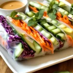 - 8 rice paper wrappers - 1 cup red cabbage, finely shredded - 1 carrot, julienned - 1 cucumber, julienned - 1 bell pepper (any color), julienned - 1 avocado, sliced - ½ cup fresh mint leaves - ½ cup fresh cilantro leaves - 1 cup cooked vermicelli noodles - ¼ cup peanut butter (for dipping sauce) - 2 tablespoons soy sauce (for dipping sauce) - 1 tablespoon lime juice (for dipping sauce) - Salt and pepper to taste You need a few simple items to make rainbow veggie spring rolls. Start with rice paper wrappers. They are thin and flexible. Next, gather fresh veggies. Red cabbage, carrots, cucumbers, bell peppers, and avocado add color and crunch. Fresh herbs like mint and cilantro brighten the flavors. You also want some cooked vermicelli noodles for a nice base. For the dipping sauce, you’ll need peanut butter, soy sauce, and lime juice. These ingredients blend well, making a tasty dip. Don’t forget to add salt and pepper for extra flavor. With these ingredients, you can make a fun and healthy snack! Start by washing all your vegetables. Use cold water to rinse them well. This step keeps them fresh and clean. Next, cut the vegetables into thin strips. Use a sharp knife for easy cutting. - Red cabbage: Finely shred it for a colorful crunch. - Carrot: Julienned for a sweet bite. - Cucumber: Also julienned, adds a cool taste. - Bell pepper: Any color works, julienned for fun. - Avocado: Slice it for creamy texture. - Mint and cilantro: Keep them whole for flavor. Place each vegetable in its own bowl. This makes the assembly quick and fun. For the rice paper wrappers, use a shallow dish. Fill it with warm water. Make sure the water is warm, but not boiling. Soak one wrapper for about 20-30 seconds. It should become soft and pliable. Once it’s ready, take it out and shake off the excess water. Lay it flat on a clean surface. Now comes the fun part: assembling your spring rolls! Start with the softened rice paper wrapper laid flat. - Add a small handful of cooked vermicelli noodles in the center. - Then, layer on the shredded veggies: red cabbage, carrot, cucumber, bell pepper, and avocado. - Finally, add a few whole mint and cilantro leaves. Season the filling with a pinch of salt and pepper. This adds a nice flavor boost. To roll the spring roll, fold the sides over the filling. Then, roll it tightly from the bottom to the top. Make sure the filling stays secure inside. Repeat this for the rest of the wrappers and filling. Enjoy the process of creating these vibrant rainbow rolls! To avoid tearing and sticking, start with warm water. Dip the rice paper wrapper for 20 to 30 seconds. When it softens, lay it flat on a clean surface. Place a small amount of filling in the center. Make sure not to overfill, or it may break. Fold the sides in first, then roll tightly from the bottom. Season the veggies with salt and pepper to boost flavor. You can also add garlic powder or chili flakes for a kick. Try using lime zest for a fresh twist. Mixing fresh herbs like basil or parsley can also elevate the taste. For a sweet touch, add a little honey or agave syrup to your dipping sauce. For easy handling, keep your rice paper wrappers covered with a damp cloth. If they dry out, they can crack. Store unused wrappers in an airtight container to keep them fresh. When you’re ready to use them, just soak them in warm water again. This method helps make the wrappers more pliable and easier to roll. {{image_2}} You can switch up the veggies in these spring rolls. Try using shredded carrots, zucchini, or even beets. Each adds unique flavors and colors. You can also add fruits like mango or pineapple for a sweet twist. For protein, tofu is a great choice. You can use firm tofu, marinated and baked. Shrimp is another option if you want a seafood touch. Just boil or grill the shrimp until it's cooked through. Peanut sauce is a classic, but you can change it up. To make a spicy version, add some sriracha or chili paste. For a sweeter sauce, mix in honey or brown sugar. You might also enjoy a soy-sesame sauce. Just mix soy sauce with sesame oil and a splash of lime juice. This adds a nice nutty flavor. Other options include sweet chili sauce or a creamy avocado dip. Each sauce pairs well with the fresh spring rolls. To keep your veggies fresh, store them right. Use airtight containers for each type. This keeps the colors bright and flavors crisp. Place your cut veggies like cabbage, carrots, and cucumbers in these containers. You can also wrap herbs like mint and cilantro in a damp paper towel. This helps them stay fresh longer. Keep the rice paper wrappers in their original package. Store them in a cool, dry place. If you have leftover vermicelli noodles, keep them in a separate container. They will stay fresh for a few days. Once you have rolled your spring rolls, wrap them in damp paper towels. This keeps them from drying out. Place the wrapped rolls in a sealed container. Refrigerate them right away for best results. Your spring rolls will last for about 1 to 2 days in the fridge. If you want to eat them later, make sure to enjoy them cold. They taste great even without reheating. Just remember, the fresher the rolls, the better the crunch! Yes, you can make rainbow veggie spring rolls in advance. However, they taste best fresh. If you want to prepare them ahead of time, keep the filling and wrappers separate. Store the filling in an airtight container and cover the rice paper wrappers with a damp cloth to avoid drying out. Assemble them right before serving for the best flavor and texture. To keep rice paper wrappers fresh, store them in a cool, dry place. Once opened, seal the package tightly to prevent moisture. If you have leftover wrappers, place them in a zip-top bag. To keep them pliable, avoid exposing them to air. If they do dry out, you can briefly soak them in warm water to soften. Yes, rainbow veggie spring rolls can be gluten-free. The rice paper wrappers are made from rice flour, which is gluten-free. Just be cautious with your dipping sauce. Some soy sauces contain gluten. Choose a gluten-free soy sauce or tamari for dipping to ensure the whole dish remains gluten-free. You can easily customize the filling to suit your needs. Swap the veggies for your favorites, like spinach or radish. If you need protein, add cooked shrimp, chicken, or tofu. For a twist, try adding fruits like mango or strawberries. This dish is versatile, so feel free to experiment with different flavors! Making rainbow veggie spring rolls is simple and fun. You need fresh vegetables, herbs, and rice paper wrappers. Proper preparation helps them taste great. I shared tips for easy rolling and storage, too. Remember, you can fill spring rolls with your favorite veggies or proteins, and dip them in different sauces. This recipe allows you to be creative while enjoying healthy snacks. Try making them today, and enjoy a burst of flavors!