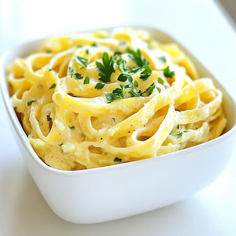 To make Minute Creamy Garlic Parmesan Pasta, gather these simple ingredients: - 8 oz fettuccine or spaghetti - 2 tablespoons butter - 4 cloves garlic, minced - 1 cup heavy cream - 1 cup grated Parmesan cheese - 1 teaspoon Italian seasoning - Salt and pepper to taste - Fresh parsley for garnish These ingredients come together to create a rich and creamy dish. Choosing between fettuccine or spaghetti is a personal choice. Both types work well in this recipe. The butter and minced garlic bring great flavor. Minced garlic adds a strong aroma and taste to the sauce. Heavy cream and Parmesan cheese make the sauce smooth and rich. They blend together for a creamy delight. Italian seasoning adds a hint of herbs. Adjust salt and pepper to suit your taste. Garnish with fresh parsley for color and a fresh kick. This dish is quick, easy, and satisfying. With just a few ingredients, you can enjoy a gourmet meal at home. Boiling the Water and Cooking Method Start by filling a large pot with water. Add a good amount of salt. Bring the water to a rolling boil. Once boiling, add 8 oz of fettuccine or spaghetti. Cook it based on the package instructions. You want it al dente, which means it should still have a slight bite to it. Reserving Pasta Water Before you drain the pasta, take out ½ cup of the pasta water. This water is starchy and will help the sauce stick later. Drain the rest of the water and set the pasta aside. Melting Butter and Timing In the same pot you used for the pasta, add 2 tablespoons of butter. Heat it over medium heat until it melts. Then, add 4 minced garlic cloves. Sauté the garlic for about 1 minute. You want it fragrant, but be careful not to burn it. Burnt garlic can ruin the sauce. Combining Heavy Cream and Garlic Pour in 1 cup of heavy cream. Stir it well to mix with the garlic. Bring the mixture to a slight simmer. Let it simmer for about 2-3 minutes. Do not let it boil, as this can change the cream's texture. Whisking in Parmesan Cheese Gradually add in 1 cup of grated Parmesan cheese. Whisk it in until the sauce is smooth. If the sauce seems too thick, add some of that reserved pasta water to reach your desired consistency. Mixing Techniques and Seasoning Tips Add the cooked pasta to your creamy sauce. Stir gently to coat every strand of pasta. Season with 1 teaspoon of Italian seasoning, salt, and pepper to taste. Toss everything together until it’s well mixed. Plating Ideas and Garnishing When serving, plate the pasta nicely. You can sprinkle some fresh chopped parsley on top for color and freshness. This simple garnish adds a nice touch to your dish. Enjoy your creamy garlic Parmesan pasta! To make a smooth sauce, avoid common mistakes. Do not cook the garlic too long. Just sauté it until it smells good. If you burn it, the sauce will taste bitter. When adding the cream, stir well and keep it on low heat. Too much heat can cause the cream to curdle. If your sauce is too thick, add a little pasta water. This will help make it creamy and flow better. You can boost the flavor with extra seasonings. Try adding a pinch of red pepper flakes for some heat. Fresh herbs like basil or thyme also add a nice touch. If you want a bit of zest, squeeze in some lemon juice. This brightens the dish and balances the richness. Experiment with these options to find your perfect mix. For a fast meal, use a few time-saving techniques. Cook the pasta while you prepare the sauce. This way, everything is ready at once. You can also use pre-minced garlic to save time. Keep your ingredients measured and ready. This will help you focus on cooking, not searching for items. {{image_2}} You can easily add protein to your creamy garlic Parmesan pasta. Chicken and shrimp are great choices. - Chicken: Cook diced chicken in the pot before adding garlic. Sauté it until it turns golden brown. Then, remove it and add garlic as usual. Mix the chicken back in with the pasta. - Shrimp: Cook shrimp in the same pot after the garlic. Just a few minutes will do until they turn pink. Then, add the cream and cheese as you normally would. Adding vegetables gives your pasta extra flavor and nutrition. Spinach, broccoli, and mushrooms work well. - Spinach: Toss in fresh spinach at the end. It wilts quickly and adds a nice color. - Broccoli: Steam or sauté broccoli till tender. Add it to the pasta when mixing in the sauce. - Mushrooms: Sauté sliced mushrooms with the garlic. They add a rich, earthy flavor to the dish. You can adjust the creaminess and seasoning to fit your taste. - Creaminess: If you want a richer sauce, add more cream or cheese. Use less if you prefer a lighter meal. - Seasoning: Feel free to add more Italian seasoning, salt, or pepper. You can also try adding red pepper flakes for some heat. These variations let you make the recipe your own. To keep your creamy garlic Parmesan pasta fresh, store it in an airtight container. Make sure it cools to room temperature before sealing. Place it in the fridge within two hours of cooking. It will stay good for about three days. If you want to enjoy it later, label the container with the date. This way, you won’t forget when you made it. When you’re ready to eat the leftovers, use low heat to reheat the pasta. You can use a pan or microwave. If using a pan, add a splash of milk or cream. This helps keep the sauce creamy and smooth. Stir gently to avoid burning. If using a microwave, cover the bowl with a damp paper towel. This keeps moisture in and helps the pasta warm evenly. You can freeze creamy garlic Parmesan pasta, but it may change in texture. To freeze, let the pasta cool first. Then, place it in a freezer-safe bag or container. Be sure to remove as much air as you can. The pasta can freeze for up to three months. When you want to eat it, thaw it overnight in the fridge. Reheat it gently, adding cream or milk to restore its creaminess. Yes, you can make this recipe dairy-free. To substitute for heavy cream, use coconut cream or cashew cream. For the cheese, try nutritional yeast or a dairy-free cheese blend. Both options give a nice flavor and creaminess without the dairy. To avoid clumpy cheese, make sure to add it slowly. Whisk it in gradually, and keep the heat on low. If the sauce is too thick, add a little reserved pasta water. This helps the cheese blend well and keeps your sauce smooth. You can serve this pasta with a simple green salad or garlic bread. Roasted vegetables like broccoli or asparagus also pair well. For a protein boost, add grilled chicken or shrimp on top. These sides add variety and color to your meal. We explored how to create a delicious creamy garlic parmesan pasta. You learned about the key ingredients, step-by-step cooking methods, and tips for making the sauce just right. I shared ways to customize your dish with proteins or vegetables. We also covered storage options and answered common questions. Remember, practice makes perfect. Enjoy your cooking journey, and don’t shy away from experimenting. You’ll create a dish that impresses everyone at the table.