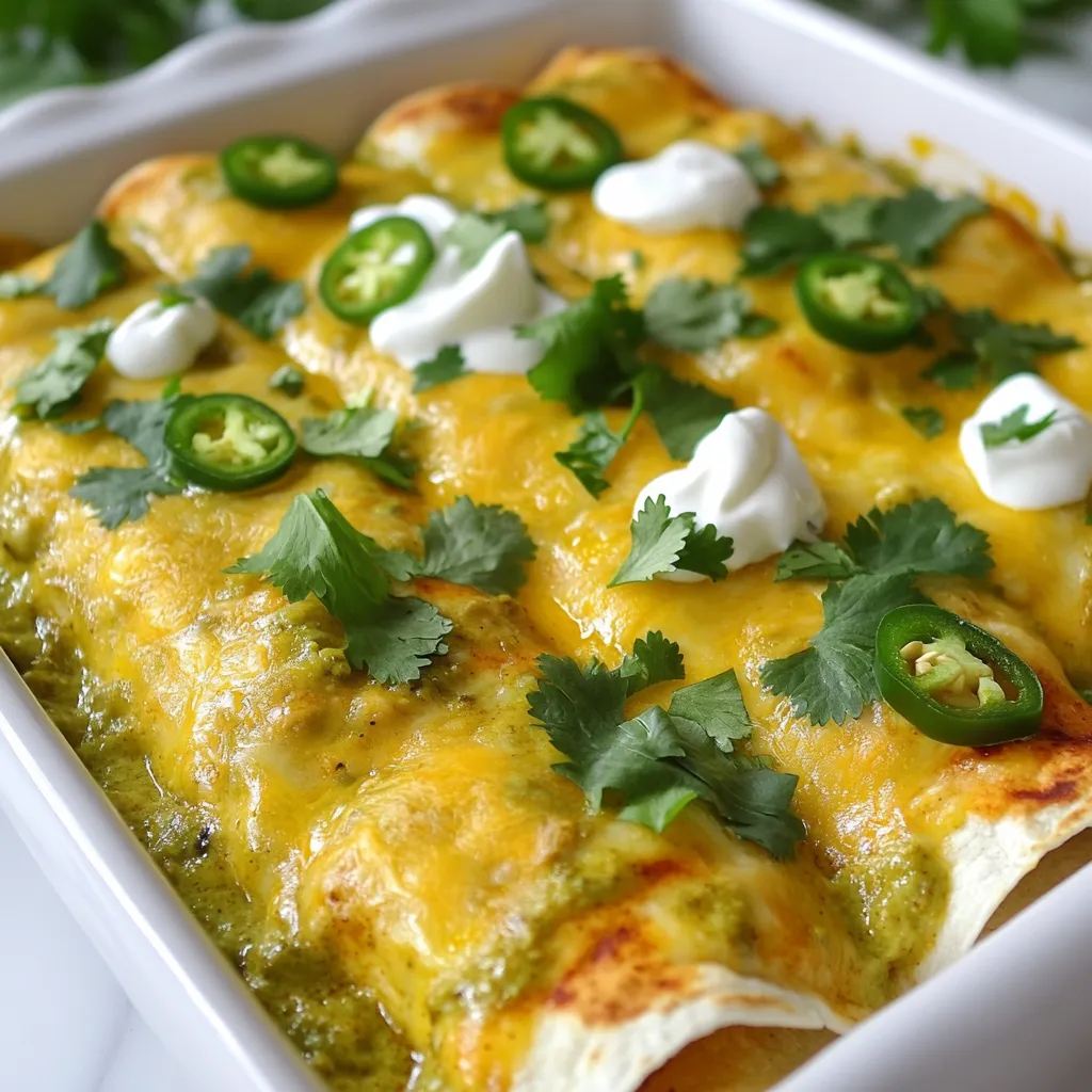 - 2 cups cooked chicken, shredded - 1 cup pepper jack cheese, shredded - 1 cup corn (frozen or fresh) - 1 can (10 oz) green enchilada sauce - 8 flour tortillas (medium size) - 1/2 cup sour cream - 1/2 teaspoon cumin - 1/2 teaspoon garlic powder - 1/2 teaspoon onion powder - Salt and pepper to taste - Fresh cilantro leaves for garnish - Sliced jalapeños for topping (optional) The heart of these enchiladas lies in the main ingredients. The cooked chicken gives a nice base. I love using shredded chicken, as it mixes well with the spices. Pepper jack cheese adds a creamy texture and a kick of spice. You can use frozen or fresh corn for sweetness and crunch. The green enchilada sauce is key; it ties all the flavors together. For a creamy touch, I add sour cream. The spices, like cumin and garlic powder, elevate the dish. Don't forget salt and pepper to taste. For garnishing, fresh cilantro adds brightness. Sliced jalapeños can give an extra punch if you like heat. This blend of flavors creates a dish that is both rich and satisfying. Trust me; your taste buds will thank you! {{ingredient_image_1}} - Preheat the Oven: First, set your oven to 375°F (190°C). This step is important. It ensures your enchiladas bake evenly. - Mix Chicken Filling: In a large bowl, combine 2 cups of shredded chicken, 1 cup of pepper jack cheese, and 1 cup of corn. Add 1/2 teaspoon each of cumin, garlic powder, and onion powder. Then, include 1/2 cup of sour cream. Season with salt and pepper. Mix everything well until it's smooth. - Prepare the Tortillas: Take one flour tortilla. Spoon about 1/4 cup of the chicken filling into the center. Roll it up tightly and place it seam-side down in a greased 9x13 inch baking dish. Repeat this with all the tortillas. - Pour Sauce and Cheese: Once all the enchiladas are in the dish, pour 10 oz of green enchilada sauce over the top. Make sure it covers all the tortillas. Then, sprinkle the remaining 1/2 cup of pepper jack cheese on top. - Bake and Garnish: Place the dish in the preheated oven. Bake for 20-25 minutes, until the cheese is melted and bubbly. After baking, let the dish cool for a few minutes. - Serving Suggestions: For a great finish, garnish with fresh cilantro leaves. You can also add sliced jalapeños on top for extra heat. Serve the enchiladas on a large platter with extra green sauce and a dollop of sour cream. Enjoy this flavorful dinner dish! - Adding Spices: To boost flavor, mix in spices like cumin and garlic powder. These spices add warmth and depth. You can also add a pinch of chili powder for extra heat. This small change makes a big impact on taste. - Using Fresh Ingredients: Always choose fresh ingredients. Fresh corn adds sweetness and crunch. Using fresh cilantro for garnish brightens the dish. Fresh ingredients enhance both flavor and texture, making your enchiladas even better. - Ensuring Cheese is Melted: Bake until the cheese is melted and bubbly. This usually takes 20-25 minutes at 375°F. If you want a golden crust, broil for a few minutes after baking. Watch carefully to avoid burning! - Proper Tortilla Rolling: Roll tortillas tightly to keep the filling inside. Place the filling in the center and fold the sides over. This helps them stay together during baking. A secure roll ensures that every bite is full of flavor. - Pairing Suggestions: Serve your enchiladas with a side of rice or beans. This adds heartiness to the meal. A fresh salad can also balance the dish. Consider a simple corn salad for a sweet contrast. - Presentation Tips: Present the enchiladas on a large platter. Drizzle extra green sauce on top and add a dollop of sour cream. This makes the dish look inviting. Garnish with cilantro and sliced jalapeños for color and flair. Pro Tips Use Rotisserie Chicken: For a quicker preparation, consider using store-bought rotisserie chicken. It saves time and adds great flavor. Customize Your Heat: If you like it spicier, add diced jalapeños to the filling or use a hotter salsa instead of green enchilada sauce. Cheese Variations: Feel free to mix different types of cheese, like cheddar or Monterey Jack, for a unique flavor profile. Make Ahead: Assemble the enchiladas ahead of time and refrigerate. Just bake them when you're ready to serve! {{image_2}} If you want a different cheese, try Monterey Jack or cheddar. Both melt well and taste great. You can mix cheeses for a unique flavor. A blend of mozzarella and pepper jack works too. It gives a nice stretch and mild taste. You can switch the chicken for other proteins. Ground beef or turkey adds a hearty touch. For a lighter meal, use shrimp or fish. If you want something different, try black beans or lentils for a plant-based option. To make these enchiladas gluten-free, use corn tortillas. They hold up well and add a nice corn flavor. Ensure your sauce is also gluten-free. Many brands offer great options without gluten. For a vegetarian version, skip the chicken. Add more veggies like bell peppers or zucchini. You can also use beans for protein. A mix of spinach and mushrooms adds depth and flavor. You can swap green enchilada sauce for red sauce. This gives a different taste and color. Try salsa verde for a fresh twist. For a smoky flavor, look for chipotle sauce. Adding veggies can enhance the flavor and nutrition. Consider adding diced tomatoes, spinach, or bell peppers to the filling. You can sauté them first for extra taste. Roasted corn adds a sweet crunch, making your enchiladas even better. How do I store leftovers? After you enjoy your spicy pepper jack chicken enchiladas, let them cool. Place them in an airtight container. Keep the container in the fridge. They will stay fresh for about three to four days. What are the reheating instructions? To reheat, take out the enchiladas. Place them on a baking sheet. Cover with foil to keep them moist. Heat in the oven at 350°F (175°C) for about 15 minutes. You can also use the microwave. Warm them in a microwave-safe dish for about two to three minutes. Can I freeze enchiladas? Yes! To freeze, wrap each enchilada tightly in plastic wrap. Then, place them in a freezer-safe container. They can stay frozen for up to three months. What about thawing and reheating? When you are ready to eat, take the enchiladas out of the freezer. Let them thaw in the fridge overnight. Reheat them in the oven at 350°F (175°C) for about 20 minutes. If they are still cold in the middle, add a few more minutes. Enjoy a delicious meal anytime! Can I make these enchiladas ahead of time? Yes, you can prepare these enchiladas in advance. Assemble them and cover with sauce. Store in the fridge for up to 24 hours. When you're ready, just bake them as directed. This makes dinner easy and quick. What can I use instead of enchilada sauce? If you don't have enchilada sauce, use salsa verde or homemade tomato sauce. You can also blend tomatoes with spices for a fresh sauce. Each option adds a unique twist to your dish. Are these enchiladas spicy? The enchiladas have a mild spice from the pepper jack cheese. If you prefer less heat, use a mild cheese instead. You can skip the jalapeños for a milder flavor, too. Can I use low-fat ingredients? Absolutely! You can choose low-fat sour cream and cheese. Using whole wheat tortillas can make this dish healthier. It will still taste great while being lighter. How many enchiladas per person? Plan on two enchiladas per person for a meal. This will satisfy most appetites. If you have side dishes, one enchilada may suffice. What is the portion size for kids? For kids, one enchilada is often enough. Cut them in half if your child prefers smaller bites. This makes it easier for them to enjoy their meal. This blog post covered all you need to make tasty enchiladas. We went over ingredients, step-by-step instructions, and tips for perfect results. You learned how to enhance flavors and the best ways to serve them. Don't forget about storage and variations to suit your needs. Whether you try a new sauce or adjust for diet, these enchiladas will please everyone. Enjoy your cooking and share your great results!