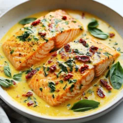Gather these simple ingredients to make your Creamy Sun-Dried Tomato Salmon. Each one adds a special touch to the dish. - 4 salmon fillets (6 oz each) - 1 cup heavy cream - 1/2 cup sun-dried tomatoes, finely chopped - 3 cloves garlic, minced - 1/2 cup spinach, chopped - 1 tablespoon olive oil - 1 teaspoon Italian seasoning - Salt and pepper to taste - Fresh basil leaves for garnish These ingredients work together to create a rich and tasty sauce. The sun-dried tomatoes bring a sweet and tangy flavor. The heavy cream gives it that luscious, creamy texture. Garlic adds warmth, while spinach adds color and nutrients. When you pick your salmon, look for vibrant color and a firm texture. Fresh ingredients make a big difference in taste. Trust me, this dish is a winner! {{ingredient_image_1}} Start by seasoning your salmon fillets. Use salt, pepper, and Italian seasoning. Make sure to sprinkle it on both sides. This step adds flavor to the fish. Next, heat olive oil in a large skillet over medium-high heat. Once hot, place the salmon fillets in the pan, skin-side down. Cook for about 4-5 minutes on each side. You want the salmon golden and cooked through. Once done, take the salmon out of the skillet and set it aside. Now, keep the skillet on medium heat. Add minced garlic and sauté for about 1 minute. This will make your kitchen smell amazing. After that, stir in the finely chopped sun-dried tomatoes. Cook them for about 2 minutes to blend the flavors. Pour in the heavy cream and mix it all well. Let the sauce come to a gentle simmer. Next, add the chopped spinach and stir until it wilts. This adds a nice color and nutrition to your dish. Finally, return the seared salmon to the skillet. Spoon the creamy sauce over the salmon. Let it simmer together for 2-3 minutes. This helps the flavors meld. When ready to serve, plate the salmon and drizzle more sauce on top. Garnish with fresh basil leaves for a pop of color. Enjoy your delicious meal! When picking salmon, look for bright color and firm texture. Fresh salmon should smell like the sea, not fishy. Choose wild-caught salmon if you can; it has better flavor and is healthier. For this recipe, you can use any cut, such as fillets or steaks. Each piece should weigh about six ounces. For a creamy sauce, use heavy cream. It makes the sauce thick and rich. Start by simmering the cream gently; this helps it blend well with other ingredients. If the sauce is too thick, add a splash of water or broth. If it's too thin, let it simmer longer to reduce. You want it to coat the back of a spoon. You can boost the flavor with fresh herbs. Basil, parsley, or dill work well with salmon. Add them at the end of cooking for bright flavors. You can also use lemon juice for a tangy touch, balancing the creaminess of the sauce. Don’t forget salt and pepper; they bring out all the flavors in this dish. Pro Tips Choose Fresh Salmon: Opt for fresh, high-quality salmon fillets for the best flavor and texture. Frozen salmon can also work, but ensure it’s properly thawed before cooking. Customize the Cream: Feel free to substitute heavy cream with half-and-half or a plant-based cream for a lighter version, but keep in mind it may alter the creaminess. Perfectly Sautéed Spinach: Add the spinach just before serving to keep it vibrant and packed with nutrients. Overcooking can make it lose its bright color and flavor. Flavor Boost with Cheese: Mix in some grated Parmesan or feta cheese into the creamy sauce for an extra layer of flavor. It complements the sun-dried tomatoes beautifully. {{image_2}} You can switch salmon for other fish. Try using tilapia or trout. Both options cook fast and taste great with the sauce. If you prefer meat, chicken breast works well too. Just adjust the cooking time to ensure it cooks through. For a plant-based choice, use firm tofu. Press it to remove water, and then cook it until golden. This makes a tasty, creamy dish too. While heavy cream gives a rich taste, you can try yogurt for a lighter option. Greek yogurt adds a tangy flavor and thick texture. If you want a dairy-free sauce, use coconut cream. It brings a unique taste that pairs well with sun-dried tomatoes. Cashew cream is another great choice. Blend soaked cashews with water until smooth, creating a creamy base that’s vegan-friendly. Adding veggies boosts flavor and nutrition. Spinach is a classic choice, but you can mix in kale or peas. Try bell peppers for a sweet crunch or mushrooms for an earthy taste. Serve with a side of pasta, rice, or fresh bread to soak up the sauce. A simple green salad with lemon dressing pairs perfectly. This adds freshness to your meal and balances the creaminess of the dish. After enjoying your creamy sun-dried tomato salmon, store leftovers in an airtight container. This keeps the salmon fresh for up to three days. Let the salmon cool down before placing it in the fridge. This helps maintain the flavor and texture. When you are ready to eat again, check that it smells good and looks fine. You can freeze salmon if you want to keep it longer. Wrap each salmon fillet tightly in plastic wrap. Then, place it in a freezer bag. Be sure to squeeze out all the air to avoid freezer burn. Your salmon can last up to three months in the freezer. When ready to use, let it thaw in the fridge overnight. To reheat your creamy sun-dried tomato salmon, place it in a skillet over low heat. Add a splash of cream or broth to keep it moist. Heat it gently for about five minutes, flipping halfway through. You want it warm but not overcooked. Avoid using the microwave, as it may dry out the fish. Yes, you can use fresh tomatoes. However, sun-dried tomatoes give a richer flavor. They are more concentrated. If you choose fresh, use about 2 cups, chopped. Cook them longer to soften. Several sides go great with this dish. Here are my top picks: - Steamed asparagus - Garlic mashed potatoes - Roasted vegetables - Quinoa salad These sides add color and texture to your meal. To make it dairy-free, swap heavy cream with coconut cream. You can also use almond milk or cashew cream. Use non-dairy cheese for added flavor. Adjust seasonings to suit your taste. Yes, you can make the sauce ahead. Cook it, then cool it down. Store it in the fridge for up to two days. When ready to use, heat it gently before adding the salmon. This blog post covered everything you need for Creamy Sun-Dried Tomato Salmon. You learned about the key ingredients, easy steps to cook, and helpful tips. We explored flavor variations to make this dish your own. Plus, we shared storage and reheating advice to enjoy leftovers. Overall, this salmon recipe is simple and delicious. You can create a tasty meal that impresses anyone. Now, it's your turn to try it out and enjoy!