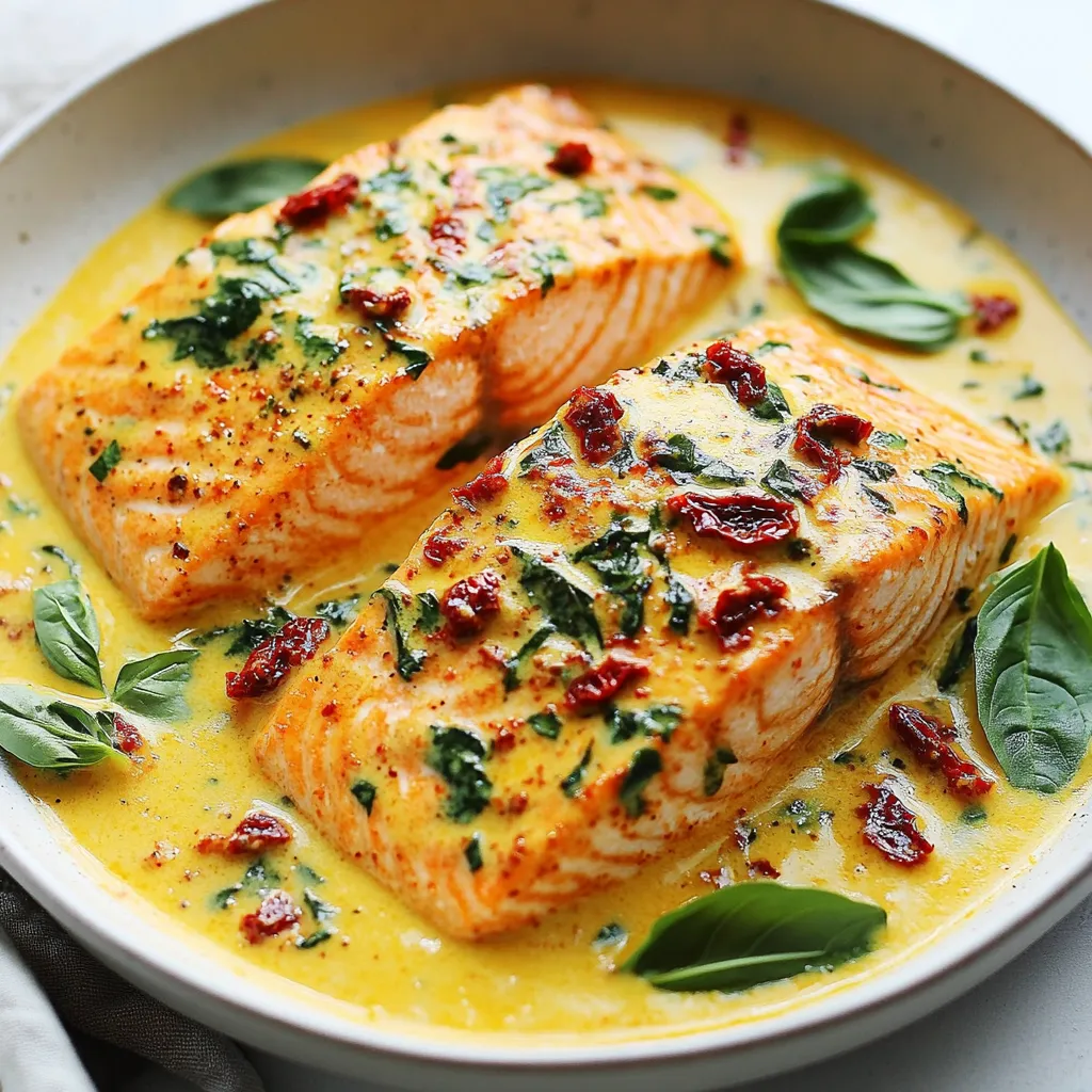 Gather these simple ingredients to make your Creamy Sun-Dried Tomato Salmon. Each one adds a special touch to the dish. - 4 salmon fillets (6 oz each) - 1 cup heavy cream - 1/2 cup sun-dried tomatoes, finely chopped - 3 cloves garlic, minced - 1/2 cup spinach, chopped - 1 tablespoon olive oil - 1 teaspoon Italian seasoning - Salt and pepper to taste - Fresh basil leaves for garnish These ingredients work together to create a rich and tasty sauce. The sun-dried tomatoes bring a sweet and tangy flavor. The heavy cream gives it that luscious, creamy texture. Garlic adds warmth, while spinach adds color and nutrients. When you pick your salmon, look for vibrant color and a firm texture. Fresh ingredients make a big difference in taste. Trust me, this dish is a winner! {{ingredient_image_1}} Start by seasoning your salmon fillets. Use salt, pepper, and Italian seasoning. Make sure to sprinkle it on both sides. This step adds flavor to the fish. Next, heat olive oil in a large skillet over medium-high heat. Once hot, place the salmon fillets in the pan, skin-side down. Cook for about 4-5 minutes on each side. You want the salmon golden and cooked through. Once done, take the salmon out of the skillet and set it aside. Now, keep the skillet on medium heat. Add minced garlic and sauté for about 1 minute. This will make your kitchen smell amazing. After that, stir in the finely chopped sun-dried tomatoes. Cook them for about 2 minutes to blend the flavors. Pour in the heavy cream and mix it all well. Let the sauce come to a gentle simmer. Next, add the chopped spinach and stir until it wilts. This adds a nice color and nutrition to your dish. Finally, return the seared salmon to the skillet. Spoon the creamy sauce over the salmon. Let it simmer together for 2-3 minutes. This helps the flavors meld. When ready to serve, plate the salmon and drizzle more sauce on top. Garnish with fresh basil leaves for a pop of color. Enjoy your delicious meal! When picking salmon, look for bright color and firm texture. Fresh salmon should smell like the sea, not fishy. Choose wild-caught salmon if you can; it has better flavor and is healthier. For this recipe, you can use any cut, such as fillets or steaks. Each piece should weigh about six ounces. For a creamy sauce, use heavy cream. It makes the sauce thick and rich. Start by simmering the cream gently; this helps it blend well with other ingredients. If the sauce is too thick, add a splash of water or broth. If it's too thin, let it simmer longer to reduce. You want it to coat the back of a spoon. You can boost the flavor with fresh herbs. Basil, parsley, or dill work well with salmon. Add them at the end of cooking for bright flavors. You can also use lemon juice for a tangy touch, balancing the creaminess of the sauce. Don’t forget salt and pepper; they bring out all the flavors in this dish. Pro Tips Choose Fresh Salmon: Opt for fresh, high-quality salmon fillets for the best flavor and texture. Frozen salmon can also work, but ensure it’s properly thawed before cooking. Customize the Cream: Feel free to substitute heavy cream with half-and-half or a plant-based cream for a lighter version, but keep in mind it may alter the creaminess. Perfectly Sautéed Spinach: Add the spinach just before serving to keep it vibrant and packed with nutrients. Overcooking can make it lose its bright color and flavor. Flavor Boost with Cheese: Mix in some grated Parmesan or feta cheese into the creamy sauce for an extra layer of flavor. It complements the sun-dried tomatoes beautifully. {{image_2}} You can switch salmon for other fish. Try using tilapia or trout. Both options cook fast and taste great with the sauce. If you prefer meat, chicken breast works well too. Just adjust the cooking time to ensure it cooks through. For a plant-based choice, use firm tofu. Press it to remove water, and then cook it until golden. This makes a tasty, creamy dish too. While heavy cream gives a rich taste, you can try yogurt for a lighter option. Greek yogurt adds a tangy flavor and thick texture. If you want a dairy-free sauce, use coconut cream. It brings a unique taste that pairs well with sun-dried tomatoes. Cashew cream is another great choice. Blend soaked cashews with water until smooth, creating a creamy base that’s vegan-friendly. Adding veggies boosts flavor and nutrition. Spinach is a classic choice, but you can mix in kale or peas. Try bell peppers for a sweet crunch or mushrooms for an earthy taste. Serve with a side of pasta, rice, or fresh bread to soak up the sauce. A simple green salad with lemon dressing pairs perfectly. This adds freshness to your meal and balances the creaminess of the dish. After enjoying your creamy sun-dried tomato salmon, store leftovers in an airtight container. This keeps the salmon fresh for up to three days. Let the salmon cool down before placing it in the fridge. This helps maintain the flavor and texture. When you are ready to eat again, check that it smells good and looks fine. You can freeze salmon if you want to keep it longer. Wrap each salmon fillet tightly in plastic wrap. Then, place it in a freezer bag. Be sure to squeeze out all the air to avoid freezer burn. Your salmon can last up to three months in the freezer. When ready to use, let it thaw in the fridge overnight. To reheat your creamy sun-dried tomato salmon, place it in a skillet over low heat. Add a splash of cream or broth to keep it moist. Heat it gently for about five minutes, flipping halfway through. You want it warm but not overcooked. Avoid using the microwave, as it may dry out the fish. Yes, you can use fresh tomatoes. However, sun-dried tomatoes give a richer flavor. They are more concentrated. If you choose fresh, use about 2 cups, chopped. Cook them longer to soften. Several sides go great with this dish. Here are my top picks: - Steamed asparagus - Garlic mashed potatoes - Roasted vegetables - Quinoa salad These sides add color and texture to your meal. To make it dairy-free, swap heavy cream with coconut cream. You can also use almond milk or cashew cream. Use non-dairy cheese for added flavor. Adjust seasonings to suit your taste. Yes, you can make the sauce ahead. Cook it, then cool it down. Store it in the fridge for up to two days. When ready to use, heat it gently before adding the salmon. This blog post covered everything you need for Creamy Sun-Dried Tomato Salmon. You learned about the key ingredients, easy steps to cook, and helpful tips. We explored flavor variations to make this dish your own. Plus, we shared storage and reheating advice to enjoy leftovers. Overall, this salmon recipe is simple and delicious. You can create a tasty meal that impresses anyone. Now, it's your turn to try it out and enjoy!